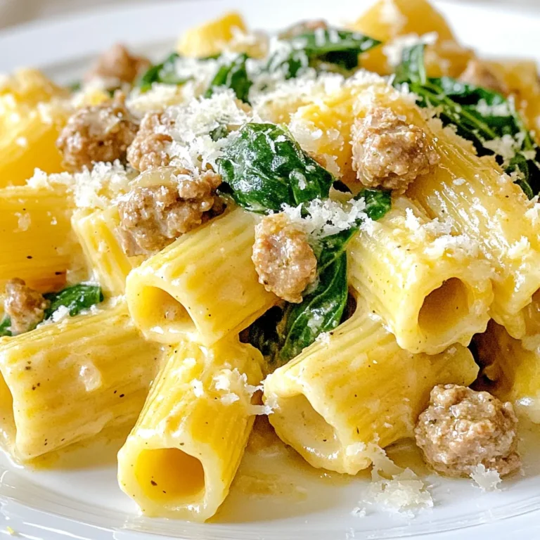 - 12 ounces rigatoni pasta - 1 pound Italian sausage (sweet or spicy, casings removed) - 1 tablespoon olive oil - 3 cloves garlic, minced - 1 cup heavy cream - 1 cup vegetable broth - 2 cups fresh spinach, roughly chopped - 1 cup grated Parmesan cheese - Salt and pepper to taste - 1 teaspoon red pepper flakes (optional) - Fresh basil for garnish Gathering the right ingredients is key for the creamy sausage rigatoni. First, choose 12 ounces of rigatoni pasta. This pasta shape holds the sauce well. Next, pick 1 pound of Italian sausage. You can go for sweet or spicy, depending on your taste. You will need 1 tablespoon of olive oil to cook the sausage. Then, grab 3 cloves of minced garlic for flavor. For the creamy texture, get 1 cup of heavy cream and 1 cup of vegetable broth. These two will make the sauce rich. Don’t forget 2 cups of fresh spinach. It adds color and nutrition. You will need 1 cup of grated Parmesan cheese. This cheese adds a nice salty taste. Lastly, season with salt, pepper, and red pepper flakes if you like a kick. Fresh basil makes a great garnish, giving your dish a bright finish. Now that you know what to gather, you can prepare for a delicious meal! {{ingredient_image_1}} 1. Start by boiling a large pot of salted water. 2. Once boiling, add 12 ounces of rigatoni. 3. Cook the rigatoni according to the package instructions until it's al dente. 4. Before draining, reserve 1 cup of pasta water. 5. Drain the rigatoni and set it aside for later. 1. In a large skillet, heat 1 tablespoon of olive oil over medium heat. 2. Crumble 1 pound of Italian sausage into the skillet. 3. Cook the sausage for about 5-7 minutes until brown and fully cooked. 4. Stir frequently to break the sausage into smaller pieces. 5. Next, add 3 cloves of minced garlic. 6. Sauté the garlic for 1 minute until it smells good, but do not let it burn. 7. Pour in 1 cup of heavy cream and 1 cup of vegetable broth. 8. Stir everything together and let it simmer for 3-5 minutes. 1. Add 2 cups of roughly chopped spinach to the skillet. 2. Cook the spinach for 2-3 minutes until it wilts. 3. Stir in 1 cup of grated Parmesan cheese until it melts and the sauce is creamy. 4. If the sauce feels too thick, add some reserved pasta water until it’s just right. 5. Toss the cooked rigatoni into the skillet with the creamy sauce. 6. Mix well to coat the pasta evenly. 7. Finally, season with salt, pepper, and red pepper flakes if you want a kick. 8. Serve right away, garnished with fresh basil for a lovely touch. To make your sauce creamy, you can try different cheese options. Parmesan cheese works well, but you can also use mozzarella or cream cheese for a different taste. Each cheese adds its own flavor and texture. If your sauce is too thick, add some reserved pasta water. Start with a small amount and stir it in. This helps reach your desired sauce thickness without losing creaminess. Different types of sausage can change the flavor of your dish. Sweet Italian sausage gives a mild taste, while spicy sausage adds a kick. You can also mix types to find your favorite blend. Incorporating herbs and spices can elevate the dish. Fresh basil adds a nice aroma and taste. You might also try oregano or thyme for added depth. Red pepper flakes can add heat if you like a spicy flavor. Pair your creamy sausage rigatoni with a fresh salad or garlic bread. A simple green salad with lemon dressing balances the richness of the dish. Garlic bread adds crunch and flavor. For wine, a light red like Pinot Noir complements the sausage well. If you prefer white, a Chardonnay can balance the creaminess. Choose a wine that suits your taste. Pro Tips Use Quality Sausage: Choose a high-quality Italian sausage for the best flavor. Fresh sausage will have a richer taste compared to pre-packaged options. Don’t Overcook the Pasta: Ensure the rigatoni is cooked al dente for the perfect texture. It will continue to cook slightly when mixed with the sauce. Adjust Creaminess: If the sauce is too thick, gradually add reserved pasta water until you achieve your desired consistency. Fresh Spinach Substitute: You can use kale or swiss chard instead of spinach for a different flavor and texture in your dish. {{image_2}} You can make this dish vegetarian by swapping out the sausage. Mushrooms or lentils work great here. - Mushrooms: Use about 8 ounces of chopped mushrooms. Brown them in olive oil until soft. - Lentils: Use 1 cup of cooked lentils. Stir them in with the garlic for flavor. Both options add a nice texture and taste while keeping the dish hearty. If you need a gluten-free meal, choose gluten-free pasta. Many brands offer great options that mimic the texture of regular pasta. - Look for brown rice or chickpea pasta. These varieties hold up well in sauces. - Cook according to package instructions, just like regular rigatoni. You won’t lose any of the delicious flavors with this swap. To make this dish dairy-free, you can use non-dairy milk and cheese substitutes. - Non-Dairy Milk: Almond milk or oat milk can replace heavy cream. Use about 1 cup. - Cheese Substitute: Nutritional yeast is a great option for a cheesy flavor. Use about ½ cup. These swaps keep the creamy texture while being friendly to dairy-free diets. To store leftovers, first cool the dish to room temperature. Place it in an airtight container. This method keeps your creamy sausage rigatoni fresh for up to three days in the fridge. When you want to enjoy it again, just remember to check for any signs of spoilage. If you want to freeze this dish, portion it into smaller containers. Let it cool completely first. Creamy sauces can separate when frozen, so add a little extra broth or cream before freezing. This helps maintain the creamy texture. You can freeze it for up to three months. Just label your containers with the date to keep track. When you’re ready to eat your frozen rigatoni, thaw it in the fridge overnight. Reheat it gently on the stove over low heat. Stir in a splash of broth or cream to revive the creamy sauce. If you prefer the microwave, use a microwave-safe dish. Heat in short bursts, stirring in between, until warm. Avoid high heat to keep the texture nice and creamy. This recipe takes about 40 minutes in total. You will spend around 10 minutes prepping the ingredients and 30 minutes cooking. The steps are quick and easy, so you won't be in the kitchen long! Yes, you can prepare this dish ahead of time. Cook the rigatoni and the sauce, but do not mix them yet. Store the pasta and sauce in separate containers in the fridge. You can keep them for up to 3 days. When you're ready to eat, simply reheat them and combine. If you need a substitute for heavy cream, you have options! Use half-and-half for a lighter sauce. You can also mix equal parts of milk and Greek yogurt for a creamy texture. Another choice is coconut milk, which adds a nice flavor. Each option will give you a tasty sauce! You now have a simple and tasty rigatoni dish recipe. We covered every aspect, from ingredients to cooking steps. You learned tips for creaminess and flavor enhancements. Plus, we explored variations for different diets. Remember, this dish can fit anyone's taste. Store leftovers properly to enjoy later. With these steps, you can make a meal that impresses. Now, get cooking and enjoy this delightful rigatoni!
