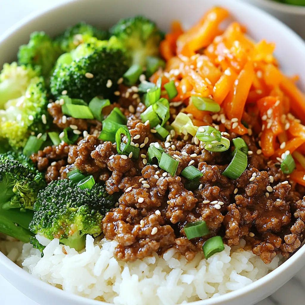 - 1 lb ground beef (or ground turkey) - 3 tablespoons soy sauce (low sodium) - 2 tablespoons brown sugar - 1 tablespoon sesame oil - 1 tablespoon fresh ginger, grated - 3 cloves garlic, minced - 1 teaspoon red pepper flakes (adjust to taste) - 1 cup cooked jasmine rice - 1 cup broccoli florets (steamed) - 1 carrot, julienned - 2 green onions, sliced - Sesame seeds for garnish - Optional: kimchi for serving You can swap ground beef for ground turkey for a leaner option. If you need a gluten-free version, use tamari instead of soy sauce. Brown sugar can be replaced with honey or coconut sugar. For a nutty flavor, try using avocado oil instead of sesame oil. If ginger is not available, use ground ginger but cut the amount in half. - Meat: Look for ground beef with a bright red color. Avoid any with brown spots. - Vegetables: Choose broccoli that is vibrant and firm. The florets should not be wilted. - Rice: Jasmine rice should smell fragrant. If it smells off, do not buy it. - Ginger and Garlic: Pick ginger that is firm and smooth. For garlic, choose bulbs with tight skin. - Green Onions: Look for ones with crisp green tops. Avoid any that are wilting or turning yellow. Using fresh ingredients makes your Korean Ground Beef Bowl taste amazing! {{ingredient_image_1}} Gather your ingredients first. This makes cooking easier and faster. You need: - 1 lb ground beef (or ground turkey) - 3 tablespoons low sodium soy sauce - 2 tablespoons brown sugar - 1 tablespoon sesame oil - 1 tablespoon fresh ginger, grated - 3 cloves garlic, minced - 1 teaspoon red pepper flakes (adjust to taste) - 1 cup cooked jasmine rice - 1 cup broccoli florets (steamed) - 1 carrot, julienned - 2 green onions, sliced - Sesame seeds for garnish - Optional: kimchi for serving 1. Heat the oil: In a large skillet, pour in the sesame oil. Heat it over medium-high heat. 2. Sauté the aromatics: Add the minced garlic and grated ginger. Cook for about 1 minute until you smell a nice aroma. 3. Cook the beef: Add the ground beef to the skillet. Break it up with a wooden spoon. Cook until it is browned, about 5 to 7 minutes. 4. Drain excess fat: If there is too much fat in the skillet, drain it. Then, lower the heat to medium. 5. Add sauces and spices: Stir in the soy sauce, brown sugar, and red pepper flakes. Let it simmer for 2 to 3 minutes. This helps the flavors mix well. 6. Steam the broccoli: While the beef simmers, steam the broccoli florets until they are bright green and tender. This takes about 3 to 4 minutes. In serving bowls, start with a scoop of jasmine rice. Then, add the cooked ground beef mixture on top. Next, place the steamed broccoli and julienned carrots on the side. Finally, garnish with sliced green onions and a sprinkle of sesame seeds. If you like spice, serve with kimchi on the side. Enjoy your Korean Ground Beef Bowl! To make your Korean ground beef bowl shine, focus on the seasoning. Use low-sodium soy sauce for a balanced taste. Brown sugar adds sweetness and depth. Adjust red pepper flakes to match your spice level. Mix these ingredients well to ensure every bite is flavorful. Taste as you go, and feel free to tweak the seasonings. The right blend creates a tasty dish. Meal prep can save you time. Cook the jasmine rice ahead of time. Store it in the fridge so it’s ready to go. You can also chop the broccoli and carrots in advance. Keep them in airtight containers. This way, you can whip up the meal quickly on busy nights. You can even prepare the beef mixture a day before. Just reheat it when you're ready to serve. Pair your Korean ground beef bowl with fresh sides. Steamed broccoli adds color and nutrition. You can also serve it with pickled vegetables for a nice crunch. Kimchi is a great spicy option if you like heat. For a refreshing drink, try iced green tea. These sides complement the flavors in your bowl and enhance the meal experience. Pro Tips Choosing the Meat: Ground beef is traditional, but ground turkey is a healthier alternative that still retains flavor. Flavor Adjustments: Feel free to adjust the amount of red pepper flakes based on your spice preference for a milder or spicier dish. Vegetable Variations: Substitute or add other vegetables like bell peppers or snap peas for extra nutrition and color. Meal Prep Friendly: This dish stores well in the fridge for up to 3 days, making it perfect for meal prepping! {{image_2}} You can easily make this dish meatless. Use 1 lb of lentils instead of beef. Cook the lentils until tender, about 20 minutes. Replace soy sauce with tamari for a gluten-free option. You can add tofu for more protein. Crumble extra-firm tofu into the pan with ginger and garlic. Let it brown for a few minutes. This gives a nice texture and flavor. To keep this dish gluten-free, use tamari instead of soy sauce. Tamari has a rich flavor and works well in many recipes. You can also use coconut aminos as an alternative. It is slightly sweeter but still delicious. Check labels on other ingredients, like sesame oil and red pepper flakes, to ensure they are gluten-free. Get creative with your toppings! Try adding sliced avocado for creaminess. You can also use pickled radishes for a zesty twist. For a crunch, sprinkle crispy fried onions on top. You might also swap jasmine rice for quinoa or cauliflower rice. These options add unique flavors and textures to your bowl. Don't be afraid to experiment! Store any leftover Korean ground beef in an airtight container. It stays fresh for about 3 to 4 days in the fridge. Always let the dish cool down before sealing it. This helps keep moisture in check. If you want to save it for later, freezing works well. Put the cooled beef in a freezer-safe container. It can last up to 3 months. Make sure to label it with the date. This way, you know when to use it. To reheat, you can use the microwave or stovetop. If using the microwave, heat it in short bursts to avoid drying it out. On the stovetop, warm it gently over low heat. Stir often to keep it moist. Add a splash of water or soy sauce if it seems dry. Enjoy your meal just like the first time! You can pair this dish with several tasty sides. Here are some ideas: - Steamed broccoli - Sliced cucumbers - Kimchi - Pickled radish - Edamame These sides add color and texture. Plus, they balance the rich flavor of the beef. Yes, you can switch the meat. Ground turkey works well. You might also try ground chicken. Just keep the cooking time similar for best results. The spice level depends on the red pepper flakes. If you like heat, use more flakes. For a milder taste, reduce the amount. You can also skip them if you prefer no spice. To boost flavor, consider these additions: - A splash of rice vinegar - A drizzle of hoisin sauce - Chopped fresh herbs like cilantro or basil These options can enhance the dish and give it a unique twist. In this blog post, we explored key ingredients for a Korean Ground Beef Bowl, including how to choose fresh options. I shared step-by-step cooking steps, serving ideas, and tips for seasoning. We discussed variations like vegetarian and gluten-free adaptations, plus storage and reheating tips. Lastly, I answered common questions about sides and spiciness. Embrace these ideas and make this dish your own. Cooking can be fun and easy with the right approach!