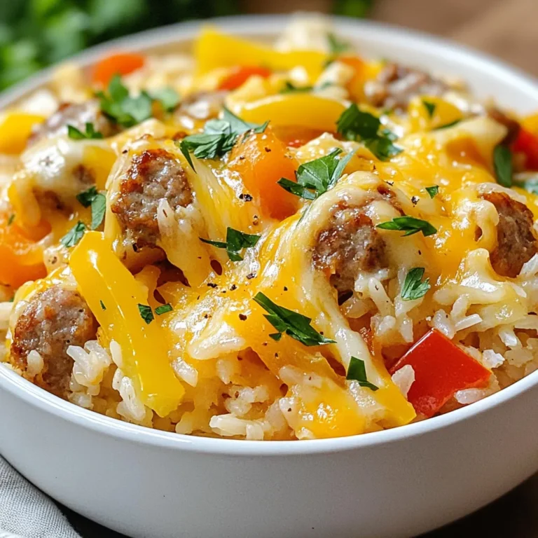 - 1 pound Italian sausage, casings removed - 1 cup long-grain rice - 2 cups chicken broth - 1 cup diced bell peppers (red, green, or yellow) - 1 cup onion, chopped - 1 teaspoon garlic powder - 1 teaspoon Italian seasoning - 2 cups shredded cheese (cheddar or a blend) - 2 tablespoons olive oil - Salt and pepper to taste The main ingredients in this dish bring together rich flavors and textures. The Italian sausage really adds heartiness to the meal. I love using long-grain rice because it cooks evenly and absorbs all the tasty broth. The bell peppers and onion provide a sweet crunch, while garlic powder and Italian seasoning create a warm flavor. You can’t forget the cheese! It melts into creamy goodness, making every bite delightful. Olive oil helps cook the veggies perfectly and adds a nice richness. Don't forget to season with salt and pepper to enhance all these flavors. - Variations in cheese types - Additional vegetables You can switch up the cheese for something different, like mozzarella or pepper jack. These options change the taste and texture of the dish. If you want more veggies, consider adding spinach or zucchini. These ingredients not only boost nutrition but also add more color. Feel free to get creative! {{ingredient_image_1}} 1. Heating ingredients in skillet Start by heating two tablespoons of olive oil in a large skillet over medium heat. This helps to get a nice base for your dish. 2. Cooking sausage until browned Add one pound of Italian sausage, breaking it apart with a spoon. Cook it for about 7 to 10 minutes. You want it browned and no longer pink. This step adds great flavor to your dish. 1. Toasting rice with sausage Once the sausage is browned, stir in one cup of long-grain rice. Mix it well with the sausage and let it cook for 2 to 3 minutes. This toasting step brings out the rice's nutty flavor. 2. Adding chicken broth and seasoning Next, pour in two cups of chicken broth. Season with salt and pepper to taste. Add one teaspoon of garlic powder and one teaspoon of Italian seasoning for extra flavor. Bring this mixture to a boil. 1. Simmering the dish After it boils, reduce the heat to low and cover the skillet. Let it simmer for 15 to 20 minutes. This allows the rice to absorb all the tasty liquid and become tender. 2. Mixing in cheese When the rice is cooked, remove the skillet from the heat. Stir in two cups of shredded cheese until it melts and becomes creamy. This makes your dish rich and delicious. Enjoy your Cheesy Sausage Rice Skillet! It’s an easy and tasty meal everyone will love. Achieving the right rice texture To get fluffy rice, rinse it before cooking. This removes excess starch. Use long-grain rice for a light and airy texture. Stir the rice gently while it toasts in the skillet. This helps it absorb flavors without getting mushy. Tips for sausage selection Use high-quality Italian sausage. Fresh sausage gives the best flavor. If you want a kick, try spicy sausage. For a milder dish, use sweet sausage. Always remove the casings for easy cooking and better blending with the rice. Creative plating ideas Serve the dish straight from the skillet for a cozy look. You can also scoop it into bowls. Top with extra cheese and fresh parsley for color. A sprinkle of red pepper flakes adds a pop of color and heat. Pairing with side dishes This dish pairs well with a fresh salad. A simple green salad with lemon dressing complements the flavors. Garlic bread or crusty rolls make a great side too. Consider a light vegetable side to balance the richness of the cheese. Pro Tips Use Fresh Ingredients: Always opt for fresh bell peppers and onions to enhance the flavor and texture of your dish. Cheese Choice Matters: Experiment with different cheese blends; mozzarella adds a stretchy quality while gouda gives a smoky flavor. Toast the Rice: Toasting the rice for a few minutes before adding the broth brings out a nutty flavor that elevates the dish. Garnish for Color: Fresh parsley not only adds a pop of color but also provides a fresh taste that balances the richness of the cheese and sausage. {{image_2}} You can easily swap the sausage type in this recipe. Try using chicken sausage or turkey sausage for a healthier choice. Each type brings its own unique flavor. For rice alternatives, use brown rice or quinoa. These options add more fiber and nutrients. Just remember, cooking times may change slightly with different grains. Spicy variations are fun to try! Add diced jalapeños or a dash of hot sauce for heat. You can also use spicy sausage to amp up the flavor. If you want a vegetarian option, try using black beans or lentils. Replace the sausage with mushrooms to keep that hearty feel. This way, you still enjoy a rich dish without meat. To keep your Cheesy Sausage Rice Skillet fresh, store it in an airtight container. You can also use plastic wrap or foil. Make sure it cools down before sealing. This helps avoid extra moisture inside. You can keep it in the fridge for up to 3 days. If you want to store it longer, freeze it for up to 2 months. When it’s time to enjoy your leftovers, you can use the microwave or stovetop. For the microwave, place a portion in a bowl. Add a splash of water to help it steam. Heat it in 30-second bursts until hot. For stovetop, warm it in a skillet over medium heat. Stir often to keep it from sticking. Add a little broth or water if it feels dry. This keeps the texture just right and creamy. Can I use instant rice instead? Yes, you can use instant rice. Just reduce the cooking time and follow package directions for water. Instant rice cooks much faster than long-grain rice. How do I make it more cheesy? To make it more cheesy, add more shredded cheese at the end. You can also mix different cheese types for extra flavor. Cream cheese or a cheese sauce can give it a creamy touch too. Can this be made in a slow cooker? Yes, you can make this dish in a slow cooker. Brown the sausage and veggies first. Then combine everything in the slow cooker with broth and cook on low for 4 hours. Can I add more vegetables? Yes, you can add more vegetables. Try adding spinach, zucchini, or corn. Just make sure to chop them small so they cook well in the skillet. Is this dish gluten-free? This dish is not gluten-free due to the rice. However, you can use gluten-free rice or quinoa as a substitute. Always check labels to ensure your products are gluten-free. Options for low-fat versions? For a low-fat version, use turkey sausage or chicken sausage. You can also reduce the cheese or use a low-fat cheese option. Substitute some broth for water to keep moisture without added fat. This blog covers a delicious dish using simple ingredients like sausage, rice, and cheese. You learned the steps to prepare, combine, and cook each element for the best flavor. I shared tips for perfecting texture and creative serving ideas too. Don’t shy away from experimenting with variations! Substitute ingredients or try new flavors. Whether you’re storing leftovers or reheating, keeping the taste and texture intact is key. Enjoy making this dish often, as it’s easy and satisfying.