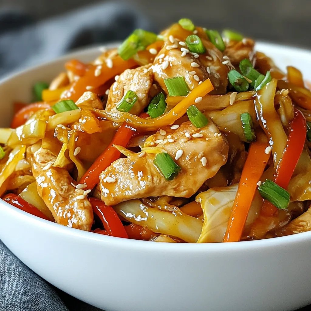For a delicious Chicken Cabbage Stir Fry, gather these key ingredients: - 1 lb (450g) boneless chicken breast, thinly sliced - 4 cups green cabbage, shredded - 1 red bell pepper, sliced - 1 carrot, julienned - 3 green onions, chopped - 4 cloves garlic, minced - 1 tablespoon fresh ginger, grated - 3 tablespoons soy sauce - 1 tablespoon sesame oil - 1 tablespoon olive oil - Salt and pepper to taste You can add some extra flair with these ingredients: - 1 teaspoon red pepper flakes (for heat) - Sesame seeds for garnish This stir fry is not just tasty; it’s healthy too! Here’s a quick look at the nutrition: - Calories per Serving: About 300 - Protein: 30g - Fat: 15g - Carbohydrates: 20g - Fiber: 5g This dish packs a punch in flavor and nutrition. Enjoy every bite while knowing you are fueling your body with good food! {{ingredient_image_1}} Start by slicing 1 pound of boneless chicken breast. Thin slices cook fast and stay tender. Season the chicken with salt, pepper, and half of the soy sauce. Mix well, then let it sit for about 10 to 15 minutes. This helps the chicken soak up the flavors. Next, heat a large skillet or wok over medium-high heat. Add 1 tablespoon of olive oil. Wait until the oil shimmers, then add the marinated chicken. Spread it out in a single layer. Cook for 5 to 7 minutes. Stir occasionally until the chicken turns golden brown and is cooked through. Once done, remove the chicken from the skillet and set it aside. In the same skillet, add 1 tablespoon of sesame oil. Then, toss in 4 cloves of minced garlic and 1 tablespoon of grated ginger. If you like a kick, add 1 teaspoon of red pepper flakes. Sauté these for about 30 seconds until fragrant. Now, add 4 cups of shredded cabbage, 1 sliced red bell pepper, and 1 julienned carrot. Stir fry for around 5 minutes. You want the cabbage to be tender yet still crisp. Finally, return the cooked chicken to the skillet. Add the rest of the soy sauce and mix well. Cook for an additional 2 to 3 minutes until everything is heated through. To cook chicken just right, start with thin slices. Use boneless chicken breast for the best texture. Season it with salt, pepper, and half of the soy sauce. Let it marinate for 10-15 minutes. This step adds great flavor. Heat olive oil in your skillet until it shines. Cook the chicken in a single layer. Stir it occasionally for even cooking. Aim for 5-7 minutes until it's golden brown. Using the right oil makes a difference. Olive oil works well for high heat. It has a good flavor and helps the chicken brown. Sesame oil adds a nice nutty taste. Use it to stir fry the garlic and ginger. Mix both oils for a richer flavor. Avoid oils with low smoke points. They can burn and spoil your dish. Feel free to adjust the flavors to your taste. If you like spice, add red pepper flakes. You can also try a splash of rice vinegar for tang. If soy sauce is too salty, use low-sodium soy sauce. Taste as you go. This way, you can find the perfect balance. Don't forget to add fresh green onions at the end. They bring a fresh crunch and flavor to the dish. Pro Tips Marinate for Extra Flavor: Allowing the chicken to marinate for at least 15 minutes helps to deepen the flavors and make the meat more tender. High Heat for Stir-Frying: Cooking on high heat ensures that the vegetables remain crisp and vibrant while the chicken cooks quickly without drying out. Use Fresh Ingredients: Whenever possible, opt for fresh ginger and garlic rather than powdered versions for a more aromatic and flavorful dish. Garnish for Presentation: A sprinkle of sesame seeds and additional green onions not only enhances the dish's appearance but also adds texture and flavor. {{image_2}} You can change this dish by adding more veggies. Try using broccoli, snap peas, or bell peppers. These options add color and crunch. You can also use bok choy or zucchini for a different taste. The key is to keep the veggies fresh and crisp. Mix and match according to your taste or what's in season. If you want a twist, swap the chicken for other proteins. Shrimp, tofu, or beef work well too. Thinner cuts of beef or firm tofu can absorb flavors nicely. Just adjust the cooking time based on your choice. Shrimp cooks fast, while beef may need a bit longer to get tender. Want to spice things up? Add more red pepper flakes for a kick. You can also use sriracha or chili paste to bring heat. If you prefer a milder dish, reduce the spices or leave them out. Balancing spice is all about personal taste. Start low and add more if you want it hotter. To keep your Chicken Cabbage Stir Fry fresh, place it in an airtight container. Make sure it cools to room temperature first. Then, seal it well and store it in the fridge. It will stay good for up to three days. If you want to save it longer, consider freezing it. When you are ready to eat the leftovers, you can reheat them easily. The best way is to use a skillet. Heat it over medium heat. Add a splash of water or oil to keep the meal moist. Stir often until warmed through. You can also use a microwave. Heat in short intervals, stirring in between, to avoid hot spots. Freezing Chicken Cabbage Stir Fry is a great option for meal prep. First, let it cool completely. Then, place it in a freezer-safe container. You can also use freezer bags to save space. Make sure to remove as much air as possible. It can stay in the freezer for up to three months. When you are ready to enjoy it, thaw it in the fridge overnight before reheating. Yes, you can use frozen chicken for this stir fry. Just remember to thaw it first. Thawing helps ensure even cooking. You can do this by placing it in the fridge overnight. If you're short on time, use the microwave's defrost setting. Once thawed, slice the chicken thinly before marinating. This way, it absorbs more flavor. If you need a soy sauce substitute, try using tamari. Tamari is often gluten-free and has a similar taste. You can also use coconut aminos, which is a great choice for a lighter flavor. For a homemade version, mix water with a bit of vinegar and salt. Adjust the amounts until you reach your desired flavor. Yes, this Chicken Cabbage Stir Fry can be gluten-free. Just ensure you use gluten-free soy sauce or tamari. The other ingredients, like chicken and veggies, are naturally gluten-free. Always check labels for any sauces or condiments you use. This way, you can enjoy a delicious meal without gluten concerns. In this blog post, we covered the essential ingredients needed for a great stir fry. I shared step-by-step instructions for preparing and cooking chicken, along with tips to make it perfect. Variations let you mix up flavors and proteins to fit your taste. Proper storage methods help keep your leftovers fresh. Remember, stir fry is quick, fun, and full of flavor. With these tips, you can enjoy this meal any day. Now, get cooking!
