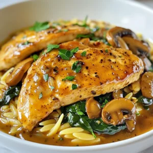 - 2 boneless, skinless chicken breasts - 1 cup orzo pasta - 1 medium onion, finely chopped - 3 cloves garlic, minced - 1 cup mushrooms, sliced (cremini or button) - 1 cup chicken broth - 1 tablespoon balsamic vinegar - 1 teaspoon dried thyme - 1 teaspoon paprika - 1 tablespoon olive oil - 1 cup baby spinach - Salt and pepper to taste - Fresh parsley, chopped (for garnish) To make Marsala Chicken Orzo, gather these tasty ingredients. The chicken gives a hearty flavor. Orzo pasta adds a nice texture. Choose fresh vegetables to boost nutrition and taste. I like using mushrooms and onions for depth of flavor. Seasonings are key to this dish. Dried thyme and paprika give warmth and aroma. Don't forget salt and pepper to enhance all the flavors. The broth brings moisture and richness. Balsamic vinegar adds a lovely acidity, balancing the dish. Finish with fresh spinach for color and nutrients. A sprinkle of parsley makes it pretty. Each ingredient plays a role in creating a delightful meal. So, gather them all and let&rsquo;s get cooking! {{ingredient_image_1}} Start by seasoning the chicken breasts. Use salt, pepper, paprika, and thyme. Make sure to coat both sides well. Next, heat olive oil in a large skillet over medium-high heat. Once hot, add the chicken. Cook for about 6-7 minutes on each side. You want them golden brown and cooked through. When done, take the chicken out and set it aside. In the same skillet, add your chopped onion. Saut&eacute; the onion for about 3-4 minutes. Wait until it turns translucent. After that, add minced garlic and sliced mushrooms. Cook these for another 3-4 minutes. You want the mushrooms to brown nicely. This will add great flavor to your dish. Now, it&rsquo;s time to add the orzo pasta. Stir it in and let it toast for about 1 minute. This gives the orzo a nice flavor. Next, pour in the chicken broth and balsamic vinegar. Bring this mixture to a gentle boil. Once boiling, reduce the heat to low, cover the skillet, and let it simmer. Cook for about 10-12 minutes. The orzo will absorb most of the liquid and become tender. While the orzo cooks, slice the cooked chicken into pieces. Once the orzo is ready, add the baby spinach. Stir until the spinach wilts. Then gently fold in the sliced chicken. Taste your dish and adjust the seasoning with extra salt and pepper. Serve hot and garnish with fresh parsley for a burst of color and flavor. To make Marsala chicken orzo, start with the right methods. Season your chicken well. Use salt, pepper, paprika, and thyme. This adds great flavor. Heat olive oil in a large skillet. Cook the chicken on medium-high heat. Aim for a golden brown crust. Remove the chicken before cooking the veggies. This keeps it juicy. For extra taste, consider adding more herbs. Fresh thyme works well. You can also use rosemary for a different twist. A splash of lemon juice brightens the dish. Try adding a pinch of red pepper flakes. This brings a nice kick to the orzo. Don't forget to taste and adjust the seasoning. One common mistake is overcooking the orzo. Keep an eye on it while it simmers. It should absorb most of the liquid but still be tender. Another mistake is not letting the chicken rest. Let it sit for a few minutes before slicing. This helps keep it moist. Lastly, don't skip the fresh parsley. It adds color and fresh flavor to the final dish. Pro Tips Perfectly Cooked Chicken: Ensure the chicken reaches an internal temperature of 165&deg;F for safety and optimal juiciness. Toasting Orzo: Toasting the orzo for a minute adds a nutty flavor that enhances the overall dish. Fresh Spinach Addition: Add the baby spinach at the end to keep its vibrant color and nutrients intact. Herb Variations: Experiment with fresh herbs like basil or oregano for a different flavor profile. {{image_2}} You can switch orzo for other pasta types. Try small shapes like ditalini or acini di pepe. These will work well with the sauce and chicken. You can even use whole wheat pasta for a healthier choice. The cooking time may change, so check the package. To make this dish vegetarian, skip the chicken. Use extra mushrooms, zucchini, or bell peppers instead. Add more veggies for flavor and texture. You can also use vegetable broth to keep it rich. This way, you still enjoy a hearty meal without meat. If you want other protein options, consider shrimp or tofu. Shrimp cooks quickly and adds a nice touch. Just saut&eacute; it until pink. For tofu, use firm or extra-firm. Cube it and add it with the veggies. Both options will make your dish just as satisfying. You can store Marsala Chicken Orzo in the fridge. Place it in an airtight container. It stays fresh for up to three days. Make sure to let it cool before sealing. This keeps the flavors intact and prevents sogginess. If you want to freeze it, use a freezer-safe container. Marsala Chicken Orzo can last for up to three months in the freezer. Just remember to label the container with the date. This helps you keep track of how long it&rsquo;s stored. To reheat, thaw it overnight in the fridge if frozen. You can use a microwave or a skillet. If using a microwave, heat it in 30-second bursts. Stir between each burst to heat evenly. If using a skillet, add a splash of broth to keep it moist. Heat over low until warm. Enjoy your meal again! You can pair Marsala Chicken Orzo with simple sides. A fresh green salad works well. You could also serve garlic bread for a hearty touch. Roasted vegetables add color and flavor. Try steamed broccoli or green beans for a healthy option. You can also enjoy it with a light white wine. To check if chicken is done, use a meat thermometer. The internal temperature should reach 165&deg;F. You can also cut into the chicken to check. The meat should be white with no pink inside. Juices should run clear, not red or pink. If you see any pink, cook it longer. Yes, you can use pre-cooked chicken for Marsala Chicken Orzo. This saves time and makes cooking easier. Just add the chicken when you mix in the spinach. Ensure the chicken is warmed before serving. This will keep your dish tasty and satisfying. In this article, we explored the rich ingredients and steps to make Marsala Chicken Orzo. We covered how to prepare the chicken, cook vegetables, and combine flavors for a delicious meal. You learned tips to enhance taste and avoid common mistakes. I also shared variations and storage info to help you make this dish your own. With these insights, you can create a comforting meal any day. I hope you try this recipe and enjoy every bite!
