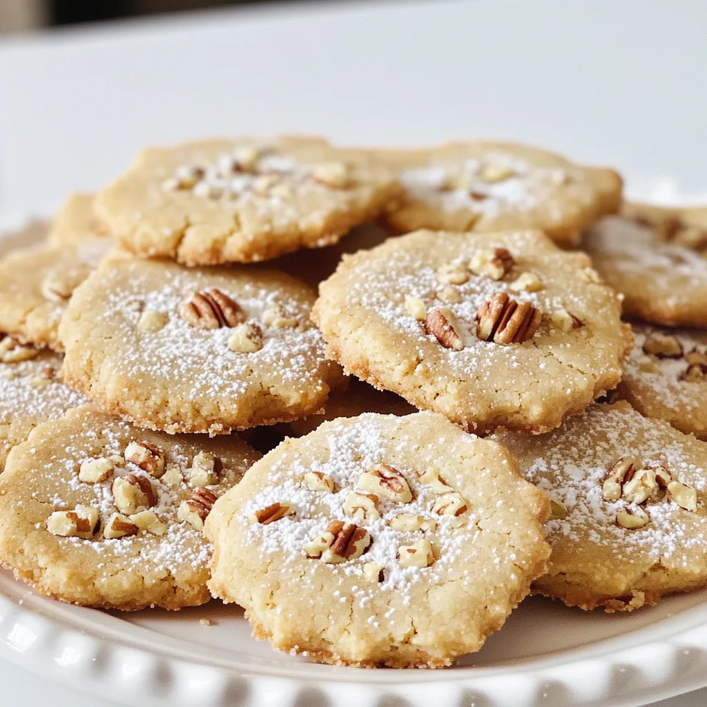 - 1 cup unsalted butter - 1 cup chopped pecans - 2 cups all-purpose flour - 1/2 cup powdered sugar - 1 teaspoon vanilla extract - 1/2 teaspoon salt - 1/4 teaspoon cinnamon (optional) - Extra powdered sugar for dusting You can swap all-purpose flour with gluten-free flour. Almond flour or rice flour works well. For vegan options, use plant-based butter. Make sure it's unsalted to keep the flavor right. These swaps let you enjoy the cookies without missing out! Start by melting the unsalted butter in a medium saucepan over medium heat. Stir it constantly. Watch closely as it changes color. After about 5-7 minutes, it will turn golden brown. You will smell a nutty aroma when it’s ready. This step adds a rich flavor to the shortbread. Next, take your chopped pecans. Heat a small skillet over low heat. Add the pecans and toast them for about 3-4 minutes. Keep stirring to prevent them from burning. You want them fragrant and slightly golden. This step enhances their flavor and crunch. In a large bowl, mix your dry ingredients. Whisk together the all-purpose flour, powdered sugar, salt, and cinnamon. Make sure they are well combined. Then, pour in the browned butter and add the vanilla extract. Stir until a dough forms. Finally, fold in the toasted pecans gently. Divide the dough into two portions. Shape each into a log about 2 inches in diameter. Wrap each log in plastic wrap. Chill them in the fridge for at least 1 hour. This step is key to firming up the dough, which helps with slicing later. Preheat your oven to 325°F (160°C). After the dough is firm, remove it from the fridge. Carefully slice each log into 1/4 inch thick rounds. Place the slices on a parchment-lined baking sheet. Make sure to space them out for even baking. Bake the cookies for 15-20 minutes. They should be lightly golden around the edges. Keep a close watch to avoid overbaking. The cookies will firm up as they cool, so don’t worry if they seem soft when you take them out. Once baked, let the cookies cool on the baking sheet for a few minutes. Then, transfer them to a wire rack to cool completely. Once cool, dust them with extra powdered sugar for a lovely finish. This adds sweetness and a beautiful look. To keep your shortbread soft, avoid overmixing the dough. Overmixing makes cookies tough. After adding the wet and dry ingredients, mix until just combined. Make sure your butter is at the right temperature. Use softened butter, not melted. If you find your dough too crumbly, add a teaspoon of cold water. This helps bind it together without making it sticky. Want to spice things up? You can add a pinch of nutmeg or ginger for a warm note. If you love chocolate, mix in some cocoa powder. You might also try adding orange zest for a fresh twist. Just be careful with strong flavors; a little goes a long way. Taste the dough before baking. This way, you can adjust flavors to your liking. One big mistake is not chilling the dough. Chilling firms up the dough, making it easier to slice. If you skip this step, your cookies may spread too much in the oven. Another pitfall is not measuring ingredients properly. Use a kitchen scale for accuracy. Also, keep an eye on the oven. Each oven is different, so check your cookies a few minutes before the time is up. This helps avoid overbaking and keeps them golden, not brown. {{image_2}} To make this recipe gluten-free, swap the all-purpose flour. Use a 1:1 gluten-free flour blend. These blends work well in baking. I recommend using one with xanthan gum. This helps mimic the texture of regular flour. Follow the same steps as before. You will still get that rich flavor and crumbly texture. Want to add a twist? Try dipping your shortbread in chocolate. Melt 1 cup of dark or milk chocolate. You can do this in a microwave or on a stovetop. Dip one end of each cookie into the melted chocolate. Let excess chocolate drip off. Place the dipped cookies on wax paper to cool. This adds a sweet and rich layer to your treat. If you need a nut-free option, you can still enjoy these cookies. Simply leave out the pecans. For added flavor, try using sunflower seeds instead. They give a nice crunch without the nuts. You can also add mini chocolate chips for extra sweetness. These small changes keep your cookies tasty and safe for everyone. To keep your shortbread fresh, store it in an airtight container. This helps lock in moisture and flavor. Use parchment paper to separate layers if stacking. Keep the container in a cool, dry place, away from sunlight. This practice ensures that your cookies stay crisp and tasty for days. If you want to freeze your shortbread, first let it cool completely. Wrap each log of dough tightly in plastic wrap. Then, place the wrapped logs in a freezer bag. Squeeze out as much air as you can before sealing. This method keeps the cookies fresh for up to three months. When ready to bake, let the dough thaw in the fridge overnight. Then slice and bake as directed. Brown Butter Pecan Shortbread stays fresh for about one week at room temperature. If stored properly in an airtight container, it can last for up to two weeks. If you freeze the cookies, they can last for three months. Enjoy them as a sweet treat anytime! Brown butter is simply butter cooked until it turns golden brown. This gives it a rich, nutty flavor. To make brown butter, melt unsalted butter in a saucepan over medium heat. Stir it often until it changes color and smells nutty. This process takes about 5 to 7 minutes. Brown butter adds depth to our pecan shortbread and enhances its taste. You can use margarine instead of butter, but the taste will change. Margarine lacks the same rich flavor as butter. If you choose margarine, pick one that is high in fat for a better texture. The cookies may not be as crispy, but they will still be tasty and enjoyable. To make the cookies vegan, replace the butter with vegan butter. You can find many brands that work well. For the powdered sugar, check that it is vegan-friendly. Most brands are, but some use bone char in the processing. Following these tips will keep your cookies plant-based and delicious. Yes, you can use different nuts in this recipe. Walnuts, almonds, or hazelnuts can work well. Each nut brings its own flavor, so pick one you love. Toasting any nuts you choose will enhance their taste. Just be careful not to burn them while toasting. This guide shared all you need for perfect Brown Butter Pecan Shortbread. You learned about key ingredients, options for substitutions, and the step-by-step process to make them. We also covered tips for texture and flavor, along with variations to try. Storing and freezing methods help keep your cookies fresh. Enjoy baking, share your cookies, and experiment with flavors. These cookies are an excellent treat for any occasion. Keep these tips in mind, and you'll impress everyone with your baking skills.