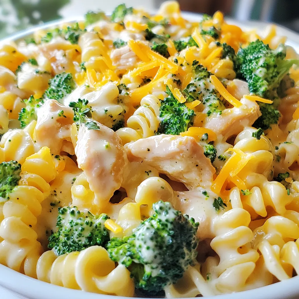 - 8 ounces fusilli pasta - 2 cups broccoli florets - 1 pound boneless, skinless chicken breasts, diced - 1 cup heavy cream - 1 cup shredded cheddar cheese - 1 tablespoon olive oil - 1 teaspoon garlic powder - 1 teaspoon onion powder - 1 tablespoon ranch seasoning mix - Salt and pepper to taste - Fresh parsley for garnish Gather these ingredients before you start cooking. The pasta gives this dish its base. Fusilli holds sauce well, making it perfect for creamy dishes. Broccoli adds color and nutrition. Chicken is the main protein. Heavy cream makes the sauce rich. Cheddar cheese brings flavor and creaminess. For seasoning, olive oil helps cook the chicken. Garlic and onion powders add depth to the taste. Ranch seasoning mix gives a fun flavor twist. Use fresh parsley for a bright finish. Make sure to have salt and pepper ready to adjust the taste. Once you have all these items, you're set for a great family dinner! {{ingredient_image_1}} - Bring a large pot of salted water to a boil. - Add 8 ounces of fusilli pasta. Cook according to package instructions until al dente. - In the last 3 minutes of cooking, add 2 cups of broccoli florets to the pot. - Drain the pasta and broccoli, then set aside. - Heat 1 tablespoon of olive oil in a large skillet over medium heat. - Add 1 pound of diced boneless, skinless chicken breasts to the skillet. - Season with 1 teaspoon of garlic powder, 1 teaspoon of onion powder, 1 tablespoon of ranch seasoning mix, salt, and pepper. - Cook the chicken for about 5 to 7 minutes. Stir occasionally until it's no longer pink. - Reduce the heat to low. Pour in 1 cup of heavy cream, stirring to mix. - Allow the cream to heat for about 2 minutes. - Gradually add 1 cup of shredded cheddar cheese, stirring until melted and creamy. - Add the drained pasta and broccoli to the skillet with the chicken and sauce. - Toss everything together until well coated in the creamy ranch sauce. - Adjust seasoning with extra salt and pepper if needed before serving. To cook pasta al dente, follow these steps: - Use a large pot with plenty of water. - Salt the water well; it helps flavor the pasta. - Check the cooking time on the package. - Taste a piece a minute before the time is up. To prevent pasta from sticking: - Stir the pasta during the first few minutes. - Do not rinse it after draining. - Toss it with a bit of oil if needed. For added flavor, consider these pantry staples: - Grated Parmesan cheese. - Crushed red pepper flakes for heat. - Fresh garlic for more depth. If you want to substitute ranch seasoning: - Use a mix of dried herbs like dill and parsley. - Try a blend of garlic powder and onion powder. - Add a splash of lemon juice for brightness. Garnishing with parsley adds color and freshness. - Chop fresh parsley finely and sprinkle on top. - Use a small amount for a clean look. For serving suggestions, pair the pasta with: - A simple green salad for crunch. - Garlic bread to soak up sauce. - Sliced fruit for a light dessert. Pro Tips Cook the Pasta al Dente: For the best texture, make sure to cook the fusilli pasta until just al dente. This ensures it remains firm and doesn't become mushy when combined with the creamy sauce. Season the Chicken Well: Don’t be shy with the seasoning! The ranch seasoning mix is great, but adding salt and pepper enhances the overall flavor of the chicken. Use Fresh Broccoli: For a vibrant color and crunch, opt for fresh broccoli florets instead of frozen. They add a nice texture contrast to the dish. Adjust the Creaminess: If you prefer a richer sauce, consider adding a bit more heavy cream or cheese. You can also use a mix of cream cheese and heavy cream for an extra creamy texture. {{image_2}} If you want to switch up the protein, there are great options. You can use turkey instead of chicken. Just dice it like you would the chicken. For a vegetarian option, try chickpeas or tofu. Both add protein and soak up the sauce well. To make this dish dairy-free, try using plant-based creams. Almond or coconut cream works great. You can also use vegan cheeses. They melt nicely and keep the dish creamy. To lighten it up, reduce the heavy cream by half. This keeps the flavor without all the calories. Adding more veggies is a fun way to change this dish. Try bell peppers, spinach, or even peas. They add color and nutrition. If you like heat, add some crushed red pepper flakes. This will give the dish a nice kick. Adjust the amount to how spicy you like it. Store your Ranch Chicken and Broccoli Pasta in an airtight container. This keeps it fresh for later. You can keep it in the fridge for up to three days. Make sure it cools down before sealing the container. For best taste, eat it within that time frame. To keep the pasta fresh, don't mix it with the sauce if you plan to store it. Keeping them separate helps the pasta stay firm. If you mix them, the pasta can soak up too much sauce and become mushy. When you want to reheat your pasta, use the microwave or stovetop. If using the microwave, put a damp paper towel over the dish. This keeps moisture in and heats it evenly. Heat in short bursts, stirring often. If reheating on the stove, add a splash of milk or cream. This helps to loosen the sauce. Stir gently to avoid the sauce separating from the pasta. Heat it until hot but not boiling. To freeze your dish, let it cool completely. Then, place it in a freezer-safe container. You can also use freezer bags for easy storage. Press out as much air as you can before sealing. For the best thawing, place it in the fridge overnight. This keeps the texture nice. If you need it fast, you can also thaw in the microwave. Just be careful to stir often to prevent hot spots. You can tell if the chicken is cooked by checking its color and texture. The chicken should be white or light brown, with no pink inside. The juices should run clear when you cut into it. You can also use a meat thermometer. The safe internal temperature for chicken is 165°F. Yes, you can prep the ingredients ahead of time. Cook the pasta and broccoli, then store them in the fridge. You can also cook the chicken in advance. Keep the chicken in an airtight container. When you are ready to cook, mix everything together and heat it up. If you don’t have ranch seasoning, you can use other blends. Try Italian seasoning for a fresh taste. You can mix garlic powder, onion powder, and dried herbs for a similar flavor. Another option is to use taco seasoning for a fun twist. You can make this dish healthier by using whole wheat pasta. It adds fiber and nutrients. Consider using less cream or a lighter version. You can also add more vegetables, like bell peppers or spinach, to boost the nutrients. This recipe gives you a tasty dish with fusilli, broccoli, and chicken. You now know how to cook the pasta, prepare the chicken, and make a creamy sauce. Keep your dish flavorful and fresh with our tips. Don’t hesitate to try variations to suit your taste. Remember, you can use different proteins and cheeses. Storing the leftovers will keep your meal ready for later. Enjoy your cooking journey and impress your family with this easy recipe!