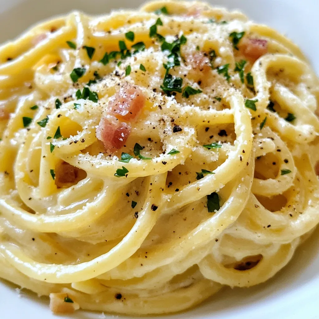 To make a rich and creamy spaghetti carbonara, you need just a few key ingredients: - 12 oz spaghetti - 4 large eggs - 1 cup grated Pecorino Romano cheese - 4 oz pancetta, diced - 2 cloves garlic, minced - Freshly cracked black pepper, to taste - Salt, for pasta water - Fresh parsley, chopped (for garnish) Each ingredient plays a vital role in achieving that classic carbonara flavor. The spaghetti serves as the base, while the eggs and cheese create a creamy sauce. Pancetta adds a savory bite, and garlic gives it a nice kick. Pecorino Romano is the traditional choice for carbonara. It has a sharp flavor that enhances the dish. If you cannot find Pecorino, Parmigiano-Reggiano works well too. It’s milder but still adds a rich taste. Some people even mix both cheeses for a unique flavor profile. To whip up this dish, you will need some basic tools: - Large pot for boiling pasta - Colander for draining spaghetti - Large mixing bowl for the egg mixture - Skillet for cooking pancetta and garlic - Whisk for blending eggs and cheese Having the right tools makes cooking easier and more enjoyable. With these items on hand, you will create a delicious spaghetti carbonara in no time. {{ingredient_image_1}} Start by filling a large pot with water. Add a good amount of salt. Bring the water to a boil. Once boiling, add 12 ounces of spaghetti. Cook it according to the package instructions until it is al dente. This usually takes about 8 to 10 minutes. Before draining, reserve 1 cup of the pasta water. Then, drain the spaghetti in a colander. While the pasta cooks, heat a large skillet over medium heat. Add 4 ounces of diced pancetta to the skillet. Cook it until crispy, which takes about 4 to 5 minutes. The pancetta will give your dish a nice flavor. Next, add 2 minced cloves of garlic to the skillet. Cook the garlic for 1 more minute until it smells great. Be careful not to burn it. Once done, remove the skillet from the heat and set it aside. In a large bowl, crack 4 large eggs. Add 1 cup of grated Pecorino Romano cheese and a good amount of freshly cracked black pepper. Whisk everything together until it is smooth and well mixed. After that, combine the hot spaghetti with the pancetta and garlic in the skillet. Toss them together quickly. This will let the heat from the pasta warm everything up. Now, pour the egg and cheese mixture into the skillet. Toss continuously to make a creamy sauce. The heat will cook the eggs just enough without scrambling them. If the sauce is too thick, add a bit of the reserved pasta water until it reaches your desired creaminess. Taste and add more black pepper if you want. Serve your carbonara right away, garnished with chopped parsley and extra cheese if you like. Enjoy! To make a creamy sauce, mix the eggs and cheese well. Use fresh Pecorino Romano for the best taste. Add black pepper for flavor. When you mix in the egg mixture, do it slowly. Toss the pasta quickly to coat it evenly. If the sauce is too thick, add a bit of pasta water. This helps it become smooth and creamy. Always salt the water well before boiling. This makes the pasta taste great. Cook spaghetti until al dente, which means firm but tender. Remember to reserve some pasta water before draining. The starchy water is key for your sauce. It helps bind everything together and adds flavor. To avoid scrambled eggs, remove the pan from heat first. The residual heat will cook the eggs gently. Pour the egg mixture quickly while tossing the pasta. This keeps the eggs from cooking too fast. If you notice any scrambling, stir in a bit of pasta water to fix it. Pro Tips Use Room Temperature Eggs: Ensuring your eggs are at room temperature helps them incorporate more smoothly into the pasta, creating a creamier sauce. Perfect Pasta Water: The water used for cooking the spaghetti should be salted sufficiently; it should taste like the sea to enhance the overall flavor of the dish. Don't Overcook the Pancetta: Cook the pancetta until crispy, but avoid overcooking it to maintain its texture and flavor balance in the dish. Adjust Creaminess Gradually: When adding reserved pasta water, do it slowly to control the sauce's thickness and ensure it remains velvety. {{image_2}} To make a vegetarian carbonara, you can swap out the pancetta. Use smoked tempeh or mushrooms for a rich flavor. They give a nice umami taste, similar to pancetta. You can also add roasted zucchini or asparagus for extra veggies. They add color and nutrients without losing the carbonara feel. If you need gluten-free pasta, there are many good choices. Look for gluten-free spaghetti made from rice or corn. These options cook well and taste great. Just follow the package instructions to get the right texture. Always check for gluten-free certification to ensure it fits your needs. You can switch the pancetta with other meats too. Bacon works well, giving a smoky flavor. Guanciale is traditional, but it’s not always easy to find. You can also try turkey bacon for a lighter option. Each meat adds a unique twist to the classic dish. To store leftover carbonara, place it in an airtight container. Make sure it cools down first. This helps keep the flavors intact. You can store it in the fridge for up to three days. If you want to keep it longer, freeze it. Use a freezer-safe container to prevent freezer burn. Leftovers can last in the freezer for about a month. Reheating carbonara can be tricky. You want to keep it creamy, not dry. The best method is to use the stove. Heat a non-stick skillet over low heat. Add a splash of reserved pasta water to help it get creamy again. Stir gently as it warms. If using a microwave, add a bit of water, cover it, and heat in short bursts. Stir well between each burst to keep it smooth. Meal prepping carbonara is simple and fun. Cook the spaghetti and pancetta ahead of time. Store them separately in the fridge. When you’re ready to eat, mix them with the egg and cheese sauce. This way, you can enjoy fresh carbonara anytime. You can also pack single servings in containers. It makes a quick lunch or dinner on busy days. Carbonara comes from Italy, specifically Rome. The dish uses simple ingredients. It combines eggs, cheese, and pancetta. Many believe it started with coal miners. They needed a quick, filling meal. The dish became popular in the 20th century. It is now loved worldwide. Each cook brings their own twist to it. Yes, you can use different cheese in Carbonara. Pecorino Romano is traditional but not the only choice. Parmesan cheese is a great substitute. It adds a nice, nutty flavor. You can mix cheeses for a unique taste. Just keep the cheese grated for easy mixing. Making Carbonara ahead can be tricky. The sauce may become thick if left too long. Cook the pasta and pancetta first. Mix the egg and cheese separately. Combine them just before serving. This way, the sauce stays creamy and fresh. You can also store the cooked pasta in the fridge. Just add the sauce when ready to eat. In this blog post, we explored the ingredients and steps to make classic spaghetti Carbonara. You learned about key ingredients, tools, and tips for cooking pasta. I shared variations for different diets and how to store leftovers effectively. Remember, making Carbonara is simple and fun. With practice, you’ll master the creamy sauce and avoid scrambled eggs. Enjoy experimenting with new variations. Each bite of your Carbonara can bring comfort and joy. Cook with passion, and share your tasty dishes with friends and family. Happy cooking!