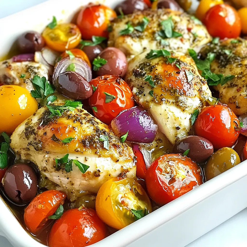 To create a tasty Mediterranean Chicken Bake, gather these ingredients: - 4 boneless, skinless chicken breasts - 1 cup cherry tomatoes, halved - 1 bell pepper (red or yellow), diced - 1 medium red onion, sliced - 1 cup Kalamata olives, pitted and halved - 2 cloves garlic, minced - 1 tablespoon dried oregano - 1 teaspoon paprika - 1/4 cup olive oil - Salt and pepper to taste - Fresh parsley, chopped (for garnish) - 1 lemon, zested and juiced You can add more flavor with these optional ingredients: - Feta cheese for a tangy twist - Artichoke hearts for a briny kick - Spinach for added greens - A pinch of red pepper flakes for heat If you need swaps, try these substitutions: - Chicken thighs instead of breasts for more moisture - Grape tomatoes if cherry tomatoes are not available - Green bell pepper for a milder taste - Black olives if you can't find Kalamata olives - Fresh herbs like thyme or basil instead of oregano {{ingredient_image_1}} First, set your oven to 400°F (200°C). This temperature gives the chicken a nice cook. Next, grab a 9x13 inch baking dish and lightly grease it. You can use olive oil or cooking spray. This step helps prevent sticking and makes cleanup easy. In a large bowl, add your cherry tomatoes, diced bell pepper, sliced onion, and Kalamata olives. It’s a colorful mix! In a small bowl, whisk together the olive oil, minced garlic, dried oregano, paprika, lemon zest, and lemon juice. This blend adds great flavor. Don’t forget to season with salt and pepper to your taste. Pour half of this mixture over the chicken in the baking dish, making sure to coat each piece well. Spoon the vegetable mix around and on top of the chicken. Drizzle the rest of the olive oil mixture over everything to enhance the flavor. Cover your baking dish with aluminum foil. This helps the chicken cook evenly. Bake for 25 minutes. After that, remove the foil and bake for another 15-20 minutes. Check that the chicken reaches 165°F (75°C). The vegetables should also be tender. Once done, let the dish rest for a few minutes. Finally, sprinkle fresh parsley on top for a lovely finish. Your Mediterranean Chicken Bake is ready to enjoy! To cook chicken perfectly, start with room temperature meat. Cold chicken cooks unevenly. Always season well. Use salt and pepper to enhance the flavor. When cooking, use a meat thermometer. Aim for an internal temperature of 165°F. This ensures the chicken is safe to eat and juicy. Let it rest for a few minutes after baking. This helps the juices redistribute, keeping it moist. Cut your vegetables into even pieces. This helps them cook at the same rate. Use a mix of colors for a vibrant dish. Toss them in olive oil and seasoning. This adds flavor and helps with browning. Bake them in a hot oven, about 400°F. The high heat caramelizes the sugars, giving a sweet flavor. Stir halfway through for even cooking. Look for tender veggies with a slight char. To boost flavor, add fresh herbs like basil or thyme. Lemon zest brightens the dish and adds freshness. You can also try different olives for unique tastes. Consider adding a sprinkle of feta cheese for creaminess. For a spicy kick, mix in red pepper flakes. Experiment with these ideas to find your favorite combination! Pro Tips Marinate for Flavor: For an extra boost of flavor, marinate the chicken breasts in the olive oil mixture for at least 30 minutes or up to overnight in the refrigerator. Vegetable Variations: Feel free to mix and match your vegetables! Zucchini, eggplant, or even artichokes would make great additions to this dish. Serve with Sides: Pair the Mediterranean Chicken Bake with a side of crusty bread or a fresh green salad to round out the meal. Leftovers Storage: Store any leftovers in an airtight container in the refrigerator for up to 3 days. This dish also reheats well in the oven or microwave. {{image_2}} You can add feta cheese to your Mediterranean Chicken Bake for a salty touch. Just sprinkle crumbled feta on top before baking. It melts nicely and adds creaminess. Feta pairs well with the olives and tomatoes, boosting flavor. This twist makes the dish even more delicious. If you want a low-carb option, swap bell peppers for zucchini. Slice zucchini into rounds and add them to the mix. They cook well and soak up all the tasty juices. This change keeps the dish light and healthy, while still being full of flavor. To spice things up, add red pepper flakes or diced jalapeños. This will bring some heat to your Mediterranean Chicken Bake. Mix them into the olive oil blend or sprinkle on top before baking. You can control the spice level to fit your taste. This variation will keep your meal exciting and new. To keep your Mediterranean Chicken Bake fresh, let it cool first. Place leftovers in an airtight container. This helps keep moisture in and flavors strong. Store it in the fridge for up to three days. If you need to store it longer, freezing is a great option. When you’re ready to enjoy leftovers, preheat your oven to 350°F (175°C). Place the chicken bake in an oven-safe dish. Cover it with foil to keep it from drying out. Heat for about 20 minutes or until it’s hot throughout. This method keeps the chicken juicy and the veggies tender. You can also reheat it in the microwave, but the oven gives better taste. To freeze, wrap the dish tightly in plastic wrap or foil. You can also use a freezer-safe container. It stays good for up to three months. When you're ready to eat it, thaw it overnight in the fridge. Then, reheat using the oven method for best results. Enjoy the flavors even after a few months! Mediterranean Chicken Bake stays good in the fridge for about three to four days. Make sure to store it in an airtight container. This keeps it fresh and safe to eat. It's a tasty meal to enjoy later. Just reheat it before serving. Yes, you can use bone-in chicken pieces. Just remember that cooking time will change. Bone-in chicken takes longer to cook than boneless. You should bake it for about 40 to 50 minutes. Always check that it reaches 165°F (75°C) inside. You can serve Mediterranean Chicken Bake with many sides. Some great options include: - Couscous - Quinoa - Rice - A simple green salad These pair well with the flavors in the dish and make a complete meal. Enjoy your cooking! You learned how to make a tasty Mediterranean Chicken Bake. We covered key ingredients, step-by-step instructions, and tips for perfecting your dish. Don't forget the fun variations, like adding feta or trying low-carb options. Proper storage ensures your leftovers stay fresh and delicious. With these insights, you can impress your family and friends at dinner. Enjoy cooking and experimenting with this lovely meal in your kitchen!