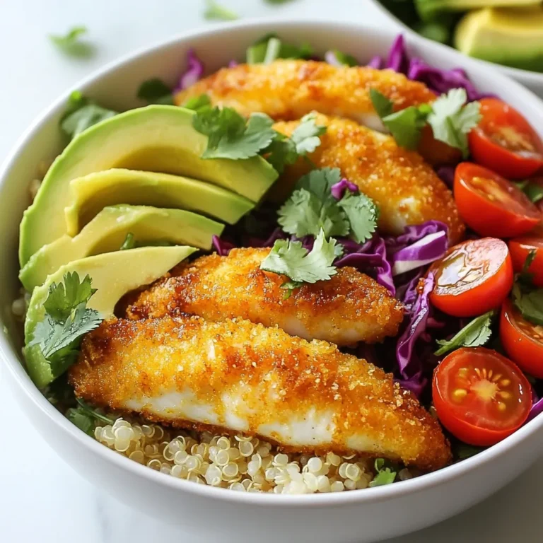 - 1 lb white fish fillets (cod or tilapia) - 1 cup breadcrumbs - 1/2 cup cornmeal - 1 teaspoon paprika - 1 teaspoon cumin - 1/2 teaspoon garlic powder - 1/2 teaspoon salt - 1/4 teaspoon black pepper - 2 tablespoons olive oil (for frying) - 1 avocado, sliced - 1 cup red cabbage, shredded - 1/2 cup cherry tomatoes, halved - 1 lime, juiced - Fresh cilantro for garnish - Optional toppings: sour cream, salsa, or hot sauce To create my crispy fish taco bowls, I start by choosing the right fish. Cod or tilapia works best due to their mild taste. I take one pound of fish fillets and cut them into bite-sized pieces. This makes them perfect for tacos. Next, I prepare the coating. I mix one cup of breadcrumbs with half a cup of cornmeal. I add one teaspoon each of paprika and cumin for flavor. These spices give the fish a tasty, warm kick. I also toss in half a teaspoon of garlic powder, half a teaspoon of salt, and a quarter teaspoon of black pepper. This mix enhances the fish's taste. I heat two tablespoons of olive oil in a skillet. The oil needs to be hot before I add the fish. I fry the fish pieces for three to four minutes on each side. They should turn golden brown and crispy. Once done, I place them on a paper towel to absorb extra oil. For toppings, I slice one ripe avocado, shred one cup of red cabbage, and halve half a cup of cherry tomatoes. I squeeze fresh lime juice over the bowl for brightness. Fresh cilantro adds a nice touch. I sometimes include optional toppings like sour cream, salsa, or hot sauce for extra flavor. These ingredients come together to form a delightful dish. Each bite offers crispy fish, fresh veggies, and zesty lime. It is simple yet full of flavor. {{ingredient_image_1}} - Preheat your oven to 375°F (190°C). - Pat the fish fillets dry and cut into bite-sized pieces. First, make sure your oven is hot. This will help the fish cook well. Drying the fish helps the coating stick better. Cutting it into small pieces makes it easy to eat. - Combine breadcrumbs, cornmeal, and spices in a large bowl. - Dip and coat each fish piece in the mixture. In a large bowl, mix breadcrumbs, cornmeal, paprika, cumin, garlic powder, salt, and black pepper. This mix gives great flavor. Now, take each fish piece and dip it in the mix. Press it gently to coat well. - Heat olive oil in a skillet and fry fish pieces until golden brown. - Drain on a paper towel-lined plate. Next, heat olive oil in a skillet over medium-high heat. Once it's hot, add the fish pieces. Fry them for about 3-4 minutes on each side. They should turn a nice golden brown. After frying, place them on a paper towel to drain excess oil. - Start with a base of cooked brown rice or quinoa. - Top with crispy fish, avocado, cabbage, and tomatoes. Now, take a serving bowl and add a base of cooked brown rice or quinoa. This will be the hearty part of your bowl. Next, place the crispy fish on top. Then, add slices of avocado, shredded cabbage, and halved cherry tomatoes. - Squeeze lime juice over the bowl. - Garnish and serve immediately. Finally, squeeze fresh lime juice over your bowl. This adds a zesty kick. You can also garnish with cilantro for extra flavor. Serve it right away for the best taste! To get that perfect crispy fish, start with dry fish. Pat it with paper towels to remove moisture. This helps the coating stick well. For frying, heat olive oil until it's hot but not smoking. This will give your fish a golden crust. Fry fish in a single layer. This way, they cook evenly. Cook for 3-4 minutes on each side. Watch closely to avoid burning. If the fish is thick, check for doneness with a fork. The fish should flake easily. If you can't find cod or tilapia, try other white fish. Options like haddock or pollock work well too. For a gluten-free version, use crushed cornflakes instead of breadcrumbs. Almond flour can also be a good substitute. You can even coat the fish in cornmeal alone for a different texture. Making your dish look good is easy! Start with a colorful base of brown rice or quinoa. Layer the crispy fish on top. Add bright red cabbage and yellow cherry tomatoes. Sliced avocado adds a nice creamy touch. For a final pop, sprinkle fresh cilantro on top. A wedge of lime on the side brightens the plate. Consider using vibrant bowls to make it even more appealing. Pro Tips Choose Fresh Fish: Always opt for the freshest fish available for the best flavor and texture. Look for clear eyes and a fresh smell when selecting your fillets. Perfectly Crispy Coating: For an extra crispy texture, let the coated fish pieces rest for about 10 minutes before frying. This helps the coating adhere better during cooking. Customize Your Toppings: Feel free to experiment with different toppings like diced mango, pickled onions, or jalapeños for an added burst of flavor and color to your bowls. Meal Prep Friendly: These bowls can be prepped in advance! Store the fried fish and toppings separately in the fridge, and assemble just before serving for a quick meal. {{image_2}} You can switch up the protein in your taco bowl. Shrimp cooks quickly and has a sweet flavor. Simply season and fry them like the fish. Chicken also works well. Grill or fry it until golden. For a vegetarian option, try grilled vegetables. Bell peppers, zucchini, and onions add great taste. Tofu is another tasty choice. Marinate it, then grill or fry for a nice texture. Spices can change the whole dish. Add chili powder for heat or smoked paprika for depth. A marinade with lime and garlic will give fish a fresh twist. For a fruity touch, use salsas. Mango or pineapple salsa brings sweetness and freshness. They balance the crispy fish perfectly. Think beyond rice! Quinoa offers a nutty flavor and more protein. Cauliflower rice is a low-carb choice. You can also add beans like black beans or pinto beans. Lentils are great for extra protein and fiber. Mix and match to suit your taste! To keep your crispy fish taco bowls fresh, store leftovers in the fridge. Place the fish, rice or quinoa, and toppings in separate containers. Use airtight containers to prevent moisture loss. This helps keep everything tasty and crisp. Recommended storage containers include glass or BPA-free plastic. They seal well and help maintain flavor. Avoid using aluminum foil as it does not seal properly. To reheat the fish and keep it crispy, use an oven or air fryer. Preheat the oven to 375°F (190°C). Place the fish on a baking sheet and heat for about 8-10 minutes. If using an air fryer, set it to 350°F (175°C) and heat for 5-7 minutes. Avoid microwaving the fish as it can make it soggy. For rice or quinoa, add a splash of water and heat in the microwave. Cover with a damp paper towel to keep moisture in. You can freeze the crispy fish, but do it safely. Place the fish in freezer-safe bags. Remove as much air as possible before sealing. This helps prevent freezer burn. As for the bowls, it’s best to freeze components separately. Freeze the fish, rice or quinoa, and toppings in their own bags. This way, you can reheat them without losing texture or flavor. Yes, you can use frozen fish for crispy fish taco bowls. Just make sure to thaw it first. Place the frozen fish in the fridge overnight or use the microwave for quick thawing. Fresh fish offers a better texture and flavor, but frozen works well too. If you use frozen fish, cook it until it reaches 145°F. This ensures it is safe to eat. Crispy fish taco bowls are tasty on their own, but sides enhance the meal. Here are some great options: - Black beans: They add protein and fiber. - Corn salad: Sweet corn complements the fish's flavor. - Cilantro lime rice: This adds a fresh touch. - Guacamole: Creamy and delicious, it pairs perfectly. A serving of crispy fish taco bowls has about 500-600 calories. This depends on your toppings and sides. The fish, rice, and toppings add flavor and nutrients. If you're mindful of calories, use less oil and skip heavy toppings. Yes, you can prepare some ingredients in advance. Cook the rice or quinoa and store it in the fridge. Also, chop veggies like cabbage and tomatoes ahead of time. However, fry the fish just before serving to keep it crispy. This ensures you enjoy the best flavors and textures. This blog post explored crafting delicious crispy fish taco bowls. We covered essential ingredients like fish, spices, and garnishes. You learned step-by-step instructions, from preparing the fish to adding toppings. I shared tips on cooking techniques and storage for leftovers. These bowls are customizable with various proteins and bases. You can enjoy them fresh or reheat them later. Dive into your own fish taco bowl adventure and make it your own!