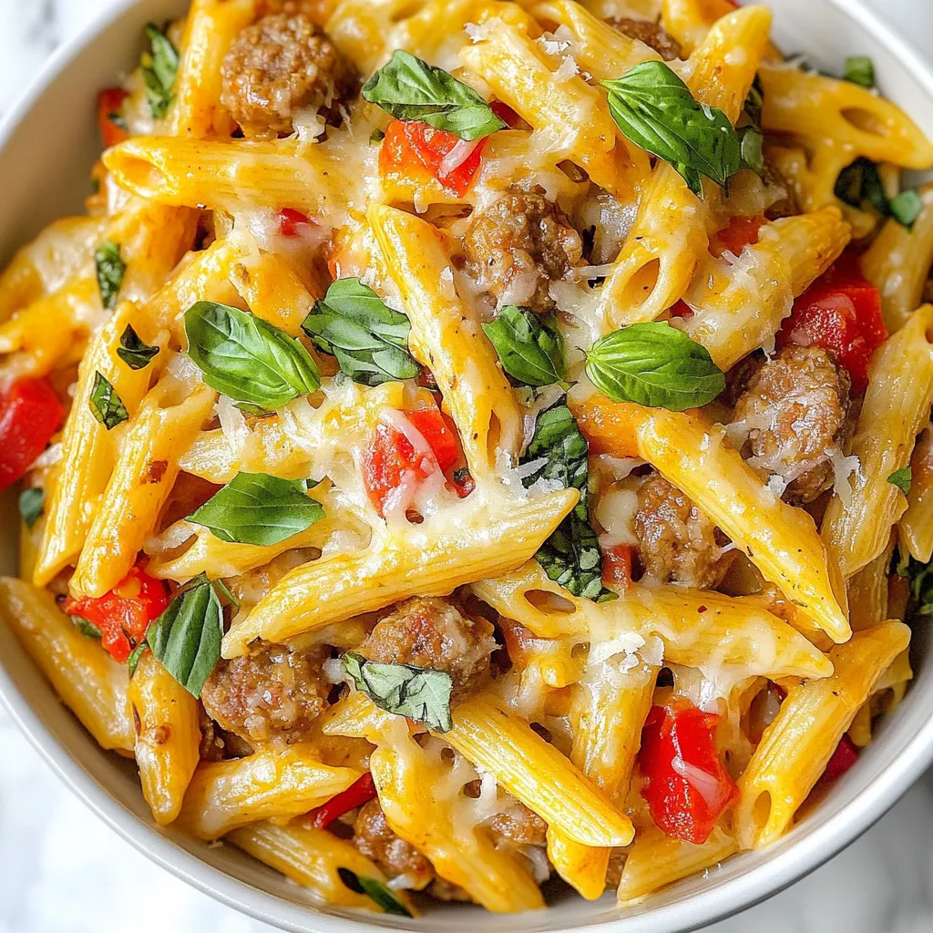 To make this tasty dish, you will need: - 8 oz (225g) penne pasta - 1 tablespoon olive oil - 1 pound (450g) Italian sausage, casings removed - 1 small onion, diced - 2 cloves garlic, minced - 1 bell pepper (red or yellow), diced - 1 can (15 oz) diced tomatoes (with juices) - 2 cups vegetable broth - 1 teaspoon Italian seasoning - 1/2 teaspoon red pepper flakes (optional) - Salt and pepper to taste - 1 1/2 cups shredded mozzarella cheese - 1/2 cup grated Parmesan cheese - Fresh basil, for garnish You can add more flavors with these options: - Extra garlic for a stronger taste - Spinach or kale for greens - Black olives for a briny touch - A splash of cream for richness If you need to switch some items, here are some ideas: - Use whole wheat penne for a healthier option. - Swap Italian sausage for turkey or chicken sausage. - Replace vegetable broth with chicken broth for more flavor. - Use fresh herbs like oregano or thyme if you have them. - If you lack Parmesan, use any hard cheese you have on hand. Each ingredient choice can change the dish's taste and health. Explore and enjoy! {{ingredient_image_1}} Start by heating one tablespoon of olive oil in a big pot over medium heat. Add one pound of Italian sausage without the casings. Cook it for about 4-5 minutes. Break it apart with a spatula until it is brown. Next, add one small diced onion and one diced bell pepper. Sauté these for 3-4 minutes until the onion looks clear. Then, stir in two minced garlic cloves. Cook for one more minute until you smell the garlic. Now, pour in one can of diced tomatoes with their juices and two cups of vegetable broth. Season this with one teaspoon of Italian seasoning, half a teaspoon of red pepper flakes (if you want some heat), and salt and pepper to taste. Bring this mixture to a simmer. Once it is simmering, add eight ounces of penne pasta. Stir well to mix everything together. Reduce the heat to medium-low, cover the pot, and cook for 12-15 minutes. Stir occasionally until the pasta is al dente and most of the liquid has soaked in. After that, take the pot off the heat. Fold in one and a half cups of shredded mozzarella cheese and half a cup of grated Parmesan cheese. Mix until it is all melted and blended. Taste it and adjust the seasoning if needed. Let it sit for a few minutes to thicken before serving. To save time, prepare your ingredients before starting. Dice the onion, bell pepper, and garlic ahead of time. This way, you can add them quickly when needed. Use pre-grated cheese to cut down on prep time. You can even cook the sausage in advance and store it in the fridge. This lets you skip a step when you are ready to cook. Another tip is to use a large pot. It gives you more room to stir. This helps the pasta cook evenly. If you have more space, you can mix everything easily. Stirring is very important in this recipe. It helps the pasta cook evenly. If you don’t stir, some pasta may stick to the bottom. This can cause it to burn. Stir every few minutes while it cooks to keep things moving. The consistency of the sauce is also key. You want it creamy but not too watery. If it seems too thick, add a little more broth. If it’s too runny, let it sit for a few minutes. The pasta will absorb some of the liquid. This will help get the right texture. Always check before serving to make sure it looks good! Cooking pasta in one pot is simple. Use a large pot to fit all the ingredients. Start by browning the sausage first. This adds a great flavor base. After browning, add your veggies. Sauté them until soft. This step builds depth in taste. When you add the pasta, make sure to stir well. This prevents sticking. Pour in enough liquid to cover the pasta. Stir often while it cooks. This helps the pasta absorb flavors. Cook until the pasta is al dente, not mushy. For better flavor, use fresh ingredients. Fresh basil adds a nice touch at the end. You can also add a squeeze of lemon juice for brightness. If you like heat, toss in red pepper flakes. They add warmth without being too spicy. To improve texture, mix in the cheese at the end. This creates a creamy mouthfeel. Don't forget to taste and adjust the seasoning. A pinch more salt or pepper can make a big difference. One common mistake is not using enough liquid. Insufficient broth makes the pasta dry. Always check that the pasta is well-covered. Another mistake is overcooking the pasta. Keep an eye on the time. Avoid skipping the resting time after cooking. This lets the dish thicken nicely. Lastly, don't forget to garnish. A sprinkle of cheese or fresh herbs makes your dish pop. Pro Tips Use Fresh Herbs: Adding fresh basil at the end enhances flavor and freshness, making the dish more vibrant. Perfect Pasta Texture: To ensure the pasta is perfectly al dente, taste it a minute or two before the suggested cooking time is up. Cheese Variations: Experiment with different cheeses like cheddar or gouda for a unique twist on the classic flavor profile. Leftover Transformation: If you have leftovers, try baking them with extra cheese on top for a delicious pasta bake! {{image_2}} You can swap the sausage with chicken or turkey. Ground chicken or turkey works well. They both cook quickly and soak up flavors nicely. For a vegetarian option, use plant-based sausage or lentils. This keeps the dish hearty and satisfying without meat. Adding veggies boosts the nutrition of this dish. You can mix in spinach, zucchini, or mushrooms. Just chop them up and add them when you add the onion and bell pepper. This helps them cook evenly, making the meal colorful and healthy. Changing the cheese can change the taste of the pasta. Try using cheddar for a sharp kick, or gouda for a smoky flavor. You can also mix in some feta for a tangy touch. Each cheese adds its own twist to the creamy goodness. To keep your One Pot Cheesy Sausage Pasta fresh, let it cool first. Then, place leftovers in an airtight container. Store it in the fridge for up to three days. Make sure to seal the container tight to avoid drying out. When you’re ready to enjoy your leftovers, reheat them on the stove. Add a splash of vegetable broth or water to keep it moist. Stir often over low heat until warmed through. This helps the pasta stay creamy and tasty. For longer storage, you can freeze the pasta. Use a freezer-safe container and portion it out. Make sure to leave some space at the top for expansion. It can last in the freezer for up to three months. When you're ready to eat, thaw it overnight in the fridge before reheating. Yes, you can use any pasta you like. Penne works great, but fusilli or rotini are good too. Just keep an eye on the cooking time. Different shapes may need slight adjustments. Follow the package instructions to cook it al dente. To add heat, use more red pepper flakes. You can also add sliced jalapeños or hot sausage. If you prefer, try a dash of hot sauce. Adjust the spice level to your taste. Always taste as you go to find the right balance. This pasta dish pairs well with a simple green salad. Garlic bread makes a great side too. You can also serve it with roasted vegetables for extra nutrition. Fresh basil on top adds a nice touch. Enjoy your meal! This blog post covered everything you need to know about making One Pot Cheesy Sausage Pasta. We discussed the ingredients, step-by-step cooking tips, and best practices. I shared ways to make it tastier and common mistakes to avoid. You learned about fun variations, storage tips, and answers to common questions. Now you can cook with ease and confidence. Enjoy this tasty dish and share it with others!