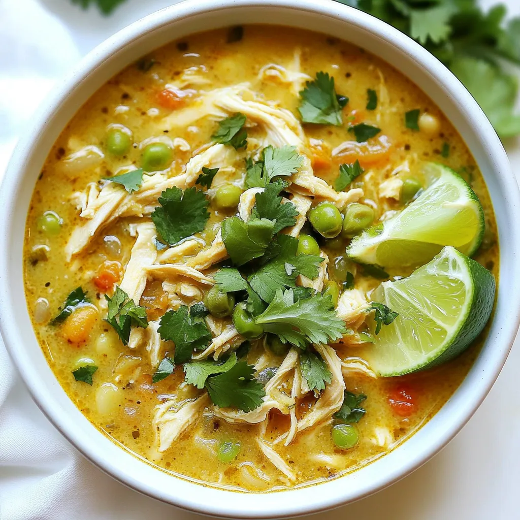 Here’s what you need for this tasty crockpot white chicken chili. Each ingredient adds its own flavor. - 1.5 lbs boneless skinless chicken breasts - 1 medium onion, chopped - 3 cloves garlic, minced - 2 cans (15 oz each) white beans (cannellini or great northern), drained and rinsed - 1 can (15 oz) corn, drained - 2 cups low-sodium chicken broth - 1 can (4 oz) diced green chilies - 1 teaspoon ground cumin - 1 teaspoon chili powder - 1 teaspoon smoked paprika - Salt and pepper, to taste - 1 cup heavy cream or coconut cream - 1/2 cup fresh cilantro, chopped, for garnish - 1 lime, cut into wedges for serving Gathering these ingredients is easy. You can find them at any grocery store. Make sure to choose fresh chicken and herbs. This dish cooks up creamy and full of flavor. The beans and corn add texture and nutrition. You can also swap heavy cream for coconut cream if you want a dairy-free dish. {{ingredient_image_1}} To start, layer the chicken in the crockpot. Use 1.5 lbs of boneless, skinless chicken breasts. Place them at the bottom of the pot. Next, add the chopped onion, minced garlic, drained white beans, drained corn, and diced green chilies. This mix creates a great base. Now, pour in 2 cups of low-sodium chicken broth. Make sure it covers the ingredients well. Sprinkle in 1 teaspoon each of ground cumin, chili powder, and smoked paprika. Season with salt and pepper to your taste. This step adds depth to your chili's flavor. You can cook this chili on low or high. If you choose low, set the crockpot for 6-7 hours. This long cooking time makes the chicken tender. If you are short on time, cook it on high for 3-4 hours. Either way, the chicken will cook through and be ready to shred. Once the cooking time is up, take the chicken out of the pot. Use two forks to shred it into bite-sized pieces. After shredding, return the chicken to the pot. Stir in 1 cup of heavy cream or coconut cream for a dairy-free option. Let it cook for another 30 minutes on low to heat through. Before serving, taste the chili. Adjust the seasoning if needed. You can add more salt, pepper, or spices to fit your taste. Ladle the chili into bowls, garnish with fresh chopped cilantro, and serve with lime wedges for extra flavor. Enjoy! To shred chicken easily, use two forks. Hold one fork in each hand. Grab a piece of chicken with one fork. Then pull it apart with the other fork. This method works well for tender chicken. If you want to try something different, use a stand mixer. Place the cooked chicken in the bowl and mix on low speed. The chicken will shred quickly and evenly. Adjusting seasoning is key to great chili. Start with salt and pepper. Taste your chili before serving. If it lacks flavor, add more spices. You can boost the heat with cayenne pepper or extra chili powder. If you like fresh flavors, add lime juice just before serving. This gives a bright taste to your chili. Garnishes make your chili look great and add flavor. Fresh cilantro is a must for topping. You can also add sliced jalapeños for heat. Serve with lime wedges on the side. This adds a fresh burst of flavor. Pair your chili with tortilla chips or cornbread for a nice crunch. These sides make the meal feel special. Pro Tips Use Chicken Thighs for More Flavor: Chicken thighs are more flavorful and tend to stay juicier than chicken breasts. Consider substituting them for a richer taste. Adjust Spice Levels to Your Preference: Feel free to increase or decrease the amount of chili powder and cumin to suit your heat tolerance. For a kick, add some cayenne pepper! Let It Simmer for Best Flavor: Allowing the chili to simmer for an extra 30 minutes after adding the cream helps meld the flavors together beautifully. Garnish with Fresh Ingredients: Adding fresh lime juice and cilantro just before serving enhances the chili's flavor and adds a vibrant, fresh touch. {{image_2}} You can make this dish dairy-free. Just swap heavy cream for coconut cream. This change keeps the soup creamy, rich, and adds a light coconut flavor. To do this, add one cup of coconut cream at the end of cooking, like you would with heavy cream. To keep this dish gluten-free, check all your ingredients. Most canned goods are gluten-free, but always read labels. Use gluten-free broth and ensure your seasonings do not contain gluten. This way, everyone can enjoy the meal. If you want a quick option, use rotisserie chicken. Just shred the chicken and add it near the end of cooking. This saves time and adds great flavor. You can also substitute turkey or tofu for chicken. Turkey breast works well and is a lean option. Tofu gives a nice plant-based twist. Just be sure to cube the tofu and add it early in cooking so it absorbs flavors. To store your white chicken chili, let it cool first. Place it in an airtight container. You can keep it in the fridge for up to three days. Make sure to label the container with the date. This helps you track how long it stays fresh. For longer storage, freezing is a great option. Portion the chili into freezer-safe bags or containers. Leave some space at the top, as liquids expand when frozen. You can freeze it for up to three months. When you’re ready to eat, just thaw it in the fridge overnight. When reheating, use the stove for best results. Heat it gently over medium-low heat until it’s warm. Stir it often so it heats evenly. If it seems thick, add a splash of broth or water. You can also reheat it in the microwave. Just use a microwave-safe bowl, cover it loosely, and heat in short bursts. Always check the temperature to ensure it’s safe to eat. Yes, you can use frozen chicken in the crockpot. Just place it at the bottom. The cooking time will be longer. For frozen chicken, cook on high for 4-5 hours or low for 8-9 hours. Check that the chicken reaches 165°F for safety. This method keeps the meat tender and juicy. To add heat to your chili, try a few methods. First, use more chili powder or cumin. You can also add fresh jalapeños or hot sauce. Another option is to stir in diced green chilies. Adjust the spice level to suit your taste. Start with small amounts and taste as you go. White chicken chili pairs well with many sides. Consider serving it with: - Cornbread - Tortilla chips - Fresh avocado slices - A side salad You can also add toppings like shredded cheese, sour cream, or more cilantro. Each option enhances the meal and adds flavor. Enjoy your chili however you like! This blog post covered ingredients, steps, tips, and variations for white chicken chili. You learned the best ways to prepare, cook, garnish, and store your dish. Remember, feel free to adjust spices and ingredients based on your taste. Whether you go for a dairy-free twist or use different proteins, the key is to enjoy the process. With these insights, you'll make a flavorful chili that warms the soul. Happy cooking and enjoy your delicious creation!