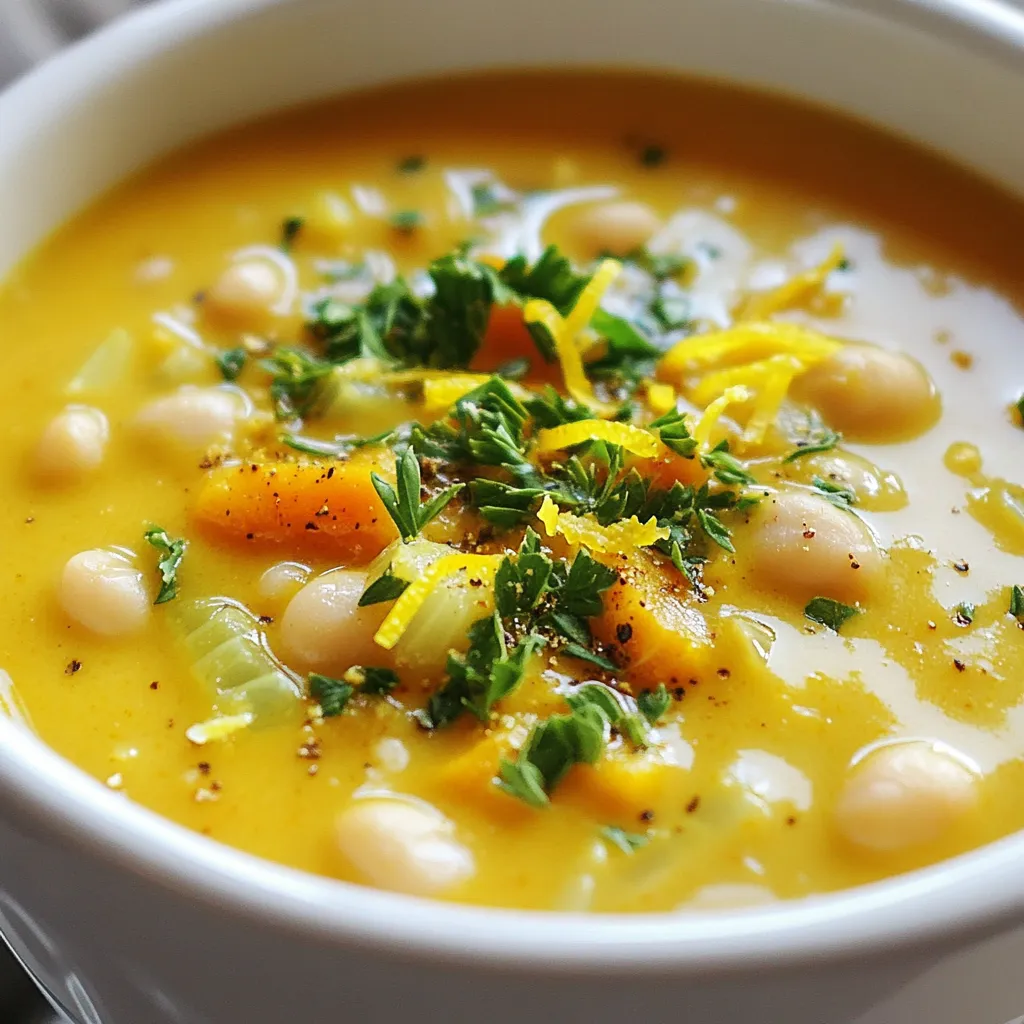 - 1 can chickpeas, drained and rinsed - 1 can white beans, drained and rinsed - 1 medium onion, diced - 3 cloves garlic, minced - 2 carrots, diced - 2 celery stalks, diced - 4 cups vegetable broth - 1 teaspoon ground cumin - 1 teaspoon smoked paprika - 2 tablespoons olive oil - Salt and pepper to taste - Fresh parsley, chopped (for garnish) - Zest of 1 lemon I love using chickpeas and white beans in this soup. They are rich in protein and fiber. They also create a hearty base that fills you up. The diced onion, garlic, carrots, and celery add great flavor and texture. I always make sure to use fresh ingredients for the best taste. The spices are simple but effective. Ground cumin and smoked paprika bring warmth and depth. Olive oil helps to sauté the veggies and adds a smooth flavor. Don't forget the salt and pepper! They help to balance the dish nicely. - 1/2 teaspoon crushed red pepper flakes - Additional garnishes like lemon slices or more parsley If you like a bit of heat, add crushed red pepper flakes. They give the soup a nice kick. You can also play with garnishes for extra flavor. Lemon slices add brightness, and more parsley looks pretty on top. - Calories per serving: About 250 - Protein content: Approximately 12 grams - Dietary considerations: Vegan and gluten-free This soup is not only tasty but also healthy. Each serving has about 250 calories. The protein content is around 12 grams, making it a great option for a filling meal. Plus, it's vegan and gluten-free, so many people can enjoy it! {{ingredient_image_1}} - Prepping the vegetables Start by dicing one medium onion, two carrots, and two celery stalks. You want even pieces to cook well. Mince three cloves of garlic. This adds a nice flavor to the soup. - Draining and rinsing the beans Open one can of chickpeas and one can of white beans. Drain and rinse them under cold water. This removes extra salt and makes them healthier. - Sautéing the vegetables In a large pot, heat two tablespoons of olive oil over medium heat. Add the diced onion, carrots, and celery. Sauté for about 5-7 minutes until they soften. Stir in the minced garlic and cook for one more minute. This will fill your kitchen with a lovely aroma. - Toasting the spices Next, add one teaspoon of ground cumin and one teaspoon of smoked paprika. If you like a bit of heat, add ½ teaspoon of crushed red pepper flakes. Sauté for another 1-2 minutes. This step brings out the full flavor of the spices. - Simmering the soup Pour in four cups of vegetable broth and bring it to a boil. Once boiling, reduce the heat to low. Add the drained chickpeas and white beans. Let the soup simmer for 15-20 minutes. This helps all the flavors mix together. - How to use an immersion blender After simmering, take an immersion blender and blend part of the soup. This gives it a creamy texture. If you don’t have one, carefully transfer the soup in batches to a regular blender. Be careful with hot liquid! - Adjusting seasonings Stir in the zest of one lemon for a fresh taste. Then, season with salt and pepper to your liking. Taste as you go to find the right balance. - Serving suggestions Serve the soup hot. Garnish each bowl with chopped fresh parsley. This adds color and freshness. Consider pairing it with a slice of crusty bread for a full meal. To make this soup burst with flavor, use fresh herbs. Parsley adds a fresh touch. You can also try thyme or rosemary for a warm note. Spices are key. Ground cumin gives depth, while smoked paprika adds a little warmth. If you like heat, add crushed red pepper flakes. Taste as you go to perfect the seasoning. A great soup has the right creaminess. For this, blend part of the soup. An immersion blender works well. It keeps some beans whole for texture. If you don’t have one, pour it in a blender in batches. Just be careful with hot liquid! Blend until smooth but leave some chunks for interest. This soup pairs well with crusty bread. A slice of sourdough or whole grain is perfect for dipping. A fresh salad on the side brightens the meal. For garnishes, consider lemon zest for zing. A drizzle of olive oil adds richness. Fresh parsley not only looks nice but adds flavor too. Pro Tips Use Fresh Herbs: Fresh parsley adds a vibrant flavor and color to your soup. Consider adding other herbs like thyme or rosemary for a different twist. Adjust the Consistency: If you prefer a thicker soup, blend more of the mixture until you reach your desired creaminess. You can also add a splash of coconut milk for a richer flavor. Spice it Up: If you enjoy heat, increase the amount of crushed red pepper flakes or add a dash of hot sauce to give your soup an extra kick. Make it Ahead: This soup tastes even better the next day! Prepare it in advance and store it in the refrigerator for easy meals throughout the week. {{image_2}} You can switch up beans in this recipe. Try black beans or pinto beans for a twist. These beans bring different flavors and textures. Mixing them keeps the soup exciting. Adding greens is another fun swap. Spinach or kale can boost nutrition. Toss in a handful when the soup simmers. They will wilt down nicely, adding a fresh touch. Want some heat? Make a spicy version! Add crushed red pepper flakes for some kick. You can also use fresh jalapeños for a bolder flavor. Adjust the amount to fit your taste. For a Mediterranean twist, include some sun-dried tomatoes or olives. These ingredients bring rich, savory notes. A sprinkle of feta cheese on top can add creaminess. This soup is naturally vegan. It uses only plant-based ingredients, making it friendly for everyone. You can enjoy it guilt-free while savoring each bite. It is also gluten-free! All the ingredients are safe for those with gluten issues. You can enjoy this hearty soup without worry. Chickpea white bean soup lasts about 3 to 5 days in the fridge. To keep it fresh, store it in airtight containers. This helps to lock in flavors and prevent spoilage. Before placing it in the fridge, let the soup cool down. This step is important to avoid raising the temperature inside your fridge. To freeze the soup for later, allow it to cool completely. Then, pour the soup into freezer-safe bags or containers. Leave some space at the top to allow for expansion. Seal them tightly and label with the date. For thawing, place the soup in the fridge overnight. You can also use the microwave on a low setting if you need it quickly. For the best reheating methods, use the stove or microwave. If using the stove, heat it gently over low heat while stirring. If using the microwave, place the soup in a microwave-safe bowl. Cover it loosely to prevent splatter. Heat in short bursts, stirring in between. This keeps the flavor and texture intact, making each bowl as good as the first. Chickpea white bean soup is a hearty dish. It combines chickpeas and white beans for protein. The soup also has bright flavors from vegetables like onion, carrots, and celery. Spices like cumin and paprika add warmth. The result is a comforting, creamy soup that fills you up. To make this soup in a slow cooker, follow these steps: - Heat olive oil in a pan. - Sauté onion, carrots, and celery until soft. - Add garlic and spices; cook for one minute. - Transfer everything to the slow cooker. - Pour in the vegetable broth and add beans. - Cook on low for 6-8 hours or high for 3-4 hours. - Blend part of the soup for creaminess before serving. Yes, you can add meat for extra flavor. - Cook diced chicken or sausage in the pan before the vegetables. - Stir in cooked ground turkey or beef along with the beans. - Use shredded rotisserie chicken for a quick option. Adding meat gives a different texture and taste. This soup is packed with health benefits. - Chickpeas and white beans provide protein and fiber. - The vegetables add vitamins and minerals. - Spices like cumin can help digestion. - This soup is filling and satisfying, perfect for comfort. Eating it warms the body and soul, making it a perfect meal. This blog shared how to make a tasty Chickpea White Bean Soup. You learned about key ingredients like beans, vegetables, and spices. I gave clear steps for prepping, cooking, and serving the soup. You found tips to enhance flavor and texture. Plus, I suggested fun variations to fit your taste. In closing, this soup is healthy, easy to make, and packed with flavor. Enjoy experimenting and finding your own twist!