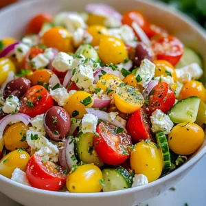 - 2 cups cherry tomatoes, halved - 1 cucumber, diced - 1 red bell pepper, diced - 1/2 red onion, thinly sliced - 1 cup Kalamata olives, pitted - 1 cup feta cheese, crumbled - 1/4 cup fresh parsley, chopped In this salad, each fresh ingredient plays a key role. The cherry tomatoes add a sweet pop. The diced cucumber brings crunch and coolness. The red bell pepper adds a hint of sweetness and color. Slicing the red onion thinly helps it blend well. Kalamata olives give a briny taste that ties it together. Crumbled feta cheese adds creaminess and saltiness. Finally, fresh parsley brightens the dish with color and flavor. - 3 tablespoons olive oil - 2 tablespoons red wine vinegar (optional) - 1 teaspoon dried oregano - Salt and pepper to taste This dressing is simple yet full of flavor. Olive oil serves as a rich base. Red wine vinegar adds a tangy kick. Dried oregano gives a hint of earthiness. Salt and pepper enhance all the flavors, making every bite delicious. - About 150 calories per serving - Fresh vegetables provide vitamins and minerals - Olives and feta add healthy fats and protein This Greek salad is not just tasty; it's good for you too! The fresh vegetables in the salad offer a range of vitamins. The healthy fats from olives and feta cheese help keep you full. Each serving gives you a nutritious boost while being light and refreshing. {{ingredient_image_1}} To make your Greek salad, start with the vegetables. - How to halve cherry tomatoes: Take each cherry tomato and place it on a cutting board. Use a sharp knife to slice through the middle. Aim for two equal halves. - Dicing cucumbers and red bell pepper: For the cucumber, cut it in half lengthwise. Then, slice each half into small pieces. For the red bell pepper, remove the core and seeds. Slice it into strips and then dice into smaller pieces. - Slicing red onion thinly: Take the red onion and cut off both ends. Cut it in half and peel off the skin. Place the flat side down and slice it thinly. Now, it's time to put everything together. - Combining salad ingredients in a bowl: Grab a large mixing bowl. Add in the halved cherry tomatoes, diced cucumber, diced red bell pepper, and sliced red onion. - Adding Kalamata olives and feta: Toss in the pitted Kalamata olives and crumbled feta cheese. This adds a rich flavor and texture to your salad. A good salad needs a great dressing. - Mixing olive oil and red wine vinegar: In a small jar, pour in 3 tablespoons of olive oil. Add 2 tablespoons of red wine vinegar if you like a tangy kick. - Seasoning with oregano, salt, and pepper: Add 1 teaspoon of dried oregano, along with salt and pepper to taste. Close the jar and shake it well. This mixes all the flavors together. Once your dressing is ready, drizzle it over the salad. Gently toss everything to coat the ingredients evenly. Enjoy your fresh and flavorful Greek salad! When making Greek salad, fresh produce is key. Choose ripe cherry tomatoes for sweetness. Look for firm cucumbers with smooth skin. Select a bright red bell pepper for crunch. Pick red onions that feel heavy and firm. The type of olive oil you use matters too. Extra virgin olive oil is best. It has a rich flavor and good health benefits. Avoid refined olive oils; they are less flavorful and healthy. To enhance tanginess, adjust the vinegar. Start with two tablespoons of red wine vinegar. If you like it tangier, add more. Crumbling feta can be tricky. Use your hands for better control. This keeps the cheese chunky and adds texture. Garnish your salad with fresh parsley. It adds color and a fresh taste. Serve the salad in a large bowl for sharing. You can also plate individual servings for a nice touch. Pro Tips Use Fresh Ingredients: For the best flavor, use fresh, in-season vegetables and herbs. This will elevate the taste of your Greek salad significantly. Chill Before Serving: Allow the salad to chill in the refrigerator for about 30 minutes before serving. This helps meld the flavors together and makes for a refreshing dish. Customize Your Olives: If you prefer a different type of olive, feel free to swap Kalamata olives for green olives or even a mix for a unique flavor twist. Make It Ahead: This salad can be made a few hours in advance. Just keep the dressing separate until ready to serve to prevent sogginess. {{image_2}} You can swap Kalamata olives for green olives or capers. Both add a great taste. If you want a milder cheese, try mozzarella or goat cheese. These options change the flavor but keep it tasty. Grilled chicken or shrimp works well in this salad. Just slice them and mix them in. For a vegetarian twist, add chickpeas or white beans. They give protein and make the dish filling. You can try different vinaigrettes, like lemon or balsamic. They bring unique flavors to the salad. Yogurt-based dressings are creamy and add a nice touch, too. They can make your salad rich and smooth. To keep your Greek salad fresh, store it in an airtight container. This helps stop air and moisture from getting in. You can also layer the salad. Place heavier items, like tomatoes and cucumbers, at the bottom. Keep delicate items, like feta cheese, on top. This way, they won&rsquo;t get squished. Store the dressing separately. This keeps the salad crisp and prevents sogginess. Use a small jar for the dressing. You can shake it up when you are ready to eat. This way, every bite will be fresh and tasty. You can store Greek salad in the fridge for about three days. After that, the veggies start to lose their crunch. Look for signs of spoilage, like a slimy texture or strong smells. If you see any, it&rsquo;s best to throw it away. Always trust your senses when it comes to food safety. Preparing ingredients in advance makes meals easy. Slice your veggies and store them in the fridge. You can even mix the salad but leave out the dressing. When you want to eat, just add the dressing and mix. This keeps everything fresh and crunchy. If you&rsquo;re on the go, pack the salad in a lunchbox. Keep the dressing in a small container. When you are ready to eat, pour it over the salad and enjoy! A traditional Greek salad has fresh ingredients. You need: - Cherry tomatoes - Cucumber - Red bell pepper - Red onion - Kalamata olives - Feta cheese - Fresh parsley Mix these colorful veggies for a bright dish. The feta cheese adds creaminess, while the olives offer a salty kick. It&rsquo;s simple yet full of flavor. To make Greek salad vegan, skip the feta cheese. Use a plant-based cheese instead. You can also add more veggies like avocados for creaminess. This way, you keep the fresh taste without dairy. Greek salad pairs well with many dishes. Try serving it with: - Grilled chicken - Fish - Pita bread - Hummus - Quinoa These options add protein or carbs to make a complete meal. You can also enjoy it as a side dish at barbecues or picnics. Yes, Greek salad is very healthy! It has lots of fresh veggies which are low in calories. The olives and olive oil provide healthy fats. Feta cheese gives you protein and calcium. Overall, it&rsquo;s a great choice for a balanced diet. You can prepare parts of the salad in advance. Chop the veggies and store them in the fridge. Keep the dressing separate until serving. This way, the salad stays fresh and crunchy. If you mix it too early, it can get soggy. This blog post covered how to create a fresh Greek salad. We explored key ingredients like cherry tomatoes, cucumbers, and Kalamata olives. I shared easy steps for preparation and assembly. We also looked at tasty dressing options and helpful tips for freshness. Don't forget to try variations and substitutions to suit your taste. Incorporate these ideas to enjoy a healthy and vibrant dish. Now, make your Greek salad your own!