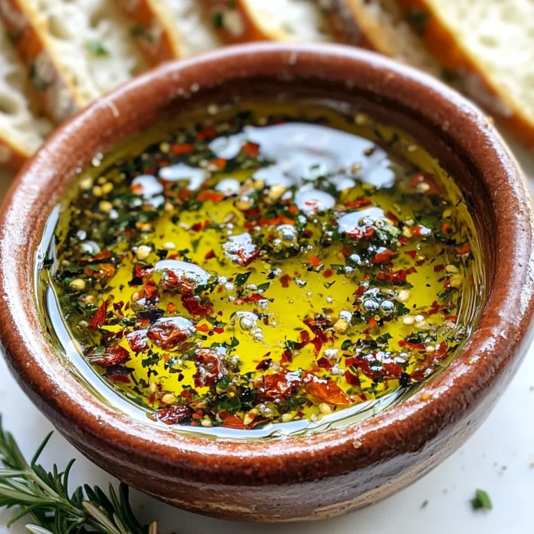 To make loaded bread dipping oil, you need some key ingredients that come together for a tasty treat. Here’s what you will need: - 1 cup extra virgin olive oil - 2 tablespoons balsamic vinegar - 1 teaspoon garlic powder - 1 teaspoon onion powder - 1 teaspoon red pepper flakes - 1 tablespoon fresh rosemary, finely chopped - 1 tablespoon fresh parsley, finely chopped - 1 tablespoon sun-dried tomatoes, chopped - 1 teaspoon sea salt - Freshly cracked black pepper to taste Each ingredient brings its own flavor to the oil. Extra virgin olive oil is rich and smooth. Balsamic vinegar adds a sweet and tangy kick. Garlic powder and onion powder give depth and warmth. Red pepper flakes add a bit of spice. Fresh rosemary and parsley bring a green, earthy taste. Sun-dried tomatoes add a chewy texture and sweet flavor. Sea salt and black pepper enhance all the other tastes. You can mix and match these ingredients to find your perfect blend. This recipe is easy to adjust based on what you like. So have fun and get creative in your kitchen! {{ingredient_image_1}} 1. Mixing the olive oil and balsamic vinegar Start by taking a medium bowl. Pour in 1 cup of extra virgin olive oil. Add 2 tablespoons of balsamic vinegar. Whisk them together until they blend well. 2. Incorporating spices and herbs Next, add 1 teaspoon of garlic powder and 1 teaspoon of onion powder to the bowl. Stir to mix these spices into the oil. This step adds depth to your flavor. 3. Adding sun-dried tomatoes Now, it's time for a burst of flavor. Fold in 1 tablespoon of chopped sun-dried tomatoes. Make sure they are evenly mixed in the oil. They add a nice tangy touch. 4. Seasoning to taste Sprinkle in 1 teaspoon of sea salt and freshly cracked black pepper to taste. Adjust it to your liking. This step brings balance to the oil. 5. Allowing the flavors to meld Let your mixture sit at room temperature for at least 30 minutes. This waiting time allows all the flavors to blend together beautifully. 6. Serving suggestions Transfer the dipping oil to a rustic bowl for serving. Pair it with slices of crusty bread. You can also add some torn basil leaves or olives on the side for a lovely touch. Enjoy! - Using different herbs and spices: You can switch up the herbs. Try thyme or oregano. Each herb gives a new taste. Fresh herbs make the oil bright and fresh. Dried herbs work too, but fresh is best. - Alternative oils: Extra virgin olive oil is great, but don't stop there. Avocado oil or nut oils can add fun flavors. Each oil has its own taste, so experiment to find your favorite. - Adjusting heat levels: Like it spicy? Add more red pepper flakes or try chili oil. Want it mild? Cut back on the heat. Tweak to match your taste buds. - Rustic serving suggestions: Serve the dipping oil in a simple pottery bowl. You can also use a wooden board for a rustic look. Pair it with crusty bread or breadsticks for a nice touch. - Creative garnish options: Add small bowls of olives or fresh herbs on the side. Drizzle more olive oil on top for shine. A sprinkle of sea salt makes it pretty and tasty. Pro Tips Use High-Quality Olive Oil: The flavor of your dipping oil heavily depends on the quality of olive oil used. Opt for extra virgin olive oil for the best taste. Let It Marinate: Allowing the oil to sit for at least 30 minutes enhances the flavors. For an even richer taste, consider letting it sit for a few hours or overnight. Customize Your Herbs: Feel free to experiment with different herbs like thyme or basil based on your taste preferences. Fresh herbs will elevate the flavor profile. Perfect Pairings: This dipping oil pairs wonderfully with toasted baguette slices, but also try it with grilled vegetables or as a salad dressing for a delightful twist. {{image_2}} You can change up the flavors in your loaded bread dipping oil. Here are some fun ideas: - Italian-inspired with oregano and basil: Add dried oregano and fresh basil. These herbs give a classic Italian taste that pairs well with crusty bread. - Mediterranean twist with kalamata olives: Chop up some kalamata olives and mix them in. The olives add a salty, rich flavor that enhances the oil. - Spicy version with added chili oil: If you love heat, drizzle in some chili oil. It brings a fiery kick that will warm your taste buds. Changing some ingredients can create new flavors. - Substituting vinegar types: You can swap balsamic vinegar for red wine vinegar or apple cider vinegar. Each type adds a different tang to the oil. - Using different types of oil: Try using avocado oil or nut oils for a unique twist. Each oil has its own taste and can change the overall flavor. Get creative with these variations! Each change can lead to a new favorite. To store leftover dipping oil, pour it into a clean glass jar. Make sure to seal it tightly. Keep the jar in a cool, dark place. This helps keep the oil fresh. You can store it in the fridge, but it may thicken. Your dipping oil stays fresh for about one week. After that, check for any off smells or changes in color. If it looks or smells strange, throw it out. I recommend using glass jars or bottles for storage. They do not react with the oil. Look for jars with tight-sealing lids to keep air out. This keeps your oil fresh longer. Label your jar with the date you made the oil. This way, you’ll know how long it has been stored. You can also write down the main ingredients. This helps you remember what’s inside. How long can I store bread dipping oil? You can store bread dipping oil for up to two weeks. Keep it in a sealed glass jar. Store it in a cool, dark place. The flavors will get stronger over time. Can I make this recipe vegan? Yes, this recipe is already vegan! All the ingredients are plant-based. Enjoy this tasty dip with no worries. What types of bread pair well with this dipping oil? Crusty bread works best. I love using baguettes or ciabatta. Sourdough also adds a nice tang. You can even use pita or focaccia for a fun twist. What is the purpose of balsamic vinegar in this recipe? Balsamic vinegar adds a rich, tangy flavor. It balances the oil and spices. The acidity brightens the overall taste of the dip. It makes every bite more exciting. Are sun-dried tomatoes necessary for flavor? While sun-dried tomatoes add depth, they are not a must. You can skip them if you prefer. However, they do give a nice umami flavor. Try adding chopped olives or roasted red peppers instead for a different taste. This blog post explored how to make a tasty loaded bread dipping oil. We listed key ingredients like olive oil, herbs, and spices. Then, we shared easy steps to mix and serve. We added tips for flavor and presentation, plus variations to try. Finally, we covered storage and answered common questions. Dipping oil brings joy to meals. Use this guide to create your own unique blend!