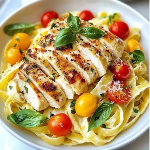 - 2 boneless, skinless chicken breasts - 2 tablespoons olive oil - 1 teaspoon garlic powder - 1 teaspoon Italian seasoning - Salt and pepper to taste - 1 cup cherry tomatoes, halved - 1 cup heavy cream - 1 cup chicken broth - 1 cup grated Parmesan cheese - 8 ounces fettuccine pasta - Fresh basil leaves for garnish - Red pepper flakes (optional for heat) Marry Me Chicken Pasta is a simple dish that packs big flavor. To make it, you need fresh and high-quality ingredients. Start with two boneless, skinless chicken breasts. They are easy to cook and absorb flavors well. Next, grab some olive oil. This oil helps brown the chicken and adds richness. Garlic powder and Italian seasoning bring depth to every bite. Don’t forget salt and pepper. They balance all the flavors in the dish. Cherry tomatoes add a burst of sweetness. Use one cup of these juicy gems, sliced in half. Heavy cream and chicken broth create a rich, creamy sauce. The heavy cream gives a smooth texture, while the broth adds savory notes. Grated Parmesan cheese is a must. It melts perfectly into the sauce, enhancing the flavor. Fettuccine pasta is the star of the show. It holds the sauce well, making every forkful delightful. To finish, add fresh basil leaves for a bright taste. If you like some heat, sprinkle in red pepper flakes. They add a nice kick without overpowering the dish. With these ingredients, you are ready to create a meal that is sure to impress. {{ingredient_image_1}} To cook the fettuccine pasta, fill a large pot with water. Add salt to the water. Bring the water to a boil over high heat. Once boiling, add the fettuccine. Cook the pasta according to the package instructions, usually about 8-10 minutes. Stir occasionally to prevent sticking. When the pasta is al dente, reserve ½ cup of the pasta water before draining. This water helps to thicken the sauce later. While the pasta cooks, take your chicken breasts. Pat them dry with a paper towel. This helps the seasoning stick better. Rub the chicken with garlic powder, Italian seasoning, salt, and pepper. Heat olive oil in a large skillet over medium-high heat. Add the seasoned chicken breasts to the skillet. Cook for 6-7 minutes on each side. The chicken should be golden brown and no longer pink inside. Remove the chicken and let it rest on a board. In the same skillet, add halved cherry tomatoes. Sauté them for 2-3 minutes until they soften. Next, pour in the heavy cream and chicken broth. Stir the mixture to combine. Bring it to a gentle simmer. After a few minutes, add grated Parmesan cheese. Mix until the cheese melts and the sauce thickens. If the sauce is too thick, use the reserved pasta water to reach your desired consistency. Once the chicken has rested, slice it into strips. Return the chicken to the skillet with the sauce. Add the drained fettuccine too. Toss everything together until the pasta is well coated. The creamy sauce should cover the pasta and chicken evenly. Serve your Marry Me Chicken Pasta hot. Garnish with fresh basil and a sprinkle of red pepper flakes if you like some heat. To cook tender chicken, aim for 6-7 minutes on each side over medium-high heat. Use a meat thermometer to check for an internal temperature of 165°F. This ensures it's safe to eat. To avoid overcooking, remove the chicken from the skillet as soon as it reaches this temperature. Let it rest for a few minutes before slicing. This keeps the juices inside, making the chicken juicy and tender. The sauce needs to be creamy and flavorful. If it’s too thick, add a little reserved pasta water to adjust the thickness. Start with a few tablespoons and mix well. To achieve the best flavor balance, use fresh cherry tomatoes. Their sweetness pairs well with the salt of the Parmesan. Taste the sauce before serving, adding salt or pepper as needed. Garnish your dish with fresh basil leaves. They add a bright touch. For extra heat, sprinkle red pepper flakes on top. Serve Marry Me Chicken Pasta with a simple side salad or garlic bread. These pairs add texture and flavor. For wine, a light Pinot Grigio complements the creaminess of the dish. Enjoy the food and the company! Pro Tips Perfectly Cooked Chicken: Use a meat thermometer to ensure the chicken reaches an internal temperature of 165°F for optimal juiciness. Enhance the Flavor: Marinate the chicken in olive oil, garlic, and Italian seasoning for at least 30 minutes before cooking to deepen the flavors. Thickening the Sauce: If your sauce is too thin, let it simmer longer to reduce and thicken, or add a little more Parmesan cheese. Garnishing Tips: Fresh basil adds a burst of flavor, but try adding lemon zest for a refreshing twist. {{image_2}} You can easily switch up the pasta you use in this dish. Fettuccine is great, but try penne or even spaghetti. Each type brings a unique twist to the final meal. For proteins, chicken is a classic choice, but shrimp works well too. Sauté it just like the chicken. Turkey is another option; it’s lean and tasty. Want to add more flavor? Toss in some veggies. Spinach adds color and nutrients. Bell peppers bring sweetness and crunch. Adjust the spice to match your taste. If you like it hot, sprinkle in red pepper flakes. You can also add garlic for extra depth. If you need gluten-free options, use gluten-free pasta. Many brands offer great alternatives that taste good. For dairy-free meals, swap heavy cream with coconut milk. Nutritional yeast can replace Parmesan cheese for a cheesy flavor without dairy. To store leftover Marry Me Chicken Pasta, place it in an airtight container. Make sure it cools down first. You can keep it in the fridge for up to three days. When reheating, use low heat in a skillet. This helps keep the pasta creamy. Add a splash of chicken broth to help revive the sauce. You can freeze Marry Me Chicken Pasta for longer storage. First, let it cool completely. Then, transfer it to a freezer-safe container. It will stay good for up to two months. When you are ready to eat, thaw it overnight in the fridge. Reheat on low heat, adding a bit of broth or cream for a smooth texture. Marry Me Chicken Pasta is a creamy, flavorful dish that combines chicken and pasta. It is said to be so good that it could make someone propose! The dish is believed to have started online and quickly gained fame. Many people love this dish for its rich taste and easy preparation. Yes, you can make Marry Me Chicken Pasta ahead of time. To do this, follow these simple meal prep tips: - Cook the chicken and pasta as directed. - Store them separately in airtight containers. - Refrigerate for up to three days. When you are ready to eat, just heat them up in a skillet. Add a splash of cream to keep the sauce creamy. If you love spice, here are some ways to heat up your dish: - Add red pepper flakes while cooking the sauce. - Include fresh chopped chili peppers in the skillet with the tomatoes. - Serve with hot sauce on the side for extra kick. This dish pairs well with many sides. Here are some great options: - Garlic bread for a crunchy texture. - A fresh green salad to balance the creaminess. - Steamed vegetables like broccoli or asparagus for added nutrition. This blog post covered all you need to make Marry Me Chicken Pasta. We explored the key ingredients, step-by-step cooking methods, and tips for perfect results. You learned how to store and reheat leftovers, along with fun variations to try. Cooking this meal can impress anyone and is really enjoyable! So gather your ingredients and get started. You’ll create a dish that tastes amazing and might even win hearts. Enjoy your cooking adventure!