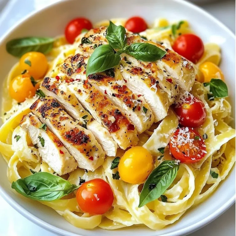 - 2 boneless, skinless chicken breasts - 2 tablespoons olive oil - 1 teaspoon garlic powder - 1 teaspoon Italian seasoning - Salt and pepper to taste - 1 cup cherry tomatoes, halved - 1 cup heavy cream - 1 cup chicken broth - 1 cup grated Parmesan cheese - 8 ounces fettuccine pasta - Fresh basil leaves for garnish - Red pepper flakes (optional for heat) Marry Me Chicken Pasta is a simple dish that packs big flavor. To make it, you need fresh and high-quality ingredients. Start with two boneless, skinless chicken breasts. They are easy to cook and absorb flavors well. Next, grab some olive oil. This oil helps brown the chicken and adds richness. Garlic powder and Italian seasoning bring depth to every bite. Don’t forget salt and pepper. They balance all the flavors in the dish. Cherry tomatoes add a burst of sweetness. Use one cup of these juicy gems, sliced in half. Heavy cream and chicken broth create a rich, creamy sauce. The heavy cream gives a smooth texture, while the broth adds savory notes. Grated Parmesan cheese is a must. It melts perfectly into the sauce, enhancing the flavor. Fettuccine pasta is the star of the show. It holds the sauce well, making every forkful delightful. To finish, add fresh basil leaves for a bright taste. If you like some heat, sprinkle in red pepper flakes. They add a nice kick without overpowering the dish. With these ingredients, you are ready to create a meal that is sure to impress. {{ingredient_image_1}} To cook the fettuccine pasta, fill a large pot with water. Add salt to the water. Bring the water to a boil over high heat. Once boiling, add the fettuccine. Cook the pasta according to the package instructions, usually about 8-10 minutes. Stir occasionally to prevent sticking. When the pasta is al dente, reserve ½ cup of the pasta water before draining. This water helps to thicken the sauce later. While the pasta cooks, take your chicken breasts. Pat them dry with a paper towel. This helps the seasoning stick better. Rub the chicken with garlic powder, Italian seasoning, salt, and pepper. Heat olive oil in a large skillet over medium-high heat. Add the seasoned chicken breasts to the skillet. Cook for 6-7 minutes on each side. The chicken should be golden brown and no longer pink inside. Remove the chicken and let it rest on a board. In the same skillet, add halved cherry tomatoes. Sauté them for 2-3 minutes until they soften. Next, pour in the heavy cream and chicken broth. Stir the mixture to combine. Bring it to a gentle simmer. After a few minutes, add grated Parmesan cheese. Mix until the cheese melts and the sauce thickens. If the sauce is too thick, use the reserved pasta water to reach your desired consistency. Once the chicken has rested, slice it into strips. Return the chicken to the skillet with the sauce. Add the drained fettuccine too. Toss everything together until the pasta is well coated. The creamy sauce should cover the pasta and chicken evenly. Serve your Marry Me Chicken Pasta hot. Garnish with fresh basil and a sprinkle of red pepper flakes if you like some heat. To cook tender chicken, aim for 6-7 minutes on each side over medium-high heat. Use a meat thermometer to check for an internal temperature of 165°F. This ensures it's safe to eat. To avoid overcooking, remove the chicken from the skillet as soon as it reaches this temperature. Let it rest for a few minutes before slicing. This keeps the juices inside, making the chicken juicy and tender. The sauce needs to be creamy and flavorful. If it’s too thick, add a little reserved pasta water to adjust the thickness. Start with a few tablespoons and mix well. To achieve the best flavor balance, use fresh cherry tomatoes. Their sweetness pairs well with the salt of the Parmesan. Taste the sauce before serving, adding salt or pepper as needed. Garnish your dish with fresh basil leaves. They add a bright touch. For extra heat, sprinkle red pepper flakes on top. Serve Marry Me Chicken Pasta with a simple side salad or garlic bread. These pairs add texture and flavor. For wine, a light Pinot Grigio complements the creaminess of the dish. Enjoy the food and the company! Pro Tips Perfectly Cooked Chicken: Use a meat thermometer to ensure the chicken reaches an internal temperature of 165°F for optimal juiciness. Enhance the Flavor: Marinate the chicken in olive oil, garlic, and Italian seasoning for at least 30 minutes before cooking to deepen the flavors. Thickening the Sauce: If your sauce is too thin, let it simmer longer to reduce and thicken, or add a little more Parmesan cheese. Garnishing Tips: Fresh basil adds a burst of flavor, but try adding lemon zest for a refreshing twist. {{image_2}} You can easily switch up the pasta you use in this dish. Fettuccine is great, but try penne or even spaghetti. Each type brings a unique twist to the final meal. For proteins, chicken is a classic choice, but shrimp works well too. Sauté it just like the chicken. Turkey is another option; it’s lean and tasty. Want to add more flavor? Toss in some veggies. Spinach adds color and nutrients. Bell peppers bring sweetness and crunch. Adjust the spice to match your taste. If you like it hot, sprinkle in red pepper flakes. You can also add garlic for extra depth. If you need gluten-free options, use gluten-free pasta. Many brands offer great alternatives that taste good. For dairy-free meals, swap heavy cream with coconut milk. Nutritional yeast can replace Parmesan cheese for a cheesy flavor without dairy. To store leftover Marry Me Chicken Pasta, place it in an airtight container. Make sure it cools down first. You can keep it in the fridge for up to three days. When reheating, use low heat in a skillet. This helps keep the pasta creamy. Add a splash of chicken broth to help revive the sauce. You can freeze Marry Me Chicken Pasta for longer storage. First, let it cool completely. Then, transfer it to a freezer-safe container. It will stay good for up to two months. When you are ready to eat, thaw it overnight in the fridge. Reheat on low heat, adding a bit of broth or cream for a smooth texture. Marry Me Chicken Pasta is a creamy, flavorful dish that combines chicken and pasta. It is said to be so good that it could make someone propose! The dish is believed to have started online and quickly gained fame. Many people love this dish for its rich taste and easy preparation. Yes, you can make Marry Me Chicken Pasta ahead of time. To do this, follow these simple meal prep tips: - Cook the chicken and pasta as directed. - Store them separately in airtight containers. - Refrigerate for up to three days. When you are ready to eat, just heat them up in a skillet. Add a splash of cream to keep the sauce creamy. If you love spice, here are some ways to heat up your dish: - Add red pepper flakes while cooking the sauce. - Include fresh chopped chili peppers in the skillet with the tomatoes. - Serve with hot sauce on the side for extra kick. This dish pairs well with many sides. Here are some great options: - Garlic bread for a crunchy texture. - A fresh green salad to balance the creaminess. - Steamed vegetables like broccoli or asparagus for added nutrition. This blog post covered all you need to make Marry Me Chicken Pasta. We explored the key ingredients, step-by-step cooking methods, and tips for perfect results. You learned how to store and reheat leftovers, along with fun variations to try. Cooking this meal can impress anyone and is really enjoyable! So gather your ingredients and get started. You’ll create a dish that tastes amazing and might even win hearts. Enjoy your cooking adventure!
