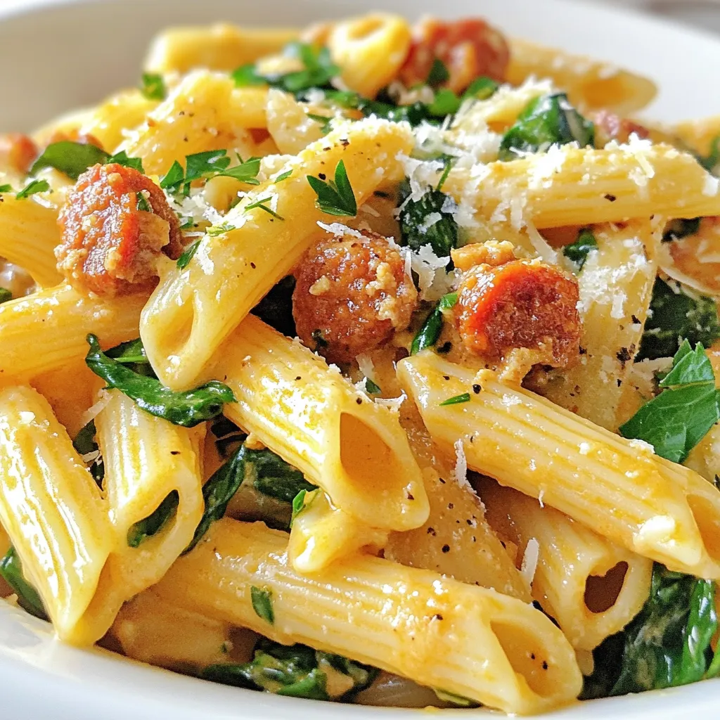 To make creamy chorizo pasta, you need just a few key ingredients. Here’s what you’ll need: - 300g pasta (penne or fusilli work well) - 150g chorizo, sliced - 200ml heavy cream - 1 medium onion, finely chopped - 2 cloves garlic, minced - 1 teaspoon smoked paprika - 50g Parmesan cheese, grated - 1 cup spinach leaves - 2 tablespoons olive oil - Salt and pepper to taste - Fresh parsley for garnish You can use penne or fusilli for this recipe. Both shapes hold the sauce well, making each bite creamy and flavorful. Chorizo is a spicy, flavorful sausage. Slice it thinly before cooking. This helps it brown nicely and adds great flavor to the dish. You will need heavy cream for richness, onion and garlic for flavor, and spices like smoked paprika to enhance the taste. Spinach adds color and nutrition. Finally, Parmesan cheese brings a salty, cheesy finish. Each ingredient plays a role in making this dish rich and satisfying. Enjoy gathering them for your cooking adventure! {{ingredient_image_1}} To cook pasta until al dente, start with a large pot of salted boiling water. Add the pasta and stir it well. Follow the package instructions for the cooking time. Test the pasta a minute or two before the time is up. It should feel firm but not hard. When it’s ready, drain the pasta but save a cup of the water. This water is starchy and helps thicken your sauce later. Heat two tablespoons of olive oil in a large skillet over medium heat. Add the sliced chorizo and cook it for about 5 to 6 minutes. You want it to brown nicely. This browning creates a deep, rich flavor. Don’t rush this step; it adds great taste to your dish. Once your chorizo is brown, lower the heat. Pour in 200ml of heavy cream and stir. Add one teaspoon of smoked paprika, salt, and pepper to taste. Let this mixture simmer for about 5 minutes. It should thicken slightly. If it’s too thin, let it simmer a bit longer to reach the desired thickness. Add the cooked pasta and one cup of spinach leaves to the skillet with the sauce. Toss everything well so the pasta is evenly coated. If the sauce seems too thick, add a splash of the reserved pasta water. This will help achieve the perfect creamy texture. Stir in 50g of grated Parmesan cheese right at the end. This adds a nice richness to the dish. Taste your pasta and adjust the seasoning if needed. For garnish, sprinkle some fresh parsley on top before serving. An extra sprinkle of Parmesan never hurts either! To avoid overcooking pasta and chorizo, follow these steps: - Pasta: Cook it until al dente. This means it should still have a slight bite. Always check the time on the package. - Chorizo: Sauté it until it’s brown but not hard. About 5-6 minutes works well. To enhance flavor profiles, try these ideas: - Add a pinch of red pepper flakes for some heat. - Use fresh herbs like thyme or basil to brighten the dish. - Consider adding a splash of white wine before the cream for depth. Plating creamy chorizo pasta can be simple yet beautiful. Here’s how: - Use a large fork to twirl pasta onto the plate for a nice shape. - Create height by stacking the pasta in the center. For garnishing creatively: - Sprinkle fresh parsley on top for color. - Add extra Parmesan cheese for a touch of elegance. - Use a drizzle of olive oil for a glossy finish. Pro Tips Choose the Right Pasta: For this creamy sauce, opt for pasta shapes that can hold onto the sauce well, like penne or fusilli. Adjust the Creaminess: If the sauce is too thick, gradually add a splash of reserved pasta water until you reach your desired consistency. Enhance the Flavor: For extra depth, consider adding a pinch of red pepper flakes or a squeeze of lemon juice before serving. Fresh Herbs Make a Difference: Always finish with fresh parsley or basil for a burst of color and flavor that brightens the dish. {{image_2}} You can easily swap ingredients in creamy chorizo pasta. For cream, use coconut milk or cashew cream for a dairy-free option. You can also try using Greek yogurt for a lighter version. If you need cheese alternatives, nutritional yeast gives a cheesy flavor without dairy. For protein, chorizo is great, but you can use chicken or shrimp instead. Simply sauté them until cooked through. If you want a vegetarian dish, use mushrooms or lentils for a hearty texture. Adding vegetables can boost flavor and nutrition. Spinach is a great choice, but you can also use kale, zucchini, or bell peppers. Just toss them in during the last few minutes of cooking. To add more greens, try arugula or broccoli. They add a nice crunch and color. For extra flavor, consider sun-dried tomatoes or olives. They bring a delightful twist to the dish. To keep creamy chorizo pasta fresh, place it in an airtight container. This helps prevent the pasta from drying out. Make sure to refrigerate leftovers within two hours of cooking. The pasta will stay good for up to three days. When you’re ready to eat again, reheat the pasta on the stove. Add a splash of milk or cream to keep it creamy. Cook over low heat and stir often. You can also use a microwave. Heat in short bursts and stir in between. If you want to store creamy chorizo pasta for longer, freezing is a great option. First, let the pasta cool completely. Then, place it in a freezer-safe container. You can also use freezer bags. Squeeze out as much air as you can before sealing. This keeps the pasta from getting freezer burn. The pasta can stay frozen for up to three months. To thaw, move the pasta to the fridge overnight. When you’re ready to eat, reheat it on the stove. Again, add some milk or cream if it seems dry. Stir it often until heated through. Enjoy your creamy chorizo pasta anytime! To stop pasta from sticking, use plenty of water. Boil it well before adding pasta. Stir the pasta often while it cooks. After draining, toss it with a bit of olive oil. This helps keep it loose and ready for your sauce. If you don’t have chorizo, try using spicy Italian sausage. You can also use smoked sausage for a different twist. For a vegetarian option, use lentils or mushrooms. They will add a nice texture and flavor. Yes, you can make creamy chorizo pasta gluten-free. Just use gluten-free pasta. There are many options like rice or corn pasta. They cook just like regular pasta. Follow the package instructions for best results. This blog post covered how to make creamy chorizo pasta from scratch. We explored the essential ingredients and provided step-by-step instructions. I shared helpful tips for cooking and presenting the dish. We also discussed options for variations and proper storage. For a delightful meal, don’t shy away from making it your own. Adjust flavors, swap ingredients, and enjoy every bite. Follow these tips to create a dish that impresses and satisfies. Happy cooking!