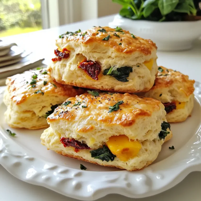 To make Sun-Dried Tomato Spinach Egg Biscuits, gather these items: - 2 cups all-purpose flour - 1 tablespoon baking powder - 1 teaspoon salt - ½ cup cold unsalted butter, cubed - 1 cup shredded aged cheddar cheese - 1 cup fresh spinach, chopped - ½ cup sun-dried tomatoes, chopped (packed in oil, drained) - 2 large eggs - ¾ cup milk - 1 teaspoon garlic powder - 1 teaspoon dried Italian herbs You can swap ingredients if needed. Here are some ideas: - Use whole wheat flour for a nutty taste. - Replace cheddar with mozzarella for a milder flavor. - Try fresh herbs instead of dried for more brightness. - Use vegan butter and plant-based milk for a dairy-free option. - Add cooked sausage or bacon for extra protein. Using fresh, high-quality ingredients makes a big difference. - Choose high-quality sun-dried tomatoes for rich flavor. - Fresh spinach adds color and nutrition. - Aged cheddar gives a stronger taste compared to mild cheese. - Cold butter helps create flaky layers in your biscuits. - Always check the expiration dates on your baking powder and flour. Fresh ingredients lead to better results. {{ingredient_image_1}} Start by preheating your oven to 425°F (220°C). This ensures the biscuits bake evenly. Line a baking sheet with parchment paper. This will help prevent sticking and make cleanup easy. In a large mixing bowl, combine two cups of all-purpose flour, one tablespoon of baking powder, one teaspoon of salt, and one teaspoon of garlic powder. Stir these dry ingredients together well. This mix gives the biscuits their structure and flavor. In a separate bowl, whisk together two large eggs and three-quarters of a cup of milk until smooth. Then, add your cold butter, cubed into half a cup, to the dry mix. Use your fingers or a pastry cutter to blend until it looks like coarse crumbs. Fold in one cup of shredded aged cheddar cheese, one cup of chopped fresh spinach, and half a cup of drained, chopped sun-dried tomatoes. Mix until everything is evenly coated. Turn your dough onto a floured surface. Knead it gently for about one minute. Then, pat the dough into a thick circle, about one inch high. Use a round cutter or a glass to cut out biscuits. Place them on your baking sheet. Bake in your preheated oven for 15 to 18 minutes. Look for a golden brown top. Once done, let them cool for a few minutes before enjoying. To get that fluffy, tender biscuit, keep the butter cold. When you cut it into the flour, aim for small, pea-sized pieces. This creates layers in the biscuit. Avoid overmixing the dough. Mix just until it comes together. If you want a richer flavor, try adding a little more cheese. The cheese also helps with moisture. If you have extra biscuits, let them cool completely. Store them in an airtight container at room temperature. They stay fresh for about two days. For longer storage, freeze them. Wrap each biscuit in plastic wrap, then place them in a freezer bag. They can last for up to three months in the freezer. These biscuits shine at breakfast or brunch. Serve them warm with a dollop of herb butter on top. They pair well with fresh fruit or a light salad. You can also use them as a base for a breakfast sandwich. Add an egg, some cheese, or even sliced avocado for a tasty meal. Enjoy the burst of flavor from the sun-dried tomatoes and spinach! Pro Tips Use Cold Ingredients: Ensure your butter and milk are cold to achieve flaky, tender biscuits. Don’t Overmix: Mix the dough just until combined; overmixing can make the biscuits tough. Customize Your Add-ins: Feel free to substitute other cheeses or vegetables based on your preference. Check for Doneness: Biscuits should be golden brown; if unsure, use a toothpick to check the center. {{image_2}} You can swap aged cheddar for other cheeses. Try mozzarella for a milder taste. Feta adds a nice tang, while gouda brings a smoky flavor. Goat cheese gives a creamy texture. Each choice changes the biscuit's taste, making it fun to explore. Want more protein? Add cooked bacon or ham. Chop them into small pieces and mix them in. Bacon brings a crispy, salty bite. Ham adds a savory depth. Both options make the biscuits heartier and more filling. Want to boost flavor? Consider adding more herbs or spices. Fresh basil or parsley can brighten the taste. A pinch of red pepper flakes gives a nice kick. Rosemary or thyme adds earthiness. Experiment with your favorites to create a unique twist. To keep your Sun-Dried Tomato Spinach Egg Biscuits fresh, store them in an airtight container. This helps retain their moisture and flavor. If you plan to eat them within a couple of days, leave them at room temperature. For longer storage, refrigerate them. They can last up to a week in the fridge. Just make sure they are fully cooled before sealing them. Freezing is a great way to save extra biscuits. First, let the biscuits cool completely. Then, place them in a single layer on a baking sheet. Freeze them for about an hour. This helps them keep their shape. After they’re firm, move them to a freezer bag. Remove as much air as possible before sealing. They can last up to three months in the freezer. To reheat, preheat your oven to 350°F (175°C). Place the biscuits on a baking sheet. Heat them for about 10-15 minutes, or until warmed through. You can also microwave them for about 30 seconds. However, the oven gives them a better texture. Enjoy them warm for the best taste! Yes, you can use whole wheat flour. The biscuits will have a denser texture. You might need to add a bit more liquid since whole wheat absorbs more moisture. Start with an extra tablespoon of milk if your dough seems too dry. To make these biscuits gluten-free, use a gluten-free flour blend. Ensure it has a binding agent, like xanthan gum. Follow the package instructions for the best results. The texture may vary, but they will still taste great! You can add many vegetables to these biscuits. Consider bell peppers, zucchini, or mushrooms. Just make sure to chop them finely and remove excess moisture. This way, they blend well with the dough without making it soggy. Yes, you can prepare the dough a day in advance. Just wrap it tightly and refrigerate. When ready to bake, roll it out and cut the biscuits. They will still taste fresh and delicious! You can create tasty sun-dried tomato spinach egg biscuits by following these steps. We discussed key ingredients, simple instructions, and helpful tips to make perfect biscuits. Exploring variations allows you to customize your biscuits just how you like them. Finally, we covered storage and reheating tricks to keep them fresh. Enjoy experimenting with flavors and techniques to serve delicious biscuits that everyone will love. Happy baking!