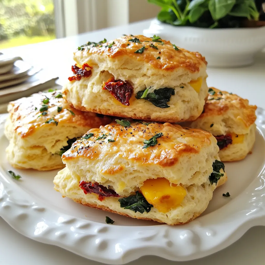 To make Sun-Dried Tomato Spinach Egg Biscuits, gather these items: - 2 cups all-purpose flour - 1 tablespoon baking powder - 1 teaspoon salt - ½ cup cold unsalted butter, cubed - 1 cup shredded aged cheddar cheese - 1 cup fresh spinach, chopped - ½ cup sun-dried tomatoes, chopped (packed in oil, drained) - 2 large eggs - ¾ cup milk - 1 teaspoon garlic powder - 1 teaspoon dried Italian herbs You can swap ingredients if needed. Here are some ideas: - Use whole wheat flour for a nutty taste. - Replace cheddar with mozzarella for a milder flavor. - Try fresh herbs instead of dried for more brightness. - Use vegan butter and plant-based milk for a dairy-free option. - Add cooked sausage or bacon for extra protein. Using fresh, high-quality ingredients makes a big difference. - Choose high-quality sun-dried tomatoes for rich flavor. - Fresh spinach adds color and nutrition. - Aged cheddar gives a stronger taste compared to mild cheese. - Cold butter helps create flaky layers in your biscuits. - Always check the expiration dates on your baking powder and flour. Fresh ingredients lead to better results. {{ingredient_image_1}} Start by preheating your oven to 425°F (220°C). This ensures the biscuits bake evenly. Line a baking sheet with parchment paper. This will help prevent sticking and make cleanup easy. In a large mixing bowl, combine two cups of all-purpose flour, one tablespoon of baking powder, one teaspoon of salt, and one teaspoon of garlic powder. Stir these dry ingredients together well. This mix gives the biscuits their structure and flavor. In a separate bowl, whisk together two large eggs and three-quarters of a cup of milk until smooth. Then, add your cold butter, cubed into half a cup, to the dry mix. Use your fingers or a pastry cutter to blend until it looks like coarse crumbs. Fold in one cup of shredded aged cheddar cheese, one cup of chopped fresh spinach, and half a cup of drained, chopped sun-dried tomatoes. Mix until everything is evenly coated. Turn your dough onto a floured surface. Knead it gently for about one minute. Then, pat the dough into a thick circle, about one inch high. Use a round cutter or a glass to cut out biscuits. Place them on your baking sheet. Bake in your preheated oven for 15 to 18 minutes. Look for a golden brown top. Once done, let them cool for a few minutes before enjoying. To get that fluffy, tender biscuit, keep the butter cold. When you cut it into the flour, aim for small, pea-sized pieces. This creates layers in the biscuit. Avoid overmixing the dough. Mix just until it comes together. If you want a richer flavor, try adding a little more cheese. The cheese also helps with moisture. If you have extra biscuits, let them cool completely. Store them in an airtight container at room temperature. They stay fresh for about two days. For longer storage, freeze them. Wrap each biscuit in plastic wrap, then place them in a freezer bag. They can last for up to three months in the freezer. These biscuits shine at breakfast or brunch. Serve them warm with a dollop of herb butter on top. They pair well with fresh fruit or a light salad. You can also use them as a base for a breakfast sandwich. Add an egg, some cheese, or even sliced avocado for a tasty meal. Enjoy the burst of flavor from the sun-dried tomatoes and spinach! Pro Tips Use Cold Ingredients: Ensure your butter and milk are cold to achieve flaky, tender biscuits. Don’t Overmix: Mix the dough just until combined; overmixing can make the biscuits tough. Customize Your Add-ins: Feel free to substitute other cheeses or vegetables based on your preference. Check for Doneness: Biscuits should be golden brown; if unsure, use a toothpick to check the center. {{image_2}} You can swap aged cheddar for other cheeses. Try mozzarella for a milder taste. Feta adds a nice tang, while gouda brings a smoky flavor. Goat cheese gives a creamy texture. Each choice changes the biscuit's taste, making it fun to explore. Want more protein? Add cooked bacon or ham. Chop them into small pieces and mix them in. Bacon brings a crispy, salty bite. Ham adds a savory depth. Both options make the biscuits heartier and more filling. Want to boost flavor? Consider adding more herbs or spices. Fresh basil or parsley can brighten the taste. A pinch of red pepper flakes gives a nice kick. Rosemary or thyme adds earthiness. Experiment with your favorites to create a unique twist. To keep your Sun-Dried Tomato Spinach Egg Biscuits fresh, store them in an airtight container. This helps retain their moisture and flavor. If you plan to eat them within a couple of days, leave them at room temperature. For longer storage, refrigerate them. They can last up to a week in the fridge. Just make sure they are fully cooled before sealing them. Freezing is a great way to save extra biscuits. First, let the biscuits cool completely. Then, place them in a single layer on a baking sheet. Freeze them for about an hour. This helps them keep their shape. After they’re firm, move them to a freezer bag. Remove as much air as possible before sealing. They can last up to three months in the freezer. To reheat, preheat your oven to 350°F (175°C). Place the biscuits on a baking sheet. Heat them for about 10-15 minutes, or until warmed through. You can also microwave them for about 30 seconds. However, the oven gives them a better texture. Enjoy them warm for the best taste! Yes, you can use whole wheat flour. The biscuits will have a denser texture. You might need to add a bit more liquid since whole wheat absorbs more moisture. Start with an extra tablespoon of milk if your dough seems too dry. To make these biscuits gluten-free, use a gluten-free flour blend. Ensure it has a binding agent, like xanthan gum. Follow the package instructions for the best results. The texture may vary, but they will still taste great! You can add many vegetables to these biscuits. Consider bell peppers, zucchini, or mushrooms. Just make sure to chop them finely and remove excess moisture. This way, they blend well with the dough without making it soggy. Yes, you can prepare the dough a day in advance. Just wrap it tightly and refrigerate. When ready to bake, roll it out and cut the biscuits. They will still taste fresh and delicious! You can create tasty sun-dried tomato spinach egg biscuits by following these steps. We discussed key ingredients, simple instructions, and helpful tips to make perfect biscuits. Exploring variations allows you to customize your biscuits just how you like them. Finally, we covered storage and reheating tricks to keep them fresh. Enjoy experimenting with flavors and techniques to serve delicious biscuits that everyone will love. Happy baking!