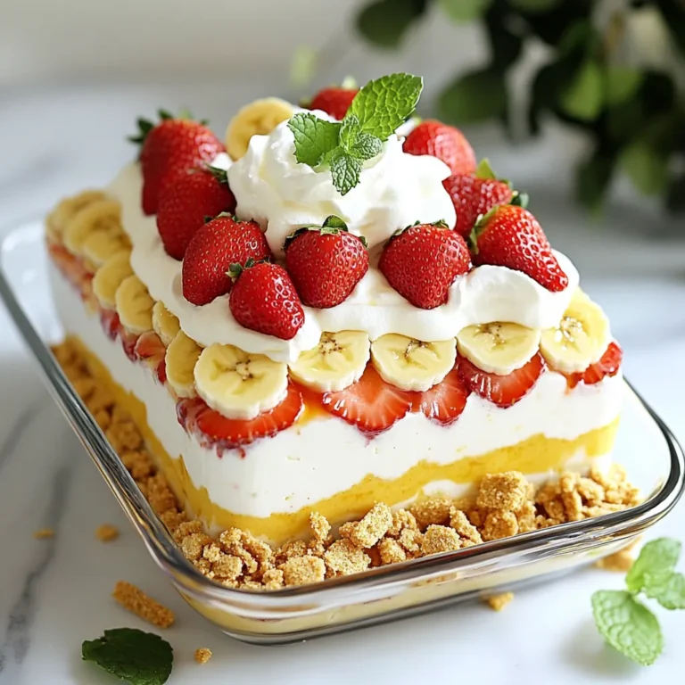 To make a delicious No-Bake Strawberry Banana Pudding, gather these simple ingredients: - 1 cup strawberries, hulled and sliced - 1 cup bananas, sliced - 2 cups vanilla pudding (store-bought or homemade) - 1 cup whipped cream (store-bought or homemade) - 1 package (about 10 oz) graham crackers, crushed - 1 teaspoon vanilla extract - Optional: fresh mint leaves for garnish Each ingredient brings its own flavor and texture. The strawberries add a sweet and tart burst, while the bananas bring a creamy sweetness. Vanilla pudding creates a rich base, and whipped cream adds lightness. The crushed graham crackers give a satisfying crunch. Don't forget the mint for a pop of color and freshness! Feel free to mix things up with your favorite fruits. This recipe is all about creativity and fun. Enjoy each step as you create this easy and tasty dessert! {{ingredient_image_1}} Start by mixing the vanilla pudding with the vanilla extract. Use a large mixing bowl for this. Stir the two together until they blend well. This helps to get a smooth and tasty pudding. Next, gently fold in the whipped cream. This makes the pudding light and fluffy. Be careful not to stir too hard. You want to keep that airy texture. Now, it's time to layer your ingredients. Grab a rectangular dish or some pretty glasses. Begin with a layer of crushed graham crackers at the bottom. This adds a nice crunch. Then, spread a layer of the vanilla pudding mixture on top. After that, add a layer of sliced bananas. Follow with a layer of sliced strawberries. Keep repeating these layers until you run out of ingredients. Finish with a layer of pudding on top for a great look. Once you finish layering, cover the dish with plastic wrap. Place it in the fridge for at least 2 hours. This helps the flavors mix together and the graham crackers to soften. When you are ready to serve, take the pudding out of the fridge. Garnish the top with more whipped cream, fresh strawberry slices, and banana slices. Adding mint leaves gives a lovely touch too. Enjoy your delicious creation! To make the best no-bake strawberry banana pudding, start by choosing your pudding base. You can use homemade or store-bought vanilla pudding. Homemade pudding often has a creamier texture. It can enhance the flavor. However, store-bought saves you time and effort. Both options work well, so pick what suits you best. Chilling the pudding is key. After you layer the ingredients, cover the dish and refrigerate it for at least 2 hours. This time lets the flavors blend. It also softens the graham crackers, making them easier to enjoy. Garnishing your pudding makes it look amazing. Use extra whipped cream on top for a fluffy finish. Add fresh slices of strawberries and bananas for color and taste. Fresh mint leaves can add a nice touch too. They give a burst of green and freshness. When choosing fruits for your topping, stick with what complements strawberries and bananas. Other berries like blueberries or raspberries can add variety. You can even try peaches for a twist. The key is to have fun with it and make it look pretty! Pro Tips Use Ripe Fruits: Ensure your strawberries and bananas are perfectly ripe for the best flavor and sweetness in your pudding. Chill the Pudding: Allowing the pudding to chill for at least 2 hours helps the flavors meld and the texture to set beautifully. Customize Your Layers: Feel free to add other fruits like blueberries or peaches for a unique twist on this classic dessert. Graham Cracker Alternatives: For a gluten-free option, substitute graham crackers with crushed gluten-free cookies or use crushed nuts for added crunch. {{image_2}} You can change the fruit in your pudding. Other berries work great too. Try using blueberries or raspberries for a twist. If you want to add even more flavor, think about peaches or kiwi. These fruits add a bright taste and nice color. Just make sure to slice them thinly so they mix well. Want to take your pudding to the next level? Add chocolate or caramel for a sweet surprise. You can drizzle these over the layers for extra richness. If you prefer less sugar, use honey or agave. Just a spoonful can adjust the sweetness to your liking. These simple swaps keep your dessert exciting and tasty! To keep your No-Bake Strawberry Banana Pudding fresh, refrigeration is key. After you layer the pudding, cover it tightly with plastic wrap. This prevents air from getting in and keeps the flavors intact. Store it in the fridge until you are ready to serve. For leftovers, scoop the pudding into smaller containers. This makes it easy to grab and enjoy later. Your pudding will stay fresh in the fridge for about three days. After that, the texture and flavor may change. Look for signs that the pudding has gone bad. If you see any liquid separation or an off smell, it’s best to toss it. Always trust your senses; they are your best guide! Yes, you can make this pudding a day in advance. Just layer all the ingredients and chill it. The longer it sits, the better the flavors blend. You will love how easy it is! If you want a change, try using vanilla wafers or digestive biscuits. These will add a nice twist to the texture. You can also use crushed cookies for a unique flavor. You can store leftover pudding in the fridge for about three days. Make sure to cover it well. This keeps it fresh and tasty for your next snack! Freezing is not the best for this pudding. The texture may change when thawing. It is best enjoyed fresh or refrigerated. Yes, you can make this pudding gluten-free! Just use gluten-free graham crackers or any gluten-free cookie. This way, everyone can enjoy it without worry. This blog post walks you through making a delicious no-bake strawberry banana pudding. You learned the key ingredients, simple steps, and helpful tips. With options to change up fruits or flavors, the recipe is easy to adapt. Storing tips ensure your pudding stays fresh. Enjoy making this treat—it's fun and ideal for sharing! I hope you try it and impress your family and friends. Dive into this tasty dessert and make it your own!