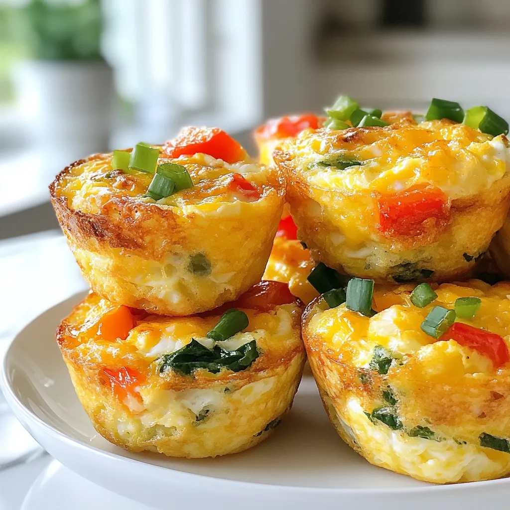 - 1 cup cottage cheese - 6 large eggs - 1/2 cup bell peppers, diced - 1/2 cup spinach, chopped Cottage cheese is the star in these muffins. It gives a creamy texture. Eggs bind the mix and add protein. Bell peppers bring a sweet crunch, and spinach adds nutrients. These ingredients make a healthy, tasty breakfast. - 1/2 teaspoon garlic powder - 1/2 teaspoon onion powder - Salt and pepper to taste - 1/2 cup cheddar cheese, shredded (optional) Seasoning is key. Garlic powder and onion powder boost flavor. Salt and pepper balance everything out. If you like cheese, add cheddar for extra creaminess. This makes the muffins even more delicious. - Cooking spray or olive oil Greasing the muffin tin is important. Use cooking spray or a bit of olive oil. This helps the muffins pop out easily after baking. A well-greased tin is your best friend for perfect muffins. {{ingredient_image_1}} First, preheat your oven to 350°F (175°C). This step warms the oven for even baking. Next, grease your muffin tin using cooking spray or a little olive oil. This helps the muffins release easily once baked. Make sure every cup is well-coated to avoid sticking. In a large mixing bowl, whisk together 6 large eggs and 1 cup of cottage cheese. Mix them until they blend well. Then, add in your veggies: 1/2 cup of diced bell peppers, 1/4 cup of chopped green onions, and 1/2 cup of chopped spinach. Stir these together gently. Next, sprinkle in 1/2 teaspoon each of garlic powder and onion powder. Add salt and pepper to taste. Mix everything well so the flavors spread evenly. If you like cheese, fold in 1/2 cup of shredded cheddar cheese for extra creaminess. Now, pour the egg mixture into the prepared muffin tin. Fill each cup about 3/4 full. This allows room for the muffins to rise. Bake in the preheated oven for 20-25 minutes. To check if they are done, insert a toothpick in the center of a muffin. It should come out clean. When they are baked, let the muffins cool for about 5 minutes. This makes them easier to remove from the tin. Carefully take them out and place them on a plate. Enjoy your delicious and fluffy cottage cheese egg muffins! To get that light and fluffy texture, whisk your eggs and cottage cheese well. This step adds air into the mix, making your muffins rise nicely. Use a large bowl and a whisk to combine them until smooth. When baking, keep an eye on the time and temperature. Bake your muffins at 350°F for about 20-25 minutes. If your oven runs hot, check them a bit sooner. A toothpick should come out clean when they are done. For a beautiful presentation, arrange your muffins on a colorful platter. Garnish with fresh herbs like parsley or extra green onions. This makes them look even more tempting. These muffins pair well with sides like fresh fruit or yogurt. You can also serve them with dips like salsa or avocado. This adds flavor and variety to your meal. Feel free to add other vegetables to your muffins. Zucchini, tomatoes, or even mushrooms work great. Just chop them small so they mix well. You can also swap the cheddar cheese for other types. Feta or mozzarella adds different flavors. Experiment and find your favorite mix! Pro Tips Use Fresh Ingredients: Opt for fresh vegetables and herbs to enhance the flavor and nutritional value of your muffins. Experiment with Add-ins: Feel free to add cooked bacon, sausage, or other veggies to customize the muffins to your taste. Store for Easy Meals: These muffins can be frozen for up to 3 months. Just reheat in the microwave for a quick breakfast! Perfect Portion Control: Use a measuring cup to ensure each muffin cup is filled evenly for consistent baking. {{image_2}} You can easily change this recipe to fit your needs. For a gluten-free option, make sure to check that all ingredients are gluten-free. Most of the ingredients, like eggs and cottage cheese, are naturally gluten-free. You can also use gluten-free flour if you want to make it thicker. If you prefer dairy-free, there are great alternatives. You can swap cottage cheese with almond or cashew cheese. Use a dairy-free cheese that melts well, or simply leave it out. This keeps the muffins tasty without the dairy. To make these muffins extra tasty, try adding herbs and spices. Fresh herbs like basil or parsley add a bright flavor. You can also use dried herbs like oregano or thyme. Spices like paprika or chili powder give a nice kick. Adding meats like ham or turkey boosts protein and flavor. Simply chop them into small pieces and mix them in. You can also use cooked bacon or sausage for a savory twist. You can change the size of the muffins based on your needs. For mini muffins, fill each cup only halfway. Bake them for about 15-20 minutes. They will be perfect for snacks or a light breakfast. If you want larger muffins, fill the cups more, but don’t fill them to the top. Larger muffins will take a bit longer to cook, around 25-30 minutes. Just check them with a toothpick to see if they are done. To keep your Fluffy Cottage Cheese Egg Muffins fresh, store them in airtight containers. This helps prevent moisture loss and keeps them tasty. I recommend using glass or plastic containers with tight-fitting lids. Place the muffins in the fridge if you plan to eat them within a week. They will stay fresh and safe to eat for up to five days. When you're ready to enjoy your muffins again, there are easy ways to reheat them. For quick reheating, use the microwave. Place one muffin on a microwave-safe plate and heat for about 30 seconds. Check if it's warm enough; if not, heat in 10-second bursts. For a crispier texture, use the oven. Preheat it to 350°F (175°C). Place the muffins on a baking sheet and heat for 10-15 minutes. This method keeps the outside a bit crunchy. You can freeze these muffins for later. To freeze them, let the muffins cool completely first. Then, wrap each muffin in plastic wrap. Place the wrapped muffins in a freezer-safe bag or container. They will stay fresh for up to three months. When you're ready to eat, take them out and let them thaw in the fridge overnight. You can also thaw them in the microwave. Just be careful not to overheat them! To make your muffins fluffier, focus on two key adjustments. First, whisk the eggs and cottage cheese well until they are smooth and light. This step adds air to the mixture. Second, do not overmix after adding the vegetables. Gentle folding keeps the texture airy. You can also bake at a slightly higher temperature for the first few minutes to create a nice rise. Yes, you can use only egg whites. However, this change will alter the texture and taste. Egg whites provide less richness compared to whole eggs. Your muffins may turn out less moist and a bit rubbery. If you prefer a lighter taste, you can replace some of the eggs with whites. A mix of whole eggs and whites works well too. These muffins last about 5 days in the fridge. Store them in an airtight container to keep them fresh. If you want to keep them longer, freeze the muffins. They can last up to 3 months in the freezer. Just remember to thaw them in the fridge overnight before reheating. Yes, you can use frozen vegetables. They are a great time-saver. Just make sure to thaw and drain them before adding. This prevents extra moisture in your muffins. Frozen spinach, bell peppers, or onions work perfectly. They will still taste great and save you prep time! This blog post covered making delicious breakfast muffins with cottage cheese, eggs, and veggies. We explored tips for achieving a fluffy texture and various ways to customize your muffins. You learned about storage and reheating, ensuring your muffins stay fresh and tasty. These muffins are simple, fun, and full of flavor. Whether you need a quick breakfast or a snack, they fit the bill. Try adding your favorite ingredients to make them even better. Enjoy your cooking and the tasty results!
