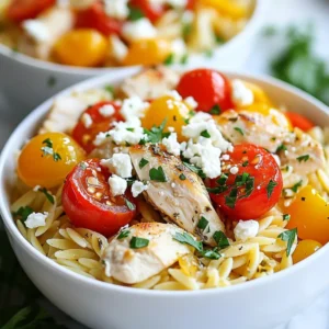 - 1 lb chicken breast, diced - 1 tablespoon olive oil - 1 medium onion, chopped - 3 cloves garlic, minced - 1 cup cherry tomatoes, halved - 1 cup bell peppers, diced (red or yellow) - 1 teaspoon dried oregano - 1 teaspoon dried basil - 1/2 teaspoon paprika - 1 cup orzo pasta - 4 cups chicken broth - 1 cup fresh spinach, roughly chopped - 1/2 cup feta cheese, crumbled - Salt and pepper to taste - Fresh parsley, for garnish You can swap chicken breast for turkey or firm tofu. Both work great. For the orzo, try quinoa or rice for a gluten-free option. If you don&rsquo;t have fresh spinach, use kale or Swiss chard. You can change cherry tomatoes to diced canned tomatoes for a different taste. If feta cheese is not available, goat cheese or ricotta makes a nice choice. Each serving of this dish is packed with nutrients. The chicken offers protein, while orzo adds carbohydrates. The veggies bring fiber and vitamins. Feta cheese gives healthy fats and adds flavor. This meal is well-balanced and fills you up without weighing you down. It is great for a family dinner or meal prep. {{ingredient_image_1}} 1. Heat one tablespoon of olive oil in a large pot over medium heat. 2. Add one pound of diced chicken breast and season with salt and pepper. Cook for 5-7 minutes until the chicken turns golden brown. 3. Next, add one chopped onion and three minced garlic cloves. Saut&eacute; these for 2-3 minutes until the onion becomes clear. 4. Stir in one cup of halved cherry tomatoes, one cup of diced bell peppers, one teaspoon of dried oregano, one teaspoon of dried basil, and half a teaspoon of paprika. Cook for another 3-4 minutes until the vegetables soften. 5. Now, add one cup of orzo pasta and four cups of chicken broth to the pot. Bring this to a boil. Then lower the heat and cover the pot. Let it simmer for 10-12 minutes until the orzo is tender and the liquid is mostly gone. 6. Finally, add one cup of roughly chopped fresh spinach and half a cup of crumbled feta cheese. Mix until the spinach wilts. Taste and add more salt or pepper if needed. - Chicken Browning: Make sure the chicken is in a single layer. This helps it brown better. - Onion and Garlic: Stir often to prevent burning. You want them soft, not brown. - Adding Vegetables: Add them in stages. This keeps their colors bright and flavors fresh. - Simmering Orzo: Keep the pot covered for better heat control. This helps the orzo cook evenly. - Final Mixing: Gently fold in the spinach and feta. This keeps the cheese fluffy and the spinach intact. Cooking times are key for perfect results. If you rush, the chicken can be undercooked and unsafe. The orzo needs time to absorb flavors. Simmering lets all the tastes blend together. If you overcook the orzo, it becomes mushy. Pay attention to the times. They help you create a tasty dish every time. To boost flavors in your One-Pot Mediterranean Chicken Orzo, start with fresh herbs. Fresh basil and parsley add bright notes. You can also use lemon juice for a zesty kick. Add a splash of balsamic vinegar for depth. This dish loves a good balance of salt, so taste as you go. Using high-quality olive oil makes a difference. It adds richness that enhances every bite. You can also mix in olives or capers for a briny touch. If you want a spicy kick, consider adding red pepper flakes. One common mistake is overcooking the chicken. This can make it dry and tough. Cook it just until golden brown. Another mistake is adding too much broth at once. You want the orzo to soak it up, not swim in it. Keep an eye on the cooking time for the orzo. If overcooked, it turns mushy. Not seasoning at each step can lead to blandness. Make sure to season the chicken, vegetables, and broth. Also, don&rsquo;t skip the resting time after cooking. It helps flavors meld together. For serving, use shallow bowls to show off the colors. Garnish with fresh parsley and extra feta cheese. A side of crusty bread pairs well for dipping. You can also serve it with a light salad for a fresh crunch. If you want to elevate it further, drizzle a little extra virgin olive oil on top. This adds a nice finish and enhances flavors. Enjoy your dish warm for the best taste experience. Pro Tips Choose Fresh Ingredients: Using fresh vegetables and herbs will enhance the flavors of your dish significantly, making it more vibrant and delicious. Monitor Orzo Cooking Time: Orzo can become mushy if overcooked. Keep an eye on it and taste-test a minute or two before the recommended cooking time. Customize with Vegetables: Feel free to add other vegetables like zucchini or olives for added flavor and nutrition. Just adjust the cooking time accordingly. Serve Immediately: This dish is best enjoyed fresh. If you let it sit too long, the orzo may absorb too much liquid and lose its creamy texture. {{image_2}} To make a vegetarian version, swap chicken for chickpeas. Use one can of drained and rinsed chickpeas. This change keeps the dish hearty and protein-rich. You can also add more veggies like zucchini or eggplant for extra flavor and texture. Consider adding shrimp or cooked sausage for a protein boost. Just add them in the last few minutes of cooking. For more vegetables, try adding broccoli, kale, or carrots. These options enhance nutrition and color. If you want a different taste, try adding lemon zest and juice. This will give the dish a fresh, bright flavor. You can also use fresh herbs like thyme or cilantro. Just toss them in at the end for the best flavor. To store your One-Pot Mediterranean Chicken Orzo, let it cool first. Once it's cool, place it in an airtight container. This helps keep it fresh and tasty. You can store it in the fridge for up to three days. Make sure to label your container with the date. This way, you know when to eat it. When you're ready to enjoy your leftovers, reheat gently. You can use a microwave or a stovetop. If using a microwave, place the orzo in a bowl. Add a splash of chicken broth or water to keep it moist. Heat in short bursts, stirring often. If using the stovetop, place it in a pan over low heat. Stir frequently until warmed through. This keeps your dish from drying out. You can also freeze your One-Pot Mediterranean Chicken Orzo. To do this, let it cool completely. Then, transfer it to a freezer-safe container. It can last up to three months in the freezer. When you're ready to eat it, thaw it in the fridge overnight. Reheat using the methods above. This makes for a quick meal later on! Yes, you can use other pasta types. You might try small shells, penne, or even gluten-free pasta. Just check the cooking time. Some pasta takes longer, and some cooks faster. Adjust the broth and time as needed. For best results, use a shape that holds sauce well. If you want to swap out chicken, try chickpeas or tofu. Both options add protein and work well with the flavors. You can also use shrimp or cooked sausage for a different taste. Just add them in the same way as the chicken, adjusting cook times as needed. To make this dish gluten-free, use gluten-free orzo or another gluten-free pasta shape. You can find these at most grocery stores. Make sure to check the labels for any hidden gluten. The rest of the ingredients are already gluten-free, so you are good to go! This blog post covered the key parts of making a one-pot Mediterranean orzo dish. We discussed the ingredients, step-by-step instructions, and useful tips. You learned how to enhance flavors and avoid common mistakes. I also shared ways to adjust the recipe for different diets and how to store leftovers. Cooking can be easy and fun. With the right knowledge, you can make a delicious meal with confidence. Enjoy experimenting and sharing this dish with others!