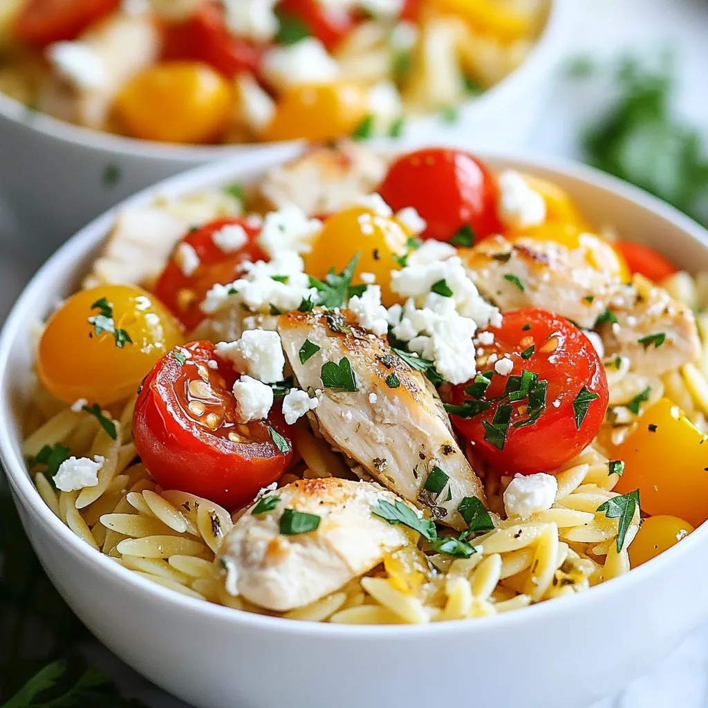 - 1 lb chicken breast, diced - 1 tablespoon olive oil - 1 medium onion, chopped - 3 cloves garlic, minced - 1 cup cherry tomatoes, halved - 1 cup bell peppers, diced (red or yellow) - 1 teaspoon dried oregano - 1 teaspoon dried basil - 1/2 teaspoon paprika - 1 cup orzo pasta - 4 cups chicken broth - 1 cup fresh spinach, roughly chopped - 1/2 cup feta cheese, crumbled - Salt and pepper to taste - Fresh parsley, for garnish You can swap chicken breast for turkey or firm tofu. Both work great. For the orzo, try quinoa or rice for a gluten-free option. If you don’t have fresh spinach, use kale or Swiss chard. You can change cherry tomatoes to diced canned tomatoes for a different taste. If feta cheese is not available, goat cheese or ricotta makes a nice choice. Each serving of this dish is packed with nutrients. The chicken offers protein, while orzo adds carbohydrates. The veggies bring fiber and vitamins. Feta cheese gives healthy fats and adds flavor. This meal is well-balanced and fills you up without weighing you down. It is great for a family dinner or meal prep. {{ingredient_image_1}} 1. Heat one tablespoon of olive oil in a large pot over medium heat. 2. Add one pound of diced chicken breast and season with salt and pepper. Cook for 5-7 minutes until the chicken turns golden brown. 3. Next, add one chopped onion and three minced garlic cloves. Sauté these for 2-3 minutes until the onion becomes clear. 4. Stir in one cup of halved cherry tomatoes, one cup of diced bell peppers, one teaspoon of dried oregano, one teaspoon of dried basil, and half a teaspoon of paprika. Cook for another 3-4 minutes until the vegetables soften. 5. Now, add one cup of orzo pasta and four cups of chicken broth to the pot. Bring this to a boil. Then lower the heat and cover the pot. Let it simmer for 10-12 minutes until the orzo is tender and the liquid is mostly gone. 6. Finally, add one cup of roughly chopped fresh spinach and half a cup of crumbled feta cheese. Mix until the spinach wilts. Taste and add more salt or pepper if needed. - Chicken Browning: Make sure the chicken is in a single layer. This helps it brown better. - Onion and Garlic: Stir often to prevent burning. You want them soft, not brown. - Adding Vegetables: Add them in stages. This keeps their colors bright and flavors fresh. - Simmering Orzo: Keep the pot covered for better heat control. This helps the orzo cook evenly. - Final Mixing: Gently fold in the spinach and feta. This keeps the cheese fluffy and the spinach intact. Cooking times are key for perfect results. If you rush, the chicken can be undercooked and unsafe. The orzo needs time to absorb flavors. Simmering lets all the tastes blend together. If you overcook the orzo, it becomes mushy. Pay attention to the times. They help you create a tasty dish every time. To boost flavors in your One-Pot Mediterranean Chicken Orzo, start with fresh herbs. Fresh basil and parsley add bright notes. You can also use lemon juice for a zesty kick. Add a splash of balsamic vinegar for depth. This dish loves a good balance of salt, so taste as you go. Using high-quality olive oil makes a difference. It adds richness that enhances every bite. You can also mix in olives or capers for a briny touch. If you want a spicy kick, consider adding red pepper flakes. One common mistake is overcooking the chicken. This can make it dry and tough. Cook it just until golden brown. Another mistake is adding too much broth at once. You want the orzo to soak it up, not swim in it. Keep an eye on the cooking time for the orzo. If overcooked, it turns mushy. Not seasoning at each step can lead to blandness. Make sure to season the chicken, vegetables, and broth. Also, don’t skip the resting time after cooking. It helps flavors meld together. For serving, use shallow bowls to show off the colors. Garnish with fresh parsley and extra feta cheese. A side of crusty bread pairs well for dipping. You can also serve it with a light salad for a fresh crunch. If you want to elevate it further, drizzle a little extra virgin olive oil on top. This adds a nice finish and enhances flavors. Enjoy your dish warm for the best taste experience. Pro Tips Choose Fresh Ingredients: Using fresh vegetables and herbs will enhance the flavors of your dish significantly, making it more vibrant and delicious. Monitor Orzo Cooking Time: Orzo can become mushy if overcooked. Keep an eye on it and taste-test a minute or two before the recommended cooking time. Customize with Vegetables: Feel free to add other vegetables like zucchini or olives for added flavor and nutrition. Just adjust the cooking time accordingly. Serve Immediately: This dish is best enjoyed fresh. If you let it sit too long, the orzo may absorb too much liquid and lose its creamy texture. {{image_2}} To make a vegetarian version, swap chicken for chickpeas. Use one can of drained and rinsed chickpeas. This change keeps the dish hearty and protein-rich. You can also add more veggies like zucchini or eggplant for extra flavor and texture. Consider adding shrimp or cooked sausage for a protein boost. Just add them in the last few minutes of cooking. For more vegetables, try adding broccoli, kale, or carrots. These options enhance nutrition and color. If you want a different taste, try adding lemon zest and juice. This will give the dish a fresh, bright flavor. You can also use fresh herbs like thyme or cilantro. Just toss them in at the end for the best flavor. To store your One-Pot Mediterranean Chicken Orzo, let it cool first. Once it's cool, place it in an airtight container. This helps keep it fresh and tasty. You can store it in the fridge for up to three days. Make sure to label your container with the date. This way, you know when to eat it. When you're ready to enjoy your leftovers, reheat gently. You can use a microwave or a stovetop. If using a microwave, place the orzo in a bowl. Add a splash of chicken broth or water to keep it moist. Heat in short bursts, stirring often. If using the stovetop, place it in a pan over low heat. Stir frequently until warmed through. This keeps your dish from drying out. You can also freeze your One-Pot Mediterranean Chicken Orzo. To do this, let it cool completely. Then, transfer it to a freezer-safe container. It can last up to three months in the freezer. When you're ready to eat it, thaw it in the fridge overnight. Reheat using the methods above. This makes for a quick meal later on! Yes, you can use other pasta types. You might try small shells, penne, or even gluten-free pasta. Just check the cooking time. Some pasta takes longer, and some cooks faster. Adjust the broth and time as needed. For best results, use a shape that holds sauce well. If you want to swap out chicken, try chickpeas or tofu. Both options add protein and work well with the flavors. You can also use shrimp or cooked sausage for a different taste. Just add them in the same way as the chicken, adjusting cook times as needed. To make this dish gluten-free, use gluten-free orzo or another gluten-free pasta shape. You can find these at most grocery stores. Make sure to check the labels for any hidden gluten. The rest of the ingredients are already gluten-free, so you are good to go! This blog post covered the key parts of making a one-pot Mediterranean orzo dish. We discussed the ingredients, step-by-step instructions, and useful tips. You learned how to enhance flavors and avoid common mistakes. I also shared ways to adjust the recipe for different diets and how to store leftovers. Cooking can be easy and fun. With the right knowledge, you can make a delicious meal with confidence. Enjoy experimenting and sharing this dish with others!