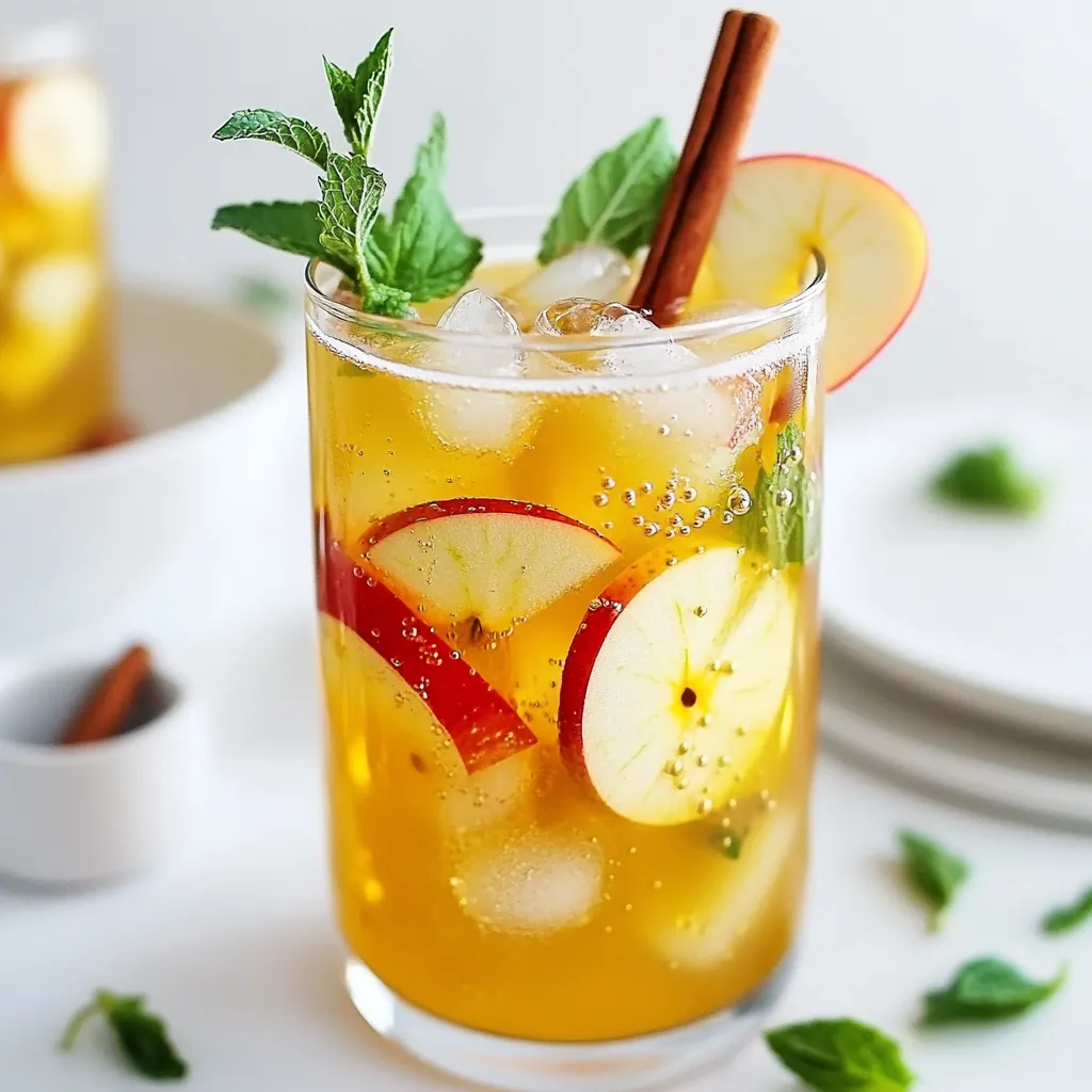 Let’s gather everything you need for the Sparkling Apple Cider Mocktail. This drink is simple and fun to make. Here’s your list of ingredients: - 2 cups apple cider - 1 cup sparkling water - 1 tablespoon lemon juice - 1 tablespoon maple syrup (optional) - 1/2 teaspoon ground cinnamon - Apple slices and cinnamon sticks for garnish - Fresh mint leaves (optional) Each ingredient plays a key role in making this drink tasty. Apple cider gives it a sweet, rich flavor. The sparkling water adds fizz, making it exciting to drink. Lemon juice brings a bright touch. Maple syrup can add sweetness if you like it that way. Ground cinnamon gives a warm hint, reminding us of cozy times. The apple slices and cinnamon sticks make it look pretty. Fresh mint leaves can add a fresh taste if you want. When you gather these ingredients, you set yourself up for a delicious experience. Trust me, this mocktail is a treat for both your eyes and taste buds! 1. Combine the apple cider, lemon juice, and maple syrup In a large pitcher, pour in 2 cups of apple cider. Add 1 tablespoon of lemon juice. If you like sweetness, include 1 tablespoon of maple syrup. Stir well to mix. 2. Mix in the ground cinnamon Add 1/2 teaspoon of ground cinnamon. Stir again until the cinnamon blends in well. This spice gives the drink a warm flavor. 3. Add sparkling water just before serving Just before you serve the drink, pour in 1 cup of sparkling water. This adds a nice fizz. Gently stir to combine without losing the bubbles. Now your Sparkling Apple Cider Mocktail is ready to enjoy! To make the best sparkling apple cider mocktail, you want even mixing. Start by combining the apple cider, lemon juice, and maple syrup in a large pitcher. Stir it well. This ensures that the flavors blend nicely. Add the ground cinnamon next. Stir again until it spreads evenly throughout the drink. This step is key. It gives the mocktail a warm, cozy flavor. When you add sparkling water, do it just before serving. This keeps the fizz fresh. Pour it in slowly, then gently stir. You don’t want to lose the bubbles! Garnishes can make your drink pop. Use fresh apple slices to add color. A cinnamon stick gives a nice touch and adds flavor. You can also add mint leaves for a fresh smell. It makes the drink feel special. If you want to get creative, try other fruits like pomegranate seeds or orange slices. These add a fun twist and make the glass look appealing. {{image_2}} You can make your sparkling apple cider mocktail even more fun by adding different flavors. Berries are a great choice. Try using fresh strawberries, blueberries, or raspberries. Just mash them slightly before adding to your drink. This gives your mocktail a burst of flavor and color. You can also mix in other fruit juices. Orange juice or cranberry juice can give a nice twist. Just keep the apple cider as your base. This will keep the drink refreshing. Another fun idea is to infuse the drink with herbs. Rosemary or thyme can add a unique taste. Simply add a few sprigs to the pitcher while mixing. Let it sit for a few minutes to release the flavors. Then remove the herbs before serving. Seasonal themes can make your mocktail special for any occasion. In fall, you can add pumpkin spice to your drink. Just a pinch will bring warm flavors. You can also use sliced apples that have been lightly sautéed in cinnamon. For the holidays, think about adding spices like nutmeg or cloves. This gives your mocktail a cozy feel. You can even create a holiday punch by using a larger batch. Add some ginger ale for extra fizz. These variations keep your sparkling apple cider mocktail exciting. Enjoy experimenting with these ideas! To keep your sparkling apple cider mocktail fresh, use a clean glass jar or pitcher. Make sure the container has a tight lid. This helps to prevent spills and keeps the drink tasting good. To keep the fizz intact, avoid shaking the mocktail. Instead, gently stir before serving. If you have leftovers, add the sparkling water just before you drink. This keeps the bubbles strong and lively. You can store the mocktail in the fridge for up to three days. After this time, the taste may change. If you notice a flat or stale flavor, it is best to toss it out. Look for changes in color or smell. If the mocktail looks cloudy or smells off, do not drink it. Enjoy your drink fresh for the best taste! Can I make this mocktail ahead of time? Yes, you can make this mocktail ahead of time. Just mix the apple cider, lemon juice, and maple syrup in a pitcher. Keep it in the fridge. Add the sparkling water just before serving. This keeps the fizz fresh and fun! Is it possible to make this recipe without lemon juice? Yes, you can skip the lemon juice. However, it adds a nice tart flavor. If you want a bit of zest, try using lime juice instead. This will still give it that refreshing kick. What can I substitute for maple syrup? You can use honey or agave syrup instead of maple syrup. Both options add sweetness. If you want to avoid added sugar, you can leave it out. The cider is sweet enough on its own! How do I make it less sweet? To make it less sweet, reduce the amount of apple cider or syrup. You can also add more sparkling water. This balances the sweetness and gives it a nice fizz. Adding a squeeze of lemon or lime juice can help too! You can make a delicious, fizzy apple cider mocktail with just a few simple steps. We covered key ingredients, preparation tips, and fun variations to try. Remember to stir carefully to keep the fizz alive. You can store leftovers in the fridge for a short time, but enjoy it fresh for the best taste. This drink is versatile and perfect for any season. Experiment with flavors and garnishes to make it your own. Enjoy your mocktail creation!