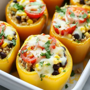 - 4 large bell peppers (any color) - 1 cup cooked brown rice - 1 cup black beans, rinsed and drained - 1 cup corn (frozen or fresh) - 1 cup cherry tomatoes, halved - 1 small red onion, finely chopped - 2 cloves garlic, minced - 1 teaspoon ground cumin - 1 teaspoon smoked paprika - 1 cup shredded cheese (mozzarella or cheddar) - 2 tablespoons olive oil - Salt and pepper to taste - Fresh cilantro for garnish Stuffed peppers are a great dish. They look fun and taste amazing. You can use any color of bell pepper. Each color has a slightly different taste. I love red peppers for their sweetness. The filling is where the magic happens. You start with cooked brown rice. It gives the dish a nice base. Black beans add protein. They also bring a soft texture. Corn adds sweetness and a pop of color. Cherry tomatoes bring juiciness. I use red onion for its mild taste. Garlic adds flavor depth. Cumin and smoked paprika are key spices. They give warmth and a smoky note. Cheese is the final touch. It melts beautifully over the top. I recommend mozzarella or cheddar for a creamy finish. Don&rsquo;t forget the olive oil! It helps with cooking and adds richness. Season with salt and pepper to balance the flavors. Finally, fresh cilantro brightens each bite. It adds a fresh feel to this vibrant meal. {{ingredient_image_1}} - Preheat your oven to 375&deg;F (190&deg;C). - Cut the tops off the bell peppers. Remove the seeds and membranes inside. Lightly brush the outside with olive oil. Place them upright in a baking dish. - In a large skillet, heat the remaining olive oil over medium heat. - Add the chopped onion and saut&eacute; for about 3-4 minutes until it is soft. - Stir in the minced garlic and cook for one more minute until it smells nice. - Add the cooked brown rice, black beans, corn, cherry tomatoes, ground cumin, smoked paprika, salt, and pepper. Mix everything well. Let it cook for 5-7 minutes. This helps the flavors blend. - Carefully spoon the veggie and rice mixture into each bell pepper. Pack it in gently but firmly. - Top each filled pepper with the remaining shredded cheese. - Cover the baking dish loosely with aluminum foil. Bake for 25 minutes. Then, remove the foil and bake for an extra 10 minutes. This makes the peppers soft and the cheese bubbly. - Take the dish out of the oven. Let it cool a bit before serving. Garnish with fresh cilantro for extra flavor. How to choose the best bell peppers When selecting bell peppers, look for firm ones with smooth skin. Choose bright colors that feel heavy for their size. Avoid any with soft spots or wrinkles. They should be fresh and crisp, which means they will taste better. Timing and temperature for perfect cooking Set your oven to 375&deg;F (190&deg;C) for the best results. Bake the peppers for 25 minutes covered with foil. After that, take off the foil and bake for another 10 minutes. This way, the peppers cook well and the cheese melts perfectly. Cheese options and substitutions For the cheese, I love using mozzarella or cheddar. Both melt nicely and add great flavor. If you want a dairy-free option, try nutritional yeast or vegan cheese. You can also use feta for a tangy twist. Presentation tips To make your dish eye-catching, serve stuffed peppers on a rustic board or colorful plate. Drizzle a bit of extra virgin olive oil on top for shine. Finish by sprinkling fresh cilantro for a pop of color and flavor. Side dishes that pair well Stuffed peppers go well with a fresh salad or a side of quinoa. You can also serve them with crispy tortilla chips and salsa for some crunch. These sides add texture and balance to your meal. Pro Tips Choose Colorful Peppers: Using a mix of colored bell peppers not only makes the dish visually appealing but also adds a variety of flavors and nutrients. Customize Your Filling: Feel free to add other ingredients like quinoa, spinach, or different beans based on your dietary preferences or what you have on hand. Make Ahead: You can prepare the filling a day in advance and stuff the peppers just before baking for a quick and easy weeknight meal. Experiment with Cheese: Try different types of cheese, such as feta or pepper jack, for a unique twist on the flavor profile of your stuffed peppers. {{image_2}} You can make stuffed peppers for different diets easily. For a vegetarian option, simply skip the black beans or cheese. Instead, add more veggies or grains. You can use mushrooms, zucchini, or spinach for added flavor and texture. If you want a vegan stuffed pepper, use dairy-free cheese or leave out the cheese altogether. Add nuts or seeds for protein. Chopped walnuts or sunflower seeds can give it a nice crunch. You can also use a plant-based cheese made from nuts. Spices and herbs can change the taste of your stuffed peppers. Try adding chili powder for heat or oregano for a Mediterranean touch. Fresh herbs like basil or parsley can give a bright flavor. You can also switch up the filling. Instead of rice, use quinoa or lentils. Quinoa adds a nutty taste and is high in protein. Lentils bring a hearty texture and can absorb flavors well. Mixing these options keeps the dish exciting. To keep your stuffed peppers fresh, place them in an airtight container. Make sure they cool down first. Store them in the fridge for up to four days. If you want to enjoy them later, consider freezing. To freeze stuffed peppers, wrap each one in plastic wrap. Then, place them in a freezer bag. They can stay frozen for up to three months. When you are ready to eat them, take them out and let them thaw in the fridge overnight. To reheat, place the peppers in a baking dish. Cover with foil and heat at 375&deg;F (190&deg;C) for about 25 minutes. If you prefer a crispy top, remove the foil during the last 10 minutes. Enjoy your tasty stuffed peppers just like the day you made them! Can I use other types of rice? Yes, you can use other types of rice. White rice, jasmine, or wild rice all work well. Just cook them before mixing them with the veggies. How do I make stuffed peppers spicy? To add spice, include chopped jalape&ntilde;os or red pepper flakes in the filling. You can also use spicy cheese or hot sauce for an extra kick. What can I use instead of cheese? If you want to skip cheese, try using avocado or a nut-based cheese. You can also add more veggies for creaminess. Can stuffed peppers be made ahead of time? Absolutely! You can prepare the filling a day in advance. Just stuff the peppers before baking for the best taste. What accompanies stuffed peppers for a complete meal? Serve stuffed peppers with a fresh salad or some crusty bread. You can also add a side of guacamole or salsa for extra flavor. Stuffed peppers are a delicious, versatile dish. You learned about key ingredients like bell peppers, black beans, and spices. I shared easy steps to prep, cook, and bake them. You also picked up tips on perfecting your stuffed peppers and serving them well. Remember, you can try different flavors and diets too. Whether you store them for later or serve them fresh, stuffed peppers are a win. Enjoy customizing this meal to fit your taste!