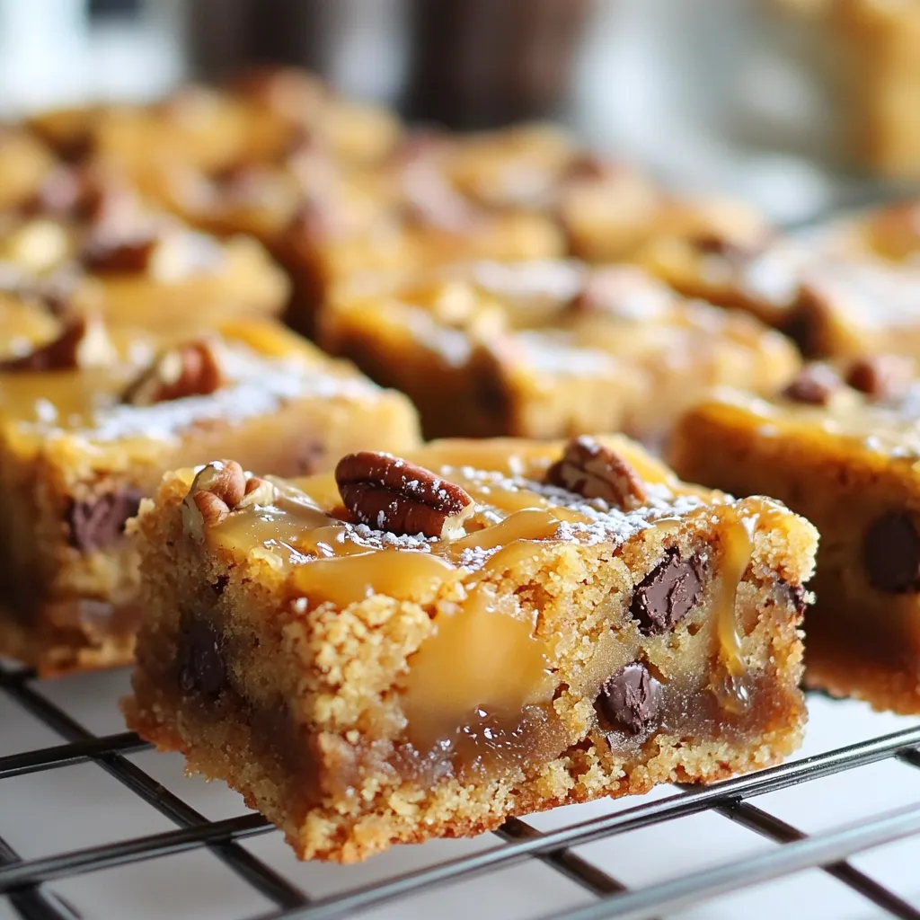 To make Knock You Naked Cookie Bars, you will need: - 1 ½ cups all-purpose flour - 1 teaspoon baking soda - ½ teaspoon salt - ½ cup unsalted butter, softened - ½ cup brown sugar, packed - ½ cup granulated sugar - 1 large egg - 1 teaspoon vanilla extract - 1 cup semi-sweet chocolate chips - 1 cup caramel sauce (store-bought or homemade) - 1 cup chopped pecans or walnuts (optional) If you need to swap out ingredients, here are some ideas: - Use gluten-free flour for a gluten-free option. - Coconut oil can replace unsalted butter. - Use coconut sugar instead of brown sugar for a different flavor. - If you don’t have chocolate chips, chop up a chocolate bar instead. - Maple syrup can stand in for caramel sauce in a pinch. Chopped nuts add a nice crunch, but they are not needed. You can leave them out or use any nut you like. If you want a richer flavor, try adding a pinch of sea salt on top of the bars before baking. This contrast makes the sweet taste pop. If you like extra gooeyness, increase the caramel sauce by a few tablespoons. {{ingredient_image_1}} First, I preheat my oven to 350°F (175°C). This step gets the oven ready and helps the bars bake evenly. Next, I grab a 9x13-inch baking pan. I grease it lightly with butter or line it with parchment paper. This makes it easier to remove the bars later. In a medium bowl, I whisk together 1 ½ cups of all-purpose flour, 1 teaspoon of baking soda, and ½ teaspoon of salt. This mix adds flavor and helps the bars rise. In a separate large bowl, I cream together ½ cup of softened unsalted butter, ½ cup of brown sugar, and ½ cup of granulated sugar. I beat this for about 2-3 minutes until it looks light and fluffy. Then, I add in 1 large egg and 1 teaspoon of vanilla extract. I mix these well until combined. Next, I slowly add the flour mix to the wet ingredients. I mix this on low speed until just combined. Finally, I fold in 1 cup of semi-sweet chocolate chips and, if I want, 1 cup of chopped pecans or walnuts. This gives the bars a crunchy texture. Now, it’s time to layer! I spread half of the cookie dough evenly in the prepared baking pan. I press it down gently to form a solid base layer. After that, I pour half of the caramel sauce over the cookie base. I use a spatula to spread it out evenly. Next, I take the rest of the cookie dough and dot it over the caramel layer. It doesn’t have to be perfect; a rustic look is fine! I then drizzle the remaining caramel sauce over the top. I bake the bars in the preheated oven for 25-30 minutes. I watch for the edges to turn golden brown and the center to set. After baking, I let the bars cool in the pan for at least 20 minutes. Then, I cut them into squares and enjoy! To get the best texture for your Knock You Naked Cookie Bars, focus on the butter. Make sure it is softened but not melted. This helps create a light and fluffy dough. Cream the butter and sugars well. Beat for about 2-3 minutes until it looks fluffy. When mixing in the flour, do it slowly. Mix just until combined. Overmixing can lead to tough bars. One common mistake is not measuring ingredients correctly. Use dry measuring cups for flour and sugar. Another mistake is baking for too long. Keep an eye on the edges. They should be golden brown, while the center remains soft. Cooling is also key; do not cut the bars too soon. Let them cool for at least 20 minutes to set properly. For a nice touch, dust the cooled bars with powdered sugar. It adds a lovely contrast. Arrange the bars on a decorative platter. You can also wrap them in parchment paper for a cute gift. If you want to add a special touch, drizzle extra caramel sauce on top before serving. This makes them even more tempting! Pro Tips Chill the Dough: For a thicker cookie bar, chill the dough for at least 30 minutes before baking. This helps prevent spreading and gives a chewier texture. Use Fresh Ingredients: Ensure your baking soda and baking powder are fresh for the best rise. Old ingredients can lead to dense bars. Caramel Options: If using homemade caramel, allow it to cool slightly before pouring over the cookie base. This prevents it from melting the dough too much. Storage Tips: Store these cookie bars in an airtight container at room temperature for up to a week. For longer freshness, refrigerate them! {{image_2}} You can change the flavor of your Knock You Naked Cookie Bars. Try adding peanut butter instead of some butter. It gives a rich taste. You can also use white chocolate chips for a sweeter twist. Add a pinch of cinnamon for warmth. A mix of dark chocolate and sea salt gives a nice contrast. For a gluten-free version, swap all-purpose flour with a gluten-free blend. Many brands work well in baking. To make these bars vegan, use coconut oil instead of butter. Replace the egg with a flax egg made of flaxseed meal and water. These swaps still give you tasty bars. You can add many toppings and mix-ins to your cookie bars. Try crushed pretzels for a salty crunch. Dried fruits like cranberries or apricots add natural sweetness. If you love coconut, sprinkle some shredded coconut on top. The possibilities are endless, so get creative! To keep your Knock You Naked Cookie Bars fresh, store them in an airtight container. Place a piece of parchment paper between layers. This helps prevent sticking. They stay good for up to a week. If you notice them getting dry, that’s a sign they need to be eaten soon! If you want to enjoy warm cookie bars, reheating is easy. Preheat your oven to 350°F (175°C). Place the bars on a baking sheet. Heat them for about 5-10 minutes. This warms them without making them hard. You can also use a microwave. Heat for about 10-15 seconds. Just be careful not to overheat! You can freeze these cookie bars for later. Cut them into squares before freezing. Wrap each square in plastic wrap. Place them in a freezer-safe bag. They can last up to three months in the freezer. When you’re ready to enjoy, let them thaw in the fridge. Or, heat them up as mentioned before. Enjoy the sweet taste anytime! Knock You Naked Cookie Bars are a sweet and gooey dessert. They have layers of cookie dough, melted chocolate, and rich caramel. Each bite offers a mix of flavors and textures. These bars are perfect for sharing or enjoying alone. The name comes from how good they taste! Yes, you can make these cookie bars ahead of time. They store well in an airtight container. If you want the best taste, eat them within a week. You can also freeze them for longer storage. Just thaw before serving to enjoy their full flavor. To make homemade caramel sauce, you need just a few simple ingredients. Start with sugar, butter, and cream. Heat sugar in a pan until it melts and turns golden. Then, add butter and stir until melted. Finally, add cream slowly and mix until smooth. Let it cool before using it in your dessert. Absolutely! You can use other nuts in your cookie bars. Almonds, hazelnuts, or even macadamia nuts work great. Just chop them up and add them to the dough. Feel free to experiment with your favorite nuts for a unique flavor twist! In this post, I covered everything about making Knock You Naked Cookie Bars. We talked about ingredients, step-by-step instructions, and tips for perfect texture. You learned about possible variations and how to store them. These cookie bars are fun to make and share. With the right techniques, you can create a tasty treat every time. Enjoy your baking and impress your friends with these delicious bars!