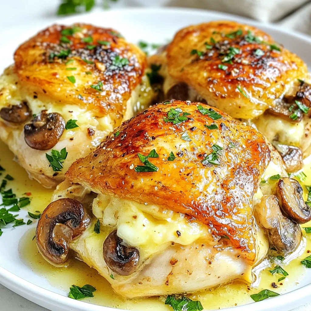 - 4 boneless, skinless chicken breasts - 2 cups mushrooms, finely chopped (such as cremini or button) - 1/2 cup cream cheese, softened - 1/4 cup grated Parmesan cheese - 2 cloves garlic, minced - 1 teaspoon dried thyme - 1 teaspoon dried parsley - Salt and pepper to taste - 4 tablespoons butter - 1 tablespoon olive oil - Fresh parsley, chopped Mushroom Stuffed Chicken in Garlic Butter is a treat for your taste buds. I love how the juicy chicken hugs rich mushroom filling. Each bite bursts with flavor! The creamy mixture pairs perfectly with tender chicken. You’ll find joy in cooking this meal. Let’s break down the ingredients. First, you need chicken breasts. I prefer boneless and skinless ones for easy stuffing. Mushrooms are next. They add depth and umami to the dish. You can use cremini or button mushrooms based on your taste. Cream cheese makes the filling creamy and smooth. It blends well with grated Parmesan cheese, adding a salty kick. Garlic enhances the flavor with its strong aroma. Thyme and parsley add freshness. Don’t forget the salt and pepper to bring all the tastes together. You’ll also need butter and olive oil for cooking. They add richness and help to sauté the mushrooms. Fresh parsley makes a lovely garnish, adding color and a hint of freshness. With these ingredients, you’ll create a dish that impresses your friends and family. It's simple yet packed with flavors. Let’s get ready to cook! {{ingredient_image_1}} - Preheat your oven to 375°F (190°C). - In a skillet over medium heat, melt 2 tablespoons of butter with 1 tablespoon of olive oil. - Add 2 cups of finely chopped mushrooms. Sauté them until golden brown, about 5-7 minutes. - Stir in 2 cloves of minced garlic, 1 teaspoon of dried thyme, and 1 teaspoon of dried parsley. Sauté for 2 more minutes. - Season the mix with salt and pepper to taste. - Remove the skillet from heat and let the filling cool slightly. - Mix in 1/2 cup of softened cream cheese and 1/4 cup of grated Parmesan cheese. Blend well. - Take 4 boneless, skinless chicken breasts and create a pocket in each. Slice through the side but do not cut all the way through. - Stuff each chicken breast with the mushroom and cheese mixture. Press it in gently to secure. - In a large oven-safe skillet, melt the remaining 2 tablespoons of butter over medium-high heat. - Season the outside of each stuffed chicken breast with salt and pepper. Place them in the skillet. - Sear the chicken for about 4-5 minutes on each side until golden brown. - Transfer the skillet to the preheated oven and bake for 20-25 minutes. The chicken should reach an internal temperature of 165°F (75°C). - After baking, remove the chicken from the oven and let it rest for 5 minutes before slicing. - Ensuring chicken is cooked through Always check the chicken's internal temperature. It should reach 165°F (75°C). Use a meat thermometer for accuracy. If you don’t have one, cut into the thickest part of the chicken. The meat should be white, not pink. - Achieving the perfect sear To get that nice, golden crust, dry the chicken breasts with paper towels. Season them well with salt and pepper. Heat the pan before adding the chicken. This helps to create a great sear without sticking. - Alternatives for cream cheese If you want a lighter option, use Greek yogurt. It adds creaminess and tang. You can also try ricotta cheese for a different texture and flavor. - Satisfactory mushroom types While cremini and button mushrooms work well, you can also use shiitake or portobello. These mushrooms add a rich, earthy taste to the dish. - Adding spices or herbs Consider adding a pinch of smoked paprika or cayenne for heat. Fresh herbs like basil or chives can also brighten the flavors. Experimenting with flavors can make your dish unique. - Variations in cheese options Mozzarella brings a nice stretch when melted. Goat cheese adds tanginess and depth. You can mix different cheeses for more complexity in flavor. Pro Tips Choose Fresh Mushrooms: Using fresh mushrooms will enhance the flavor and texture of the stuffing. Opt for cremini or button mushrooms for the best results. Let the Mixture Cool: Allowing the mushroom and cheese mixture to cool slightly before stuffing will prevent the chicken from cooking unevenly and keep the filling intact. Use a Meat Thermometer: To ensure your chicken is perfectly cooked, use a meat thermometer to check that the internal temperature reaches 165°F (75°C). Rest Before Slicing: Let the stuffed chicken rest for about 5 minutes before slicing. This allows the juices to redistribute, keeping the chicken moist and flavorful. {{image_2}} You can switch up the cheese in this dish. Try using mozzarella for a melty texture. Goat cheese adds a tangy flavor that pairs well with mushrooms. Both options bring a unique twist to the classic recipe. You can mix and match cheeses, too. Blend cream cheese with mozzarella for creaminess and stretch. The cheese you choose can change the taste and texture of your stuffed chicken. Don’t stop at mushrooms! You can add spinach for a pop of color and nutrients. Cooked spinach blends well with the cream cheese and mushrooms. You can also add bell peppers or zucchini for extra veggies. These options keep the dish fresh and exciting. Try different combinations to find your favorite mix. Adding nuts like walnuts or pine nuts can give a nice crunch, too. You can cook your stuffed chicken in different ways. Grilling adds a smoky flavor and nice char. Just be careful not to overcook it. Baking is great for even cooking and keeps the chicken juicy. If you prefer a slow cooker, you can adapt the recipe. Sear the chicken first, then place it in the slow cooker. Add a little broth to keep it moist. Cook on low for a few hours for tender results. Each method brings out different flavors and textures, so try them all! Storing leftovers is easy. After your meal, let the chicken cool down. Place the mushroom stuffed chicken in an airtight container. You can keep it in the fridge for up to three days. If you want to enjoy it later, do not wait too long. This dish tastes best fresh! To freeze mushroom stuffed chicken, wrap each piece in plastic wrap. Then, place them in a freezer-safe bag. Make sure to remove as much air as you can. You can freeze it for about three months. When you’re ready to eat, thaw it in the fridge overnight before reheating. The best way to reheat is in the oven. Preheat your oven to 350°F (175°C). Place the chicken on a baking sheet and cover it with foil. Heat for about 20 minutes, or until hot. You can also use a microwave. Just heat it for 2-3 minutes, but the oven keeps it crispy. Enjoy your delicious meal again! It takes about 50 minutes to cook Mushroom Stuffed Chicken in Garlic Butter. This includes 15 minutes for prep and 35 minutes for cooking. You will first prepare the filling, then stuff the chicken. After that, you sear it and bake it until done. The chicken should reach an internal temperature of 165°F. Yes, you can make this recipe ahead. You can prepare the mushroom filling a day before. Just keep it in the fridge. You can also stuff the chicken breasts ahead of time. Store them in the fridge until you are ready to cook. This saves time for your meal. Mushroom Stuffed Chicken goes well with many sides. Here are some great options: - Steamed vegetables, like broccoli or green beans - A light salad with mixed greens and vinaigrette - Garlic mashed potatoes for a hearty touch - Rice pilaf for a simple, comforting option These sides will enhance your meal and balance the flavors. Enjoy your cooking! This blog post shared a tasty recipe for mushroom stuffed chicken. You learned about essential ingredients, seasonings, and optional garnishes to enhance flavor. Step-by-step, you saw how to prepare, stuff, and cook the chicken. We also covered tips for perfecting the dish, including variations and storage methods. Enjoy experimenting with different cheeses and fillings to make this recipe your own. With a few tweaks, you can turn this dish into a family favorite. Happy cooking!
