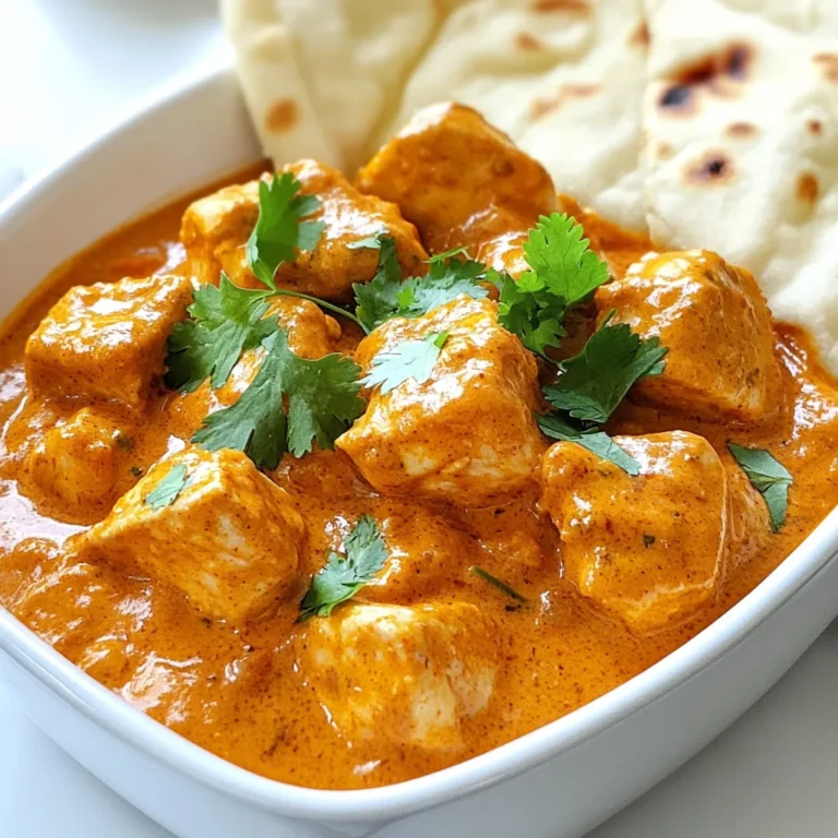 For the best butter chicken, gather these key items: - 500g chicken thighs, boneless and skinless, cut into cubes - 1 cup plain yogurt - 2 tablespoons lemon juice - 1 tablespoon ginger-garlic paste - 2 teaspoons garam masala - 1 teaspoon ground cumin - 1 teaspoon turmeric powder - 1 teaspoon red chili powder (adjust to taste) - Salt to taste - 3 tablespoons butter - 1 medium onion, finely chopped - 2 large tomatoes, pureed - 1 tablespoon sugar - 1 cup heavy cream These ingredients bring rich flavor and smooth texture to your dish. The chicken thighs work best here. They stay juicy and tender during cooking. You likely have these staples at home: - Salt - Sugar - Ground cumin - Turmeric powder - Red chili powder These spices add depth and warmth to your butter chicken. They balance the creaminess of the sauce. To make your dish look great, consider these garnishes: - Fresh coriander leaves - Extra cream drizzles Garnishes not only add color but also enhance the flavor. The fresh coriander brings a bright touch to the rich sauce. {{ingredient_image_1}} To start, grab a mixing bowl. Add 1 cup of plain yogurt. Then, squeeze in 2 tablespoons of lemon juice. Next, add 1 tablespoon of ginger-garlic paste. This mix gives the chicken great flavor. Now, sprinkle in 2 teaspoons of garam masala, 1 teaspoon of ground cumin, 1 teaspoon of turmeric powder, and 1 teaspoon of red chili powder. Adjust the chili to your taste. Finally, add salt as needed. Mix it all well. Cut 500g of boneless chicken thighs into cubes. Place the chicken in the marinade. Make sure each piece is coated well. Cover the bowl and put it in the fridge. Let it sit for at least 1 hour, or overnight for the best taste. Heat a large skillet over medium heat. Add 3 tablespoons of butter and let it melt. Once melted, toss in 1 finely chopped medium onion. Sauté the onions until they turn golden brown. This step adds a sweet flavor to the dish. Now, take the marinated chicken from the fridge. Add the chicken to the skillet, along with any extra marinade. Cook it for about 5 to 7 minutes. You want the chicken to brown nicely. Next, stir in 2 pureed large tomatoes and 1 tablespoon of sugar. This combo brings a rich taste. Let it cook for about 10 minutes. Watch for the sauce to thicken and some oil to separate. Now, add the reserved marinade back into the pan. Mix everything well and cook for another 5 minutes. This step deepens the flavors. Then, pour in 1 cup of heavy cream. Stir to blend it in. Let the sauce simmer for another 5 to 10 minutes on low heat. This makes the sauce creamy and smooth. Taste your dish and adjust salt and spice levels if needed. Garnish with fresh coriander leaves before serving. Enjoy your delicious butter chicken! If you want a lighter dish, use coconut milk instead of heavy cream. It adds a nice sweetness. You can also try cashew cream for a rich texture. Blend soaked cashews with water until smooth for this. Both options make the dish creamy without dairy. Marinating the chicken is key for great taste. I recommend letting it sit for at least one hour. For deeper flavors, marinate the chicken overnight. The yogurt softens the meat and adds a tangy note. Make sure every piece is well coated in the marinade. Spice level can change a lot in butter chicken. Start with one teaspoon of red chili powder if you prefer mild. You can add more if you like heat. Always taste the sauce before serving. This way, you can adjust the flavors to your liking. Pro Tips Marinate Longer: For deeper flavor, marinate the chicken overnight. This allows the spices to infuse into the meat, resulting in a richer taste. Control the Heat: Adjust the amount of red chili powder based on your heat preference. Start with less if you're unsure, as you can always add more later. Use Ghee for Richness: If available, substitute butter with ghee for an authentic Indian flavor. Ghee adds a nuttiness that complements the spices beautifully. Perfect Creaminess: To achieve a velvety sauce, add the cream slowly while stirring continuously. This prevents the cream from curdling and ensures a smooth texture. {{image_2}} If you want a vegetarian option, use paneer or tofu. Marinate the paneer or tofu like you would the chicken. Cook it the same way in the pan. You can also use chickpeas for a protein-packed dish. The flavors will still shine through in the sauce. Different regions in India add their own twist to butter chicken. For example, in Delhi, people often make it richer by using more cream. In Punjab, you might find it with a smoky flavor from cooking over open flames. These regional styles offer a fun way to explore different tastes. To make a lighter version, swap heavy cream for coconut milk. It gives a nice flavor without all the calories. You can also use skinless chicken breasts instead of thighs. Reducing the butter can also help make it healthier. Enjoy the same great taste while being mindful of your health. To store leftover butter chicken, let it cool to room temperature. Then, place it in an airtight container. This keeps the dish fresh. You can store it in the fridge for up to three days. Make sure to label your container with the date. This way, you know when to eat it. When you're ready to eat, take out your butter chicken. You can reheat it in the microwave or on the stove. If using a microwave, heat it for 1-2 minutes. Stir it halfway through to warm it evenly. On the stove, heat it on low. Stir often to prevent burning. Add a splash of water or cream if it seems too thick. You can freeze butter chicken for longer storage. First, let it cool completely. Then, transfer it to a freezer-safe container. It can last up to three months in the freezer. When you're ready to eat, thaw it overnight in the fridge. Reheat as mentioned above. Enjoy the rich flavors even after freezing! Butter chicken is a rich and creamy dish from India. It features tender chicken in a spiced tomato sauce. The sauce is buttery and smooth, with a hint of sweetness. It’s known for its warm spices like garam masala and cumin. This dish is a favorite in many homes and restaurants. Yes, you can use chicken breasts. They will work well in this recipe. Breasts cook faster and are leaner than thighs. However, thighs have more flavor and stay juicy. If you prefer breasts, be careful not to overcook them. To make butter chicken less spicy, you can reduce or skip the red chili powder. You can also add more cream or yogurt to cool it down. Adding sugar can help balance the heat too. Taste as you go to find the right level for you. Butter chicken pairs well with warm naan or fluffy basmati rice. You can also serve it with a fresh salad or raita. Raita is a yogurt side that cools the palate. This makes a great meal even better! Butter chicken is a tasty dish with rich flavors. You learned about key ingredients, easy steps, and helpful tips. We also explored fun variations and storage ideas. Always remember to adjust spices to your liking. Feel free to try vegetarian options for a twist. Whether it’s your first time or you’re an old pro, butter chicken is sure to please. Enjoy your cooking journey!