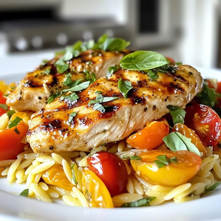 - 2 boneless, skinless chicken breasts - 1 cup orzo pasta - 2 cups chicken broth - 1 tablespoon balsamic vinegar - 1 tablespoon olive oil - 1 red bell pepper, diced - 1 cup cherry tomatoes, halved - 2 cloves garlic, minced - 1 teaspoon dried Italian herbs - Salt and pepper to taste - Fresh basil leaves for garnish For this recipe, you can swap chicken for turkey if you prefer. You can also use whole wheat or gluten-free orzo. If you don’t have cherry tomatoes, regular tomatoes work too. When it comes to herbs, fresh basil adds a lovely touch. However, dried herbs are great for convenience. If you use dried herbs, remember they are more potent. Use less if you prefer a milder flavor. With these ingredients, you can create a hearty and tasty meal. Enjoy the mix of flavors and textures! {{ingredient_image_1}} To start, I heat the olive oil in a large skillet over medium-high heat. I season the chicken breasts with salt and pepper. Then, I place them in the skillet. Sear each side for about 5-7 minutes. Look for a nice golden brown color. Once done, I remove the chicken and set it aside. Tips for perfect searing: - Make sure the skillet is hot before adding chicken. - Don’t crowd the skillet; this helps the chicken brown well. To check for doneness, I use a meat thermometer. The chicken should reach an internal temperature of 165°F. This ensures it is safe to eat. Next, I add the diced red bell pepper and minced garlic to the same skillet. I sauté the veggies for about 2-3 minutes until the bell pepper is tender. This adds great flavor to the dish. Now, I stir in the orzo pasta and pour in the chicken broth. I also add balsamic vinegar and dried Italian herbs. Mixing everything well is key. I bring the mixture to a boil, then lower the heat to simmer. I cover the skillet and let it cook for about 10-12 minutes. The orzo should be tender, and most of the liquid will be absorbed. Cooking time and texture tips: - Stir occasionally to prevent sticking. - If the orzo seems too dry, add a splash of broth. Once the orzo is cooked, I slice the seared chicken into strips. I gently fold in the cherry tomatoes and sliced chicken into the skillet. I let it cook for an extra 2-3 minutes to warm the tomatoes through. To finish, I adjust the seasoning with a little more salt and pepper. I serve the dish warm, garnished with fresh basil leaves. The basil adds a nice touch and aroma to the dish. Enjoy your Balsamic Chicken Orzo! - Pre-chopping vegetables: Chop the red bell pepper and garlic ahead of time. This makes cooking quicker and easier. Keep them in a bowl in the fridge. - Using pre-cooked chicken options: You can buy cooked chicken. This cuts down on cooking time. Just heat it and add it to the dish when you fold in the orzo. - Recommended spices and herbs: Use dried Italian herbs for a nice blend of flavors. You can also add a pinch of red pepper flakes for heat. Fresh basil adds a burst of freshness. - Adding cheese or other toppings: Sprinkle some grated Parmesan or crumbled feta on top. This adds creaminess and richness to each bite. - Pairing suggestions with sides: Serve this dish with a simple green salad. A light vinaigrette complements the balsamic flavor well. You can also pair it with crusty bread for a hearty meal. Pro Tips Rest the Chicken: Allow the seared chicken to rest for a few minutes before slicing. This helps retain the juices and keeps the chicken moist. Customize the Veggies: Feel free to add or substitute other vegetables like zucchini or spinach for added flavor and nutrition. Enhance the Flavor: For a deeper flavor, consider marinating the chicken in balsamic vinegar and Italian herbs for at least 30 minutes before cooking. Perfect the Orzo: Stir the orzo occasionally while it simmers to prevent it from sticking together and ensure even cooking. {{image_2}} If you need a gluten-free option, use rice or quinoa instead of orzo. These grains will soak up the flavors well. You can also find gluten-free orzo at specialty stores. Check the ingredients to ensure they meet your needs. For a vegetarian version, swap the chicken for beans or lentils. These plant-based proteins add great texture and health benefits. You can use black beans or chickpeas for a tasty twist. Just make sure to adjust the cooking time since they need less time than chicken. Feel free to mix up the veggies in this dish. You can use zucchini, spinach, or mushrooms instead of red bell pepper. Each vegetable brings its own flavor and texture, making the dish unique each time. For flavor variations, try using apple cider vinegar or red wine vinegar in place of balsamic. Each vinegar adds a different taste profile. Experiment with these options to find what you like best. They can change the whole feel of the dish without much effort. To keep your Balsamic Chicken Orzo fresh, place it in an airtight container. Make sure to cool it down first before sealing. Store it in the fridge for up to three days. This will help maintain its flavor and moisture. If you want to keep it longer, consider freezing it. It can last up to three months in the freezer. Just remember, the sooner you store it, the better it will taste later. When you’re ready to enjoy your leftovers, reheating is key. The best method is to use a skillet on low heat. Add a splash of chicken broth or water to keep it moist. Stir it often to avoid sticking. You can also use the microwave, but cover the dish. Heat it in short bursts, stirring in between. This helps keep the flavors intact. Enjoy your meal just as much as the first time! You can serve this dish with a simple side salad. A fresh garden salad works great. You might also enjoy some crusty bread. It helps soak up the tasty sauce. Try pairing it with steamed vegetables too. Green beans or broccoli would be perfect. Yes, you can freeze the leftovers. Just let the dish cool first. Use an airtight container to store it. It will keep well for about three months. When you’re ready to eat, thaw it overnight in the fridge. Reheat it on the stove or in the microwave. The chicken is cooked when it reaches 165°F (75°C). Use a meat thermometer for the best results. You can also cut into the chicken. The meat should be white, with no pink inside. If it looks juicy and tender, it's ready to enjoy! This guide covered all you need for a tasty Balsamic Chicken Orzo. We explored ingredients, cooking steps, and helpful tips. I shared ways to adjust the recipe for different diets and preferences. Proper storage keeps your leftovers fresh and flavorful. Remember, cooking is all about trying new things. Enjoy your meal and let your taste be your guide.