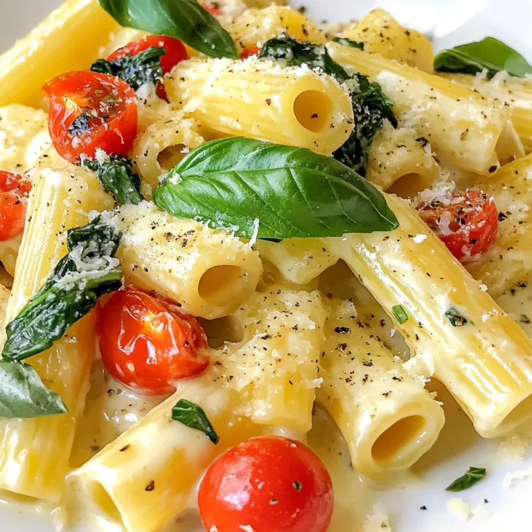 - 12 ounces rigatoni pasta - 1 (5.2-ounce) package of Boursin cheese (garlic and herbs flavor) - 1 cup heavy cream - 1 cup cherry tomatoes, halved - 1 cup baby spinach, roughly chopped - 1/2 cup grated Parmesan cheese - 2 tablespoons olive oil - 3 cloves garlic, minced - Salt and pepper to taste - Fresh basil leaves for garnish The first step in making Boursin creamy rigatoni is gathering your ingredients. Each item plays a key role in creating flavors that dance on your tongue. Start with 12 ounces of rigatoni pasta. This shape holds sauce well, making every bite satisfying. You’ll need a 5.2-ounce package of Boursin cheese with garlic and herbs. This cheese adds a creamy and rich taste that makes the dish special. Next, grab 1 cup of heavy cream. This helps create that luxurious sauce texture. For freshness, use 1 cup of cherry tomatoes, halved. They will burst with sweetness when cooked. You also want 1 cup of baby spinach, roughly chopped. It adds color and nutrients. Don’t forget 1/2 cup of grated Parmesan cheese. This cheese adds a nice salty kick. You’ll also need 2 tablespoons of olive oil to sauté the garlic. Speaking of garlic, use 3 cloves, minced. It brings a warm aroma to the dish. Season with salt and pepper to taste. Finally, fresh basil leaves make the perfect garnish. They add a pop of color and a fresh taste. Enjoy gathering these ingredients; they will come together to create a delightful meal! {{ingredient_image_1}} To start, bring a large pot of salted water to a boil. Add 12 ounces of rigatoni pasta. Cook it according to the package instructions until it is al dente, which means it should still have a little bite. This should take about 10-12 minutes. When it's ready, reserve 1/2 cup of the pasta water. This water will help make the sauce creamy later. Then, drain the pasta in a colander and set it aside. In a large skillet, heat 2 tablespoons of olive oil over medium heat. Add 3 minced cloves of garlic and sauté for about 1 minute. You want the garlic to be fragrant but not burnt. Next, add 1 cup of halved cherry tomatoes to the skillet. Cook them for about 3-4 minutes until they are soft and juicy. Lower the heat and stir in 1 package of Boursin cheese and 1 cup of heavy cream. Mix everything together until the cheese melts and the sauce becomes creamy. Now, it’s time to bring it all together. Slowly add the cooked rigatoni to the skillet. Pour in some of the reserved pasta water if the sauce seems too thick. Stir gently to coat the pasta with the sauce. Add in 1 cup of roughly chopped baby spinach, stirring until it wilts. Finally, mix in 1/2 cup of grated Parmesan cheese. Season with salt and pepper to taste. Serve it right away, garnished with fresh basil leaves for a touch of flavor. To adjust the sauce's consistency, use reserved pasta water. Start with a little, then add more if needed. This water helps make the sauce creamy and blends well with the pasta. You want a smooth, rich texture that coats your rigatoni perfectly. Prevent burning garlic by cooking it on medium heat. Stir it often and keep an eye on it. Garlic cooks quickly, and burnt garlic can ruin the flavor. If it starts to brown too fast, lower the heat. For extra flavor, infuse your sauce with fresh herbs. Basil, thyme, or parsley can elevate your dish. Chop them finely and stir them in just before serving. Fresh herbs add a bright taste that pairs well with Boursin cheese. Using fresh ingredients is key for the best taste. Choose ripe cherry tomatoes and fresh spinach. Fresh produce enhances the dish's color and flavor. It makes your rigatoni feel special and vibrant. Pair your creamy rigatoni with a light wine. A white wine like Pinot Grigio complements the dish well. It balances the richness of the sauce. You can also serve it with a simple salad for a fresh crunch. For garnishing, fresh basil leaves work wonders. They add a pop of color and flavor. You can also sprinkle extra Parmesan on top for a cheesy finish. This small touch makes your dish look and taste gourmet. Pro Tips Perfect Pasta: Always cook your rigatoni until al dente to ensure it maintains a good texture when mixed with the sauce. Reserve Pasta Water: Don’t forget to reserve some pasta water before draining; it helps in achieving the perfect creamy consistency. Fresh Ingredients: Using fresh cherry tomatoes and baby spinach will enhance the flavor and nutritional value of your dish. Cheese Variations: If you want to experiment, try adding different flavors of Boursin cheese or mixing in some goat cheese for extra tang. {{image_2}} You can switch up the cheese for fun twists. Try creamy goat cheese for a tangy kick. Ricotta adds a light texture, and cream cheese can work too. If you want a plant-based option, look for vegan cream cheese or cashew cheese. These give you a similar creaminess without dairy. Adding veggies makes this dish even better. You can toss in bell peppers or zucchini for more color. Mushrooms offer a nice earthiness. If you want a fresh touch, add peas or asparagus. For seasonal choices, use squash in fall or fresh peas in spring. These changes keep your dish exciting and healthy. Want to make it heartier? Add protein! Grilled chicken or shrimp bring great flavor. Sausage adds a spicy kick. If you prefer vegetarian options, try chickpeas or lentils. These options are filling and tasty, making your meal more satisfying. To keep your creamy rigatoni fresh, store it in an airtight container. This helps seal in flavor and moisture. Place the container in the fridge. Your pasta will stay good for about 3 to 4 days. If you want to enjoy it later, refrigerate it right after it cools. If you want to freeze your creamy rigatoni, use a freezer-safe container. Make sure to leave some space at the top. The pasta may expand when it freezes. It can last up to 2 months in the freezer. To reheat, let it thaw in the fridge overnight. Heat it gently on the stove with a splash of cream or milk. This keeps the texture creamy and smooth. Stir often to avoid any sticking. Enjoy your pasta as if it were fresh! Yes, you can prepare it ahead of time. Cook the rigatoni and make the sauce. Store them separately in the fridge. When ready to eat, combine them and reheat. This keeps the pasta fresh and the sauce creamy. If you need a substitute for Boursin cheese, try cream cheese mixed with garlic and herbs. Goat cheese or ricotta can also work. These cheeses will give you a rich and creamy flavor. To reheat, use low heat on the stove. Add a splash of cream or pasta water. Stir gently until warm. This helps keep the dish creamy and tasty. Avoid the microwave, as it may dry out the pasta. In this blog post, we explored how to make creamy rigatoni with a rich Boursin sauce. You learned key ingredients, cooking steps, and helpful tips for a perfect dish. We also discussed tasty variations and storage options. With these steps, you can create a delightful meal that pleases anyone. Enjoy experimenting with flavors, and don't hesitate to make this recipe your own. Happy cooking!