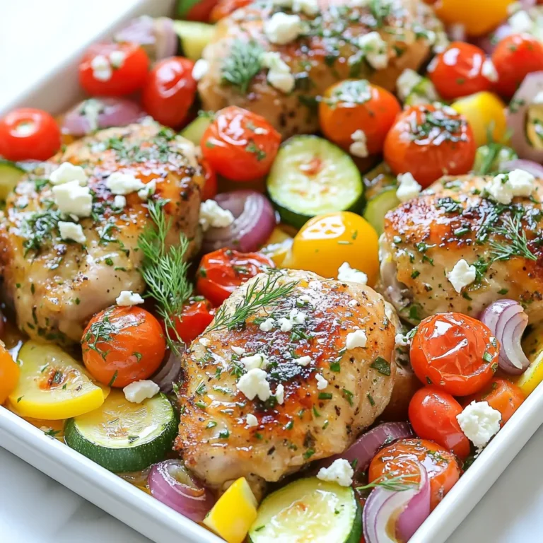 For this tasty dish, you need: - 4 boneless, skinless chicken thighs - 2 cups cherry tomatoes, halved - 1 large red bell pepper, chopped - 1 large zucchini, sliced - 1 large red onion, cut into wedges These fresh ingredients bring great color and taste. The chicken adds protein, while the veggies add vitamins and crunch. The marinade gives the chicken its bold flavor. You will need: - 1/4 cup olive oil - 2 tablespoons freshly squeezed lemon juice - 3 cloves garlic, minced - 1 tablespoon dried oregano - 1 teaspoon smoked paprika - Salt and pepper to taste Mix these ingredients well. They create a zesty and aromatic blend that soaks into the chicken. Finishing touches make your meal special. Consider adding: - 1/2 cup crumbled feta cheese - Fresh dill or parsley for garnish These garnishes add creaminess and a fresh pop of flavor. They also enhance the dish's look, making it more appealing. {{ingredient_image_1}} Start by preheating your oven to 425°F (220°C). This high heat helps cook the chicken and veggies evenly. Line a large sheet pan with parchment paper. This will make cleanup easy and keep your food from sticking. In a large bowl, whisk together the olive oil, lemon juice, minced garlic, oregano, smoked paprika, salt, and pepper. This mix adds great flavor to the chicken. It’s a simple but tasty marinade that brings out the best in the dish. Add the chicken thighs to the marinade. Make sure they are coated well. Let them soak in the flavor for about 15 to 30 minutes. If you’re short on time, even a quick soak will help. Place the marinated chicken thighs in the center of the sheet pan. Surround them with halved cherry tomatoes, chopped bell pepper, sliced zucchini, and onion wedges. This mix of colors and textures makes the dish look amazing. Drizzle any leftover marinade over the veggies. Season everything with some extra salt and pepper. Roast the pan in the oven for 25 to 30 minutes. Check that the chicken reaches an internal temperature of 165°F (74°C). The veggies should be tender and caramelized. Once the dish is done, take it out of the oven. If you like, sprinkle crumbled feta cheese on top. Garnish with fresh dill or parsley for a pop of color. Serve this warm and enjoy the burst of Mediterranean flavors. Use boneless, skinless chicken thighs. They stay juicy and tender. Always marinate the chicken for at least 15 minutes. This adds flavor. When cooking, make sure the chicken is spaced apart. This helps it cook evenly. Use a meat thermometer to check for doneness. The chicken should reach 165°F (74°C). You can mix and match your veggies. Cherry tomatoes, bell peppers, zucchini, and onions work well. Each vegetable cooks at its own pace. Cherry tomatoes may need less time, while zucchini takes a bit longer. Keep an eye on the veggies. They should be tender and slightly caramelized when done. Don't waste that tasty marinade! Use it to drizzle on veggies before roasting. It adds extra flavor. Just remember, if the marinade touched raw chicken, don't use it directly. Instead, set aside some before adding the chicken. This way, you can enjoy the rich taste without risk. Pro Tips Marinate for Maximum Flavor: Allow the chicken to marinate for at least 30 minutes, or up to overnight, to enhance its flavor and tenderness. Use Seasonal Vegetables: Feel free to swap in seasonal vegetables like asparagus or eggplant for a fresh twist on this dish. Check for Doneness: Always use a meat thermometer to ensure chicken reaches 165°F (74°C) for safe consumption. Customize Your Herbs: Experiment with different herbs like thyme or rosemary to give your sheet pan meal a unique flavor profile. {{image_2}} You can switch out the chicken thighs for chicken breasts if you prefer. Chicken breasts cook faster and are leaner. If you want a plant-based option, use chickpeas or firm tofu instead. Both options add protein and soak up flavor well. For veggies, feel free to swap cherry tomatoes for grape tomatoes or even use asparagus instead of zucchini. You can also change the red onion for yellow or white onions. This dish is mostly gluten-free as it stands. Just make sure to use gluten-free marinade ingredients if you buy premade. For a dairy-free option, skip the feta cheese, or use a dairy-free cheese alternative. Fresh herbs like parsley or dill add a nice touch without dairy. They give flavor while keeping the dish light and fresh. Want a bolder taste? Add spices like cumin or coriander for a warm flavor. You can also sprinkle some red pepper flakes for heat. If you love herbs, mix in fresh oregano or thyme for a fragrant twist. Don’t be shy! Experiment with spices to find your favorite blend. Each little change can bring a new vibe to this tasty dinner. To store leftovers, let the dish cool. Place the chicken and veggies in an airtight container. It keeps well in the fridge for up to three days. If you want to enjoy it later, make sure to separate the chicken from the veggies to keep them fresh. To reheat, preheat your oven to 350°F (175°C). Place the leftovers on a baking sheet. Heat for about 15-20 minutes until warm. You can also use a microwave. Heat in a microwave-safe dish for about 2-3 minutes. Cover it to keep the moisture in. You can freeze this dish for up to three months. Make sure it’s in a freezer-safe container. To thaw, place it in the fridge overnight. You can also use the microwave to defrost. Always reheat until the chicken reaches 165°F (74°C). You can serve this dish with several tasty sides. Fresh pita bread pairs well. A simple Greek salad adds crunch and freshness. Couscous or rice offer a hearty base too. You can also enjoy it with tzatziki sauce for a cool dip. Yes, you can use chicken breasts or even drumsticks. Just adjust cooking time for different cuts. Chicken breasts cook faster, so check them early. Drumsticks may need a bit longer to cook through. You can marinate the chicken the night before. Store it in the fridge with veggies. On the day of cooking, just arrange everything on the sheet pan and roast. This saves time and makes cooking easier. Marinating the chicken is key to keeping it juicy. The olive oil and lemon juice create a nice barrier. Cooking at high heat helps too, as it seals in moisture. Use a meat thermometer to check for doneness. Yes, you can make it ahead. Cook the chicken and veggies, then let them cool. Store in an airtight container in the fridge. When ready to eat, just reheat in the oven or microwave until warm. This article covers how to make a delicious sheet pan Greek chicken meal. You learned about the key ingredients, cooking steps, and variations you can try. We discussed ways to store and reheat leftovers, along with tips to keep your chicken juicy. Try this recipe for an easy, tasty meal. Feel free to mix in your favorite veggies or spices. Cooking can be fun and simple, and this recipe is proof of that! Enjoy your cooking adventure!