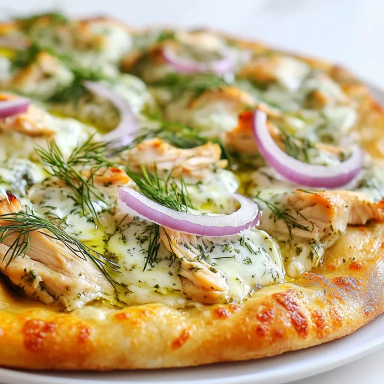 - 1 pre-made pizza crust (store-bought or homemade) - 1 cup cooked chicken breast, shredded - 1 cup cucumber, finely diced - 1/2 cup plain Greek yogurt - 2 tablespoons fresh dill, chopped - 2 tablespoons lemon juice - 1 clove garlic, minced - 1 cup shredded mozzarella cheese - 1/4 cup red onion, thinly sliced - Salt and pepper to taste - Olive oil for brushing Using fresh ingredients makes a big difference. For the chicken, you can use leftover roast chicken or poach some fresh. I suggest using high-quality Greek yogurt for the tzatziki. Homemade tzatziki beats store-bought for taste and freshness. Fresh dill adds a bright flavor, while store-bought may lack that zing. Don’t have cucumber? Use zucchini instead for a similar crunch. If you want a different cheese, try feta or goat cheese for a tangy twist. For a lighter pizza, swap the crust for a cauliflower base. If you want it spicy, add some red pepper flakes or jalapeños on top. {{ingredient_image_1}} Start by preheating your oven to 475°F (245°C). This high heat helps the pizza cook quickly and become crispy. While the oven warms up, you can prepare the tzatziki sauce. It only takes a few minutes to mix the ingredients. You will need a bowl for this. 1. Make Tzatziki Sauce: In a bowl, add 1 cup of Greek yogurt, 1 cup of diced cucumber, 2 tablespoons of chopped dill, 2 tablespoons of lemon juice, and 1 minced garlic clove. Season with salt and pepper, then stir until blended. Set this aside. 2. Prepare the Pizza Crust: Roll out the pre-made pizza crust on a floured surface. Make it as thick or thin as you like. Place it on a parchment-lined baking sheet or a pizza stone. 3. Add Chicken: Take 1 cup of shredded chicken and spread it evenly over the crust. This will be the main protein on your pizza. 4. Spread Tzatziki: Using a spoon, spread the tzatziki sauce over the chicken. Be gentle to keep some chicken visible. 5. Add Cheese and Onions: Sprinkle 1 cup of shredded mozzarella cheese over the tzatziki. Then, add 1/4 cup of thinly sliced red onion on top for extra flavor. 6. Brush with Olive Oil: Lightly brush the edges of the crust with olive oil. This gives a nice golden color when baked. 7. Bake the Pizza: Place your pizza in the oven. Bake it for 12 to 15 minutes. Look for a golden crust and bubbling cheese. 8. Serve: After baking, let the pizza cool for a couple of minutes. Slice it and enjoy! You can add extra dill on top if you like. - Prep Time: 15 minutes - Total Time: 30 minutes - Oven Temperature: 475°F (245°C) - Baking Time: 12-15 minutes Following these steps makes it easy to enjoy a tasty Tzatziki Chicken Pizza. To make a great crust, start with a good base. I recommend using a pre-made pizza crust. Roll it out on a floured surface to your desired thickness. A thicker crust can hold more toppings. Don’t forget to preheat your oven to 475°F (245°C). This helps the crust bake evenly and get golden. Brush the edges with olive oil before baking. It gives a nice crispy texture. Adding seasonings can elevate your pizza. Use fresh dill in the tzatziki sauce for a bright taste. Lemon juice adds a refreshing zing. When assembling, sprinkle salt and pepper on the chicken. You can also add a pinch of oregano or garlic powder. These small touches go a long way in making flavors pop. One common mistake is overcrowding the pizza. Too many toppings can make it soggy. Spread the chicken and tzatziki evenly. Another mistake is not preheating the oven. This step is key to a good crust. Lastly, don’t skip brushing the edges with olive oil. It helps achieve that perfect golden finish. Pro Tips Use Fresh Ingredients: Fresh cucumbers, dill, and quality chicken will elevate the flavor of your tzatziki and pizza. Experiment with Cheese: Feel free to mix different cheeses like feta or goat cheese for a unique twist on the classic mozzarella. Customize Your Toppings: Add extra toppings like olives, bell peppers, or spinach for additional flavor and nutrition. Let It Rest: Allow the pizza to rest for a few minutes after baking to help the toppings set and make slicing easier. {{image_2}} You can easily make a vegetarian version of Tzatziki Chicken Pizza. Simply swap the chicken for grilled vegetables. Zucchini, bell peppers, and mushrooms work well. These veggies add flavor and texture. Use the same tzatziki sauce to keep the taste fresh and zesty. This option is great for those who love meatless meals. If you want to change the protein, consider shrimp or beef. For shrimp, use cooked and peeled shrimp. Spread them evenly before adding the tzatziki. For beef, try thin slices of cooked steak. Both options provide a different taste and texture. These proteins can make the pizza even more exciting. You can also experiment with different sauces and toppings. Instead of tzatziki, try a spicy harissa or a creamy ranch. Each sauce changes the pizza's flavor profile. You can also add toppings like olives, artichokes, or fresh spinach. These additions can enhance the dish and make it unique. To keep your tzatziki chicken pizza fresh, store it in an airtight container. Let it cool first, then cover it tightly. If you use plastic wrap, press it against the pizza to remove air. This helps to prevent sogginess and keep flavors intact. You can also separate the pizza into slices for easy reheating later. When you're ready to enjoy leftovers, preheat your oven to 350°F (175°C). Place the pizza on a baking sheet. Heat for about 10-15 minutes. This helps to keep the crust crispy. If you prefer, you can also use a microwave. Just heat it for 1-2 minutes. However, this might make the crust soft. Tzatziki chicken pizza lasts up to 3 days in the refrigerator. Make sure to check for any signs of spoilage before eating. If you notice any odd smells or discoloration, it’s best to throw it away. Enjoy your tasty pizza while it’s fresh! Yes, you can use other types of cheese. Feta cheese adds a nice tang. Goat cheese also works well for a creamy texture. If you prefer a milder taste, try using cheddar. Just remember, mozzarella melts well and gives that classic pizza look. Making tzatziki sauce ahead is easy. Combine the yogurt, cucumber, dill, lemon juice, and garlic in a bowl. Mix them well and store it in the fridge. It stays fresh for about 2-3 days. Just give it a stir before using. This can save time on pizza night! A pre-made pizza crust is quick and convenient. You can use thin or thick crust, depending on your taste. Homemade crust offers a personal touch. Cauliflower crust is a great gluten-free option. Choose what you like best to create your perfect Tzatziki Chicken Pizza! In this post, we explored the key ingredients for pizza, tips for great crusts, and cooking steps. We discussed variations, like using chicken or shrimp, to keep things exciting. Storing leftovers properly ensures your meal stays fresh. Finally, we answered common questions about substitutions and prep. Remember, making pizza is fun and easy. With the right ingredients and steps, you create something delicious every time. Enjoy experimenting with flavors, and don’t be afraid to get creative!