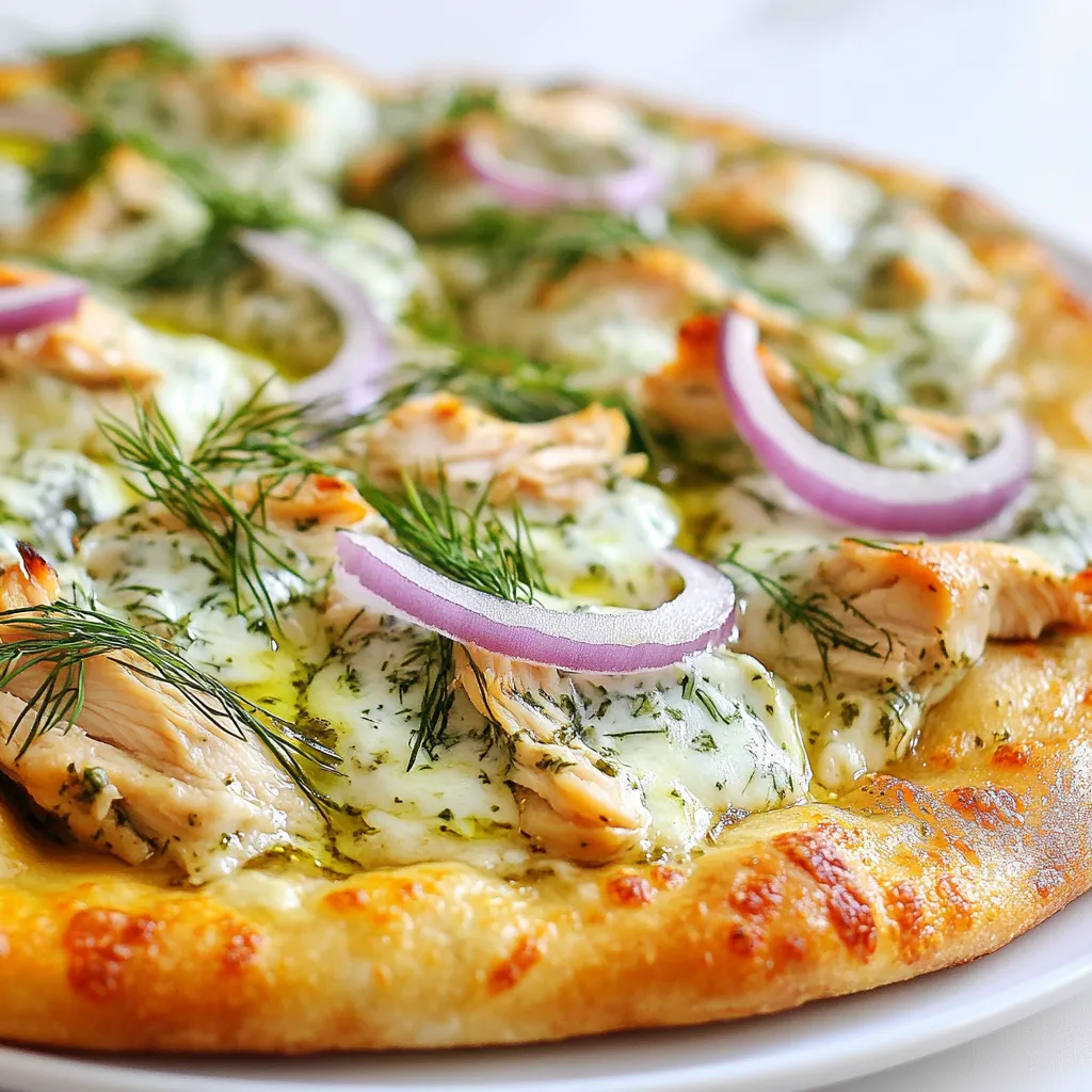 - 1 pre-made pizza crust (store-bought or homemade) - 1 cup cooked chicken breast, shredded - 1 cup cucumber, finely diced - 1/2 cup plain Greek yogurt - 2 tablespoons fresh dill, chopped - 2 tablespoons lemon juice - 1 clove garlic, minced - 1 cup shredded mozzarella cheese - 1/4 cup red onion, thinly sliced - Salt and pepper to taste - Olive oil for brushing Using fresh ingredients makes a big difference. For the chicken, you can use leftover roast chicken or poach some fresh. I suggest using high-quality Greek yogurt for the tzatziki. Homemade tzatziki beats store-bought for taste and freshness. Fresh dill adds a bright flavor, while store-bought may lack that zing. Don’t have cucumber? Use zucchini instead for a similar crunch. If you want a different cheese, try feta or goat cheese for a tangy twist. For a lighter pizza, swap the crust for a cauliflower base. If you want it spicy, add some red pepper flakes or jalapeños on top. {{ingredient_image_1}} Start by preheating your oven to 475°F (245°C). This high heat helps the pizza cook quickly and become crispy. While the oven warms up, you can prepare the tzatziki sauce. It only takes a few minutes to mix the ingredients. You will need a bowl for this. 1. Make Tzatziki Sauce: In a bowl, add 1 cup of Greek yogurt, 1 cup of diced cucumber, 2 tablespoons of chopped dill, 2 tablespoons of lemon juice, and 1 minced garlic clove. Season with salt and pepper, then stir until blended. Set this aside. 2. Prepare the Pizza Crust: Roll out the pre-made pizza crust on a floured surface. Make it as thick or thin as you like. Place it on a parchment-lined baking sheet or a pizza stone. 3. Add Chicken: Take 1 cup of shredded chicken and spread it evenly over the crust. This will be the main protein on your pizza. 4. Spread Tzatziki: Using a spoon, spread the tzatziki sauce over the chicken. Be gentle to keep some chicken visible. 5. Add Cheese and Onions: Sprinkle 1 cup of shredded mozzarella cheese over the tzatziki. Then, add 1/4 cup of thinly sliced red onion on top for extra flavor. 6. Brush with Olive Oil: Lightly brush the edges of the crust with olive oil. This gives a nice golden color when baked. 7. Bake the Pizza: Place your pizza in the oven. Bake it for 12 to 15 minutes. Look for a golden crust and bubbling cheese. 8. Serve: After baking, let the pizza cool for a couple of minutes. Slice it and enjoy! You can add extra dill on top if you like. - Prep Time: 15 minutes - Total Time: 30 minutes - Oven Temperature: 475°F (245°C) - Baking Time: 12-15 minutes Following these steps makes it easy to enjoy a tasty Tzatziki Chicken Pizza. To make a great crust, start with a good base. I recommend using a pre-made pizza crust. Roll it out on a floured surface to your desired thickness. A thicker crust can hold more toppings. Don’t forget to preheat your oven to 475°F (245°C). This helps the crust bake evenly and get golden. Brush the edges with olive oil before baking. It gives a nice crispy texture. Adding seasonings can elevate your pizza. Use fresh dill in the tzatziki sauce for a bright taste. Lemon juice adds a refreshing zing. When assembling, sprinkle salt and pepper on the chicken. You can also add a pinch of oregano or garlic powder. These small touches go a long way in making flavors pop. One common mistake is overcrowding the pizza. Too many toppings can make it soggy. Spread the chicken and tzatziki evenly. Another mistake is not preheating the oven. This step is key to a good crust. Lastly, don’t skip brushing the edges with olive oil. It helps achieve that perfect golden finish. Pro Tips Use Fresh Ingredients: Fresh cucumbers, dill, and quality chicken will elevate the flavor of your tzatziki and pizza. Experiment with Cheese: Feel free to mix different cheeses like feta or goat cheese for a unique twist on the classic mozzarella. Customize Your Toppings: Add extra toppings like olives, bell peppers, or spinach for additional flavor and nutrition. Let It Rest: Allow the pizza to rest for a few minutes after baking to help the toppings set and make slicing easier. {{image_2}} You can easily make a vegetarian version of Tzatziki Chicken Pizza. Simply swap the chicken for grilled vegetables. Zucchini, bell peppers, and mushrooms work well. These veggies add flavor and texture. Use the same tzatziki sauce to keep the taste fresh and zesty. This option is great for those who love meatless meals. If you want to change the protein, consider shrimp or beef. For shrimp, use cooked and peeled shrimp. Spread them evenly before adding the tzatziki. For beef, try thin slices of cooked steak. Both options provide a different taste and texture. These proteins can make the pizza even more exciting. You can also experiment with different sauces and toppings. Instead of tzatziki, try a spicy harissa or a creamy ranch. Each sauce changes the pizza's flavor profile. You can also add toppings like olives, artichokes, or fresh spinach. These additions can enhance the dish and make it unique. To keep your tzatziki chicken pizza fresh, store it in an airtight container. Let it cool first, then cover it tightly. If you use plastic wrap, press it against the pizza to remove air. This helps to prevent sogginess and keep flavors intact. You can also separate the pizza into slices for easy reheating later. When you're ready to enjoy leftovers, preheat your oven to 350°F (175°C). Place the pizza on a baking sheet. Heat for about 10-15 minutes. This helps to keep the crust crispy. If you prefer, you can also use a microwave. Just heat it for 1-2 minutes. However, this might make the crust soft. Tzatziki chicken pizza lasts up to 3 days in the refrigerator. Make sure to check for any signs of spoilage before eating. If you notice any odd smells or discoloration, it’s best to throw it away. Enjoy your tasty pizza while it’s fresh! Yes, you can use other types of cheese. Feta cheese adds a nice tang. Goat cheese also works well for a creamy texture. If you prefer a milder taste, try using cheddar. Just remember, mozzarella melts well and gives that classic pizza look. Making tzatziki sauce ahead is easy. Combine the yogurt, cucumber, dill, lemon juice, and garlic in a bowl. Mix them well and store it in the fridge. It stays fresh for about 2-3 days. Just give it a stir before using. This can save time on pizza night! A pre-made pizza crust is quick and convenient. You can use thin or thick crust, depending on your taste. Homemade crust offers a personal touch. Cauliflower crust is a great gluten-free option. Choose what you like best to create your perfect Tzatziki Chicken Pizza! In this post, we explored the key ingredients for pizza, tips for great crusts, and cooking steps. We discussed variations, like using chicken or shrimp, to keep things exciting. Storing leftovers properly ensures your meal stays fresh. Finally, we answered common questions about substitutions and prep. Remember, making pizza is fun and easy. With the right ingredients and steps, you create something delicious every time. Enjoy experimenting with flavors, and don’t be afraid to get creative!