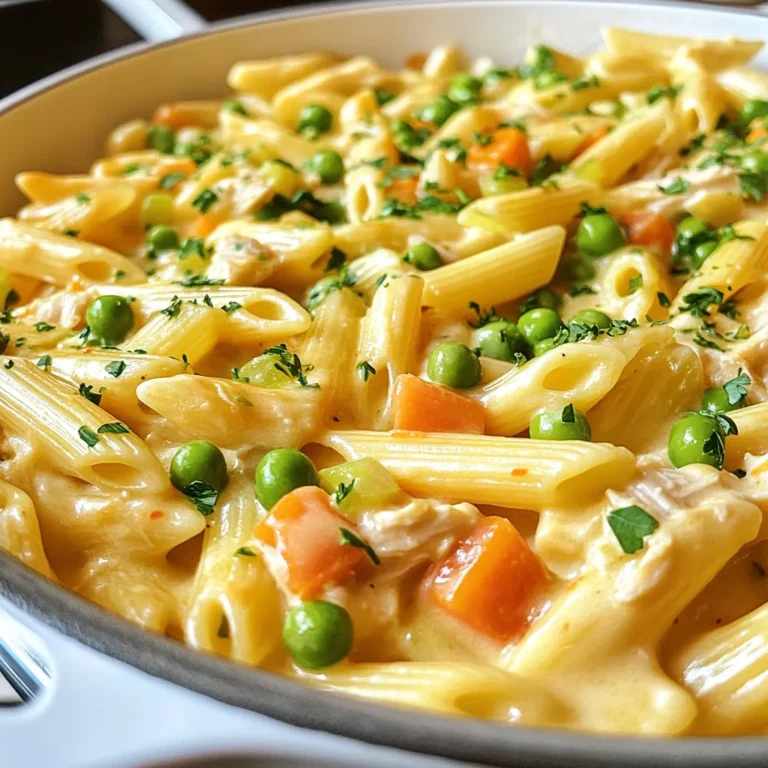 - 8 oz penne pasta - 2 cups cooked chicken, shredded - 1 medium onion, chopped - 2 cloves garlic, minced - 1 cup carrots, diced - 1 cup frozen peas - 1 cup celery, diced The main star of this dish is the penne pasta. It has a great shape to hold the creamy sauce well. You can use any cooked chicken you have on hand. Shredded chicken works best. Next, add fresh veggies like onion, garlic, carrots, celery, and peas. These bring color and flavor to the dish. - 2 tablespoons olive oil - 2 cups chicken broth - 1 cup heavy cream - 1/4 cup all-purpose flour - 1 teaspoon dried thyme - 1 teaspoon dried rosemary - Salt and pepper to taste For the sauce, you'll need olive oil, chicken broth, and heavy cream. These create a rich and creamy base. Flour helps thicken the sauce. Dried herbs like thyme and rosemary add a nice touch. Don't forget salt and pepper to make it pop. - Fresh parsley, chopped (for garnish) - Additional spices or cheese Garnishes can take your dish to the next level. Fresh parsley adds color and freshness. You can also sprinkle on cheese or extra spices if you like. These little touches make your meal look and taste even better. {{ingredient_image_1}} To cook penne pasta properly, follow the package instructions. Start with a large pot of salted water. Bring it to a boil. Add the penne and stir it gently. Cook until it is al dente, which means it should still have a slight bite. Drain the pasta in a colander. To prevent sticky pasta, rinse it under cold water after draining. This removes excess starch. You can also toss it with a little olive oil to keep it separated. For the chicken and vegetables, heat olive oil in a large skillet over medium heat. Add chopped onion and sauté it until it becomes translucent, about three to four minutes. Stir in minced garlic and cook for one minute until it smells good. For shredding cooked chicken, use two forks to pull it apart. This makes it easy and quick. Once the onion and garlic are ready, add diced carrots, celery, and shredded chicken. Cook for about five minutes until the veggies soften. To make the sauce, sprinkle flour over the chicken and vegetables and stir to coat. Cook for two minutes to remove the raw flour taste. Gradually pour in chicken broth while stirring. This helps to avoid lumps. Add dried thyme and rosemary, then season with salt and pepper. Bring this mixture to a simmer. Let it thicken for about five minutes. After thickening, reduce the heat. Stir in heavy cream and add frozen peas. Cook for another two to three minutes until everything is hot. Now for the final assembly! Add the cooked penne pasta to the skillet with the sauce. Mix it well so the pasta gets coated. Taste the dish and adjust seasonings as needed. Serve hot, and enjoy your Chicken Pot Pie Pasta! To get the best creaminess in your Chicken Pot Pie Pasta, choose a heavy cream with at least 36% fat. This gives your sauce a rich and smooth texture. Look for brands that are organic for better flavor. You can also try a few techniques. Start by adding the heavy cream slowly. Stir it in gently to mix it well. This helps keep your sauce velvety. If you want it even creamier, add a bit of cream cheese. It melts well and adds a nice tang. When you're short on time, every minute counts. Start by chopping your vegetables ahead of time. You can do this the night before. Store them in the fridge to keep them fresh. For cooking, use a large skillet. This helps everything cook faster. If you're in a hurry, use pre-cooked chicken. This saves you time on cooking and shredding. Chicken Pot Pie Pasta is great on its own, but you can make it even better. Pair it with a simple salad. A light green salad with vinaigrette works well. For something fun, bake it in a casserole dish. Top it with breadcrumbs or cheese for a crispy layer. This adds texture and makes it look fancy. Enjoy your meal with family and friends! Pro Tips Use Rotisserie Chicken: For a quicker preparation, consider using store-bought rotisserie chicken. It saves time and adds a flavorful touch. Vegetable Variations: Feel free to swap in your favorite vegetables, such as bell peppers or green beans, to customize the dish to your liking. Thicken with Cornstarch: If you prefer a thicker sauce, mix 1 tablespoon of cornstarch with 2 tablespoons of water and add it to the simmering broth. Make it Ahead: This dish can be prepared ahead of time. Simply reheat it on the stove, adding a splash of chicken broth to loosen the sauce. {{image_2}} You can make Chicken Pot Pie Pasta healthier in a few simple ways. First, swap regular penne pasta for whole-grain pasta. This change adds fiber and nutrients. You can also use low-fat cream instead of heavy cream. It still tastes great but lowers the fat content. Moreover, adding more vegetables is a fantastic option. Consider using spinach, bell peppers, or zucchini. These veggies boost vitamins and add color to your dish. To change the flavor of your Chicken Pot Pie Pasta, try adding fresh herbs. Basil or oregano can lift the taste. Just sprinkle in a teaspoon or two while cooking. You can also experiment with different proteins. Instead of chicken, try turkey or even tofu for a vegetarian touch. Each protein brings a unique taste and texture. This way, you can make the dish your own. One-pot Chicken Pot Pie Pasta is a great option for easy cleanup. You can cook everything in one pot. Start by cooking the pasta in the same pot as the sauce. This method saves time and makes the pasta soak up the flavor. Keep in mind that you may need to adjust cooking times. Ensure the pasta is tender and the sauce is thick. Stir often to prevent sticking. This style makes dinner simple and quick! To keep your Chicken Pot Pie Pasta fresh, follow these steps: - Refrigeration: Place leftovers in an airtight container. This helps keep the dish moist. Store it in the fridge for up to three days. - Freezing: For longer storage, freeze the pasta. Use a freezer-safe container or bag. Make sure to remove as much air as possible. It can last up to three months in the freezer. Thaw it overnight in the fridge before reheating. You have two main ways to reheat Chicken Pot Pie Pasta: - Stovetop: Heat a skillet over medium heat. Add a splash of chicken broth or water to prevent sticking. Stir the pasta for about 5 to 7 minutes until warm. - Microwave: Place the pasta in a microwave-safe bowl. Add a little broth to keep it moist. Cover with a lid or plastic wrap. Heat in 1-minute intervals, stirring in between, until hot. Before serving, always check the temperature. It should be hot all the way through. If it looks dry, add more broth or cream to restore its creaminess. You can use several options instead of heavy cream. Here are some ideas: - Half-and-half: This has less fat but can still give a nice creaminess. - Milk with butter: Mix 3/4 cup milk with 1/4 cup melted butter for a quick fix. - Coconut milk: This adds a touch of sweetness and works well in many recipes. - Greek yogurt: It’s thick and creamy, plus it adds protein. These substitutes can lighten the dish while still keeping it tasty. Yes, you can prepare this dish ahead of time! Here are some tips: - Cook the pasta: You can cook it a day before and store it in the fridge. - Make the sauce: Prepare the sauce and store it separately. It keeps well for a few days. - Combine before serving: Mix the pasta and sauce just before you eat. This way, everything stays fresh. Leftovers from Chicken Pot Pie Pasta can last in the fridge for about 3-4 days. To keep them safe: - Store in airtight containers: This helps prevent spoilage. - Reheat thoroughly: Make sure to heat it until it's steaming hot. - Check for smell or change in texture: If anything seems off, it’s best to throw it out. By following these steps, you’ll enjoy this comforting dish for days! In this article, we explored how to make a delicious Chicken Pot Pie Pasta. You learned about main ingredients, pantry essentials, and optional garnishes that add flair. We went step-by-step through cooking pasta, preparing chicken, and creating a creamy sauce. Tips for perfecting creaminess and speeding up your meal prep were also shared. Finally, we discussed variations and storage for leftovers. Experiment with flavors and enjoy this recipe. Happy cooking!