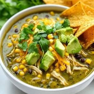 - 2 cups cooked chicken, shredded - 1 can (15 oz) green enchilada sauce - 4 cups chicken broth - 1 cup corn (canned or frozen) - 1 can (14 oz) black beans, rinsed and drained - 1 medium onion, diced - 3 cloves garlic, minced - 1 teaspoon cumin - 1 teaspoon smoked paprika - Salt and pepper to taste - 1 cup shredded cheese (like Monterey Jack or Mexican blend) - 1/4 cup fresh cilantro, chopped (for garnish) - 2 avocados, diced (for topping) - Tortilla chips (for serving) You can switch out chicken for turkey or even tofu for a vegetarian twist. If you want a different flavor, try a red enchilada sauce. For a vegan version, use vegetable broth and skip the cheese. You can also use fresh corn instead of canned or frozen. If you can&rsquo;t find black beans, pinto beans work just as well. Always choose fresh herbs for the best flavor. Look for bright green cilantro with no brown spots. When picking avocados, choose ones that are slightly soft but not mushy. Fresh garlic should feel firm. Use a whole onion instead of pre-diced for a stronger taste. When selecting chicken, rotisserie chicken saves time and adds great flavor. {{ingredient_image_1}} Start by gathering all your ingredients. You will need: - 2 cups cooked chicken, shredded - 1 can (15 oz) green enchilada sauce - 4 cups chicken broth - 1 cup corn (canned or frozen) - 1 can (14 oz) black beans, rinsed and drained - 1 medium onion, diced - 3 cloves garlic, minced - 1 teaspoon cumin - 1 teaspoon smoked paprika - Salt and pepper to taste - 1 cup shredded cheese (like Monterey Jack or Mexican blend) - 1/4 cup fresh cilantro, chopped (for garnish) - 2 avocados, diced (for topping) - Tortilla chips (for serving) Chop the onion and mince the garlic. This step adds great flavor to your soup. Heat a drizzle of olive oil in a large pot over medium heat. Add the diced onion and saut&eacute; for about 5 minutes. You want it to be soft and clear. Next, add the minced garlic. Cook for one more minute. You will smell a nice aroma! Now it&rsquo;s time to add the chicken broth. Bring it to a simmer. Pour in the green enchilada sauce. Then, add the shredded chicken, corn, and black beans. Stir in the cumin, smoked paprika, salt, and pepper. Mix everything well and let it simmer for about 15-20 minutes. This helps all the flavors blend together. After simmering, taste the soup. Adjust the seasoning if needed. Serve the soup hot. Top it with shredded cheese, diced avocados, and chopped cilantro. This adds a fresh touch! Don&rsquo;t forget the tortilla chips for dipping. They add a nice crunch and flavor. Enjoy your meal! To boost flavor in your green enchiladas chicken soup, use fresh herbs. Fresh cilantro adds a bright touch. You can also squeeze lime juice for extra zest. Consider roasting the garlic before adding it to the pot. Roasting makes it sweet and rich. For a little heat, add jalape&ntilde;os or chipotle peppers. They give the soup a nice kick. Don&rsquo;t forget to taste as you go. Adjust the salt and pepper for the best results. One common mistake is not saut&eacute;ing the onion long enough. The onion should be soft and sweet. If you skip the simmering time, the flavors won't blend well. Be sure to let the soup simmer for at least 15 minutes. Also, do not skip the seasoning. A little salt and pepper can make a big difference. Lastly, avoid using pre-shredded cheese. It often has anti-caking agents that can affect melting. You need a large pot for this recipe. A sturdy wooden spoon helps in mixing without scratching the pot. A sharp knife makes dicing the onion and garlic easier. Measuring cups and spoons ensure you use the right amounts. A ladle is helpful for serving the soup. If you love garnishes, have a cutting board ready for the avocado and cilantro. Pro Tips Use Rotisserie Chicken: For a quicker option, use store-bought rotisserie chicken to save time on cooking and shredding the chicken. Customize Your Heat: Adjust the spiciness of the soup by using a spicier green enchilada sauce or adding diced jalape&ntilde;os for extra heat. Fresh Herbs Matter: Adding fresh cilantro right before serving enhances the flavor of the soup; consider also adding lime juice for a bright touch. Make It Creamy: For a creamier soup, stir in a dollop of sour cream or cream cheese just before serving. {{image_2}} You can easily make a vegetarian version of this soup. Just swap the chicken for extra vegetables. Use mushrooms, zucchini, or bell peppers for great taste. You can also add more beans, like pinto or kidney beans. This will give you protein and fiber. Use vegetable broth instead of chicken broth. It will keep the flavor rich and tasty. If you like heat, try adding jalape&ntilde;os or green chilies. Chop them up and throw them in during cooking. You can also use spicy green enchilada sauce. This will kick up the spice level. If you want even more heat, add a dash of hot sauce before serving. It will make your soup extra exciting! You can personalize your soup with more ingredients. Try adding a cup of diced tomatoes for freshness. Fresh corn adds sweetness, and you can use it instead of canned corn. If you love cheese, mix in different types like queso fresco or pepper jack. For crunch, top your soup with tortilla strips or crushed tortilla chips. Each addition will make your soup unique and tasty! To keep your green enchiladas chicken soup fresh, let it cool. Then, pour it into an airtight container. Store it in the fridge for up to three days. If you want to keep it longer, consider freezing it. When you&rsquo;re ready to enjoy your soup again, grab a pot. Pour the soup in and heat it over medium heat. Stir often to avoid sticking. You can also use the microwave. Place the soup in a microwave-safe bowl. Heat it for one to two minutes, stirring halfway through. Ensure it&rsquo;s hot all the way through before eating. Freezing this soup is easy! After cooking, let it cool completely. Then, ladle it into freezer-safe bags or containers. Remove as much air as you can before sealing. You can freeze it for up to three months. When you want to eat it, thaw it in the fridge overnight. Reheat it on the stove or in the microwave. You&rsquo;ll have a warm meal ready to go! Yes, you can make this soup in advance. Just follow the recipe and let it cool. Store it in the fridge for up to three days. When you&rsquo;re ready to eat, heat it on the stove. This helps the flavors blend more. You might need to add a splash of broth if it thickens. To spice it up, add diced jalape&ntilde;os or chili powder. You can also try hot sauce. Start with a small amount and taste as you mix. This way, you can find the right heat for your taste. Adjusting the spice level makes this soup fun to customize. I love to serve this soup with tortilla chips. They add a nice crunch. You can also pair it with a fresh salad or some warm bread. These sides balance the meal and add more flavors. Enjoying it with family or friends makes it even better. This blog post covered essential ingredients and tips for making a great soup. We explored substitutions, preparation steps, cooking methods, and serving ideas. Tips helped enhance flavor and avoid mistakes. Variations like a spicy option or a vegetarian version offer fun twists. Finally, we discussed storage and reheating for leftovers. With these insights, you now have the tools to create, adapt, and enjoy your soup! Cooking can be fun and rewarding. Give it a try!