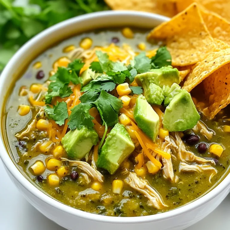 - 2 cups cooked chicken, shredded - 1 can (15 oz) green enchilada sauce - 4 cups chicken broth - 1 cup corn (canned or frozen) - 1 can (14 oz) black beans, rinsed and drained - 1 medium onion, diced - 3 cloves garlic, minced - 1 teaspoon cumin - 1 teaspoon smoked paprika - Salt and pepper to taste - 1 cup shredded cheese (like Monterey Jack or Mexican blend) - 1/4 cup fresh cilantro, chopped (for garnish) - 2 avocados, diced (for topping) - Tortilla chips (for serving) You can switch out chicken for turkey or even tofu for a vegetarian twist. If you want a different flavor, try a red enchilada sauce. For a vegan version, use vegetable broth and skip the cheese. You can also use fresh corn instead of canned or frozen. If you can’t find black beans, pinto beans work just as well. Always choose fresh herbs for the best flavor. Look for bright green cilantro with no brown spots. When picking avocados, choose ones that are slightly soft but not mushy. Fresh garlic should feel firm. Use a whole onion instead of pre-diced for a stronger taste. When selecting chicken, rotisserie chicken saves time and adds great flavor. {{ingredient_image_1}} Start by gathering all your ingredients. You will need: - 2 cups cooked chicken, shredded - 1 can (15 oz) green enchilada sauce - 4 cups chicken broth - 1 cup corn (canned or frozen) - 1 can (14 oz) black beans, rinsed and drained - 1 medium onion, diced - 3 cloves garlic, minced - 1 teaspoon cumin - 1 teaspoon smoked paprika - Salt and pepper to taste - 1 cup shredded cheese (like Monterey Jack or Mexican blend) - 1/4 cup fresh cilantro, chopped (for garnish) - 2 avocados, diced (for topping) - Tortilla chips (for serving) Chop the onion and mince the garlic. This step adds great flavor to your soup. Heat a drizzle of olive oil in a large pot over medium heat. Add the diced onion and sauté for about 5 minutes. You want it to be soft and clear. Next, add the minced garlic. Cook for one more minute. You will smell a nice aroma! Now it’s time to add the chicken broth. Bring it to a simmer. Pour in the green enchilada sauce. Then, add the shredded chicken, corn, and black beans. Stir in the cumin, smoked paprika, salt, and pepper. Mix everything well and let it simmer for about 15-20 minutes. This helps all the flavors blend together. After simmering, taste the soup. Adjust the seasoning if needed. Serve the soup hot. Top it with shredded cheese, diced avocados, and chopped cilantro. This adds a fresh touch! Don’t forget the tortilla chips for dipping. They add a nice crunch and flavor. Enjoy your meal! To boost flavor in your green enchiladas chicken soup, use fresh herbs. Fresh cilantro adds a bright touch. You can also squeeze lime juice for extra zest. Consider roasting the garlic before adding it to the pot. Roasting makes it sweet and rich. For a little heat, add jalapeños or chipotle peppers. They give the soup a nice kick. Don’t forget to taste as you go. Adjust the salt and pepper for the best results. One common mistake is not sautéing the onion long enough. The onion should be soft and sweet. If you skip the simmering time, the flavors won't blend well. Be sure to let the soup simmer for at least 15 minutes. Also, do not skip the seasoning. A little salt and pepper can make a big difference. Lastly, avoid using pre-shredded cheese. It often has anti-caking agents that can affect melting. You need a large pot for this recipe. A sturdy wooden spoon helps in mixing without scratching the pot. A sharp knife makes dicing the onion and garlic easier. Measuring cups and spoons ensure you use the right amounts. A ladle is helpful for serving the soup. If you love garnishes, have a cutting board ready for the avocado and cilantro. Pro Tips Use Rotisserie Chicken: For a quicker option, use store-bought rotisserie chicken to save time on cooking and shredding the chicken. Customize Your Heat: Adjust the spiciness of the soup by using a spicier green enchilada sauce or adding diced jalapeños for extra heat. Fresh Herbs Matter: Adding fresh cilantro right before serving enhances the flavor of the soup; consider also adding lime juice for a bright touch. Make It Creamy: For a creamier soup, stir in a dollop of sour cream or cream cheese just before serving. {{image_2}} You can easily make a vegetarian version of this soup. Just swap the chicken for extra vegetables. Use mushrooms, zucchini, or bell peppers for great taste. You can also add more beans, like pinto or kidney beans. This will give you protein and fiber. Use vegetable broth instead of chicken broth. It will keep the flavor rich and tasty. If you like heat, try adding jalapeños or green chilies. Chop them up and throw them in during cooking. You can also use spicy green enchilada sauce. This will kick up the spice level. If you want even more heat, add a dash of hot sauce before serving. It will make your soup extra exciting! You can personalize your soup with more ingredients. Try adding a cup of diced tomatoes for freshness. Fresh corn adds sweetness, and you can use it instead of canned corn. If you love cheese, mix in different types like queso fresco or pepper jack. For crunch, top your soup with tortilla strips or crushed tortilla chips. Each addition will make your soup unique and tasty! To keep your green enchiladas chicken soup fresh, let it cool. Then, pour it into an airtight container. Store it in the fridge for up to three days. If you want to keep it longer, consider freezing it. When you’re ready to enjoy your soup again, grab a pot. Pour the soup in and heat it over medium heat. Stir often to avoid sticking. You can also use the microwave. Place the soup in a microwave-safe bowl. Heat it for one to two minutes, stirring halfway through. Ensure it’s hot all the way through before eating. Freezing this soup is easy! After cooking, let it cool completely. Then, ladle it into freezer-safe bags or containers. Remove as much air as you can before sealing. You can freeze it for up to three months. When you want to eat it, thaw it in the fridge overnight. Reheat it on the stove or in the microwave. You’ll have a warm meal ready to go! Yes, you can make this soup in advance. Just follow the recipe and let it cool. Store it in the fridge for up to three days. When you’re ready to eat, heat it on the stove. This helps the flavors blend more. You might need to add a splash of broth if it thickens. To spice it up, add diced jalapeños or chili powder. You can also try hot sauce. Start with a small amount and taste as you mix. This way, you can find the right heat for your taste. Adjusting the spice level makes this soup fun to customize. I love to serve this soup with tortilla chips. They add a nice crunch. You can also pair it with a fresh salad or some warm bread. These sides balance the meal and add more flavors. Enjoying it with family or friends makes it even better. This blog post covered essential ingredients and tips for making a great soup. We explored substitutions, preparation steps, cooking methods, and serving ideas. Tips helped enhance flavor and avoid mistakes. Variations like a spicy option or a vegetarian version offer fun twists. Finally, we discussed storage and reheating for leftovers. With these insights, you now have the tools to create, adapt, and enjoy your soup! Cooking can be fun and rewarding. Give it a try!