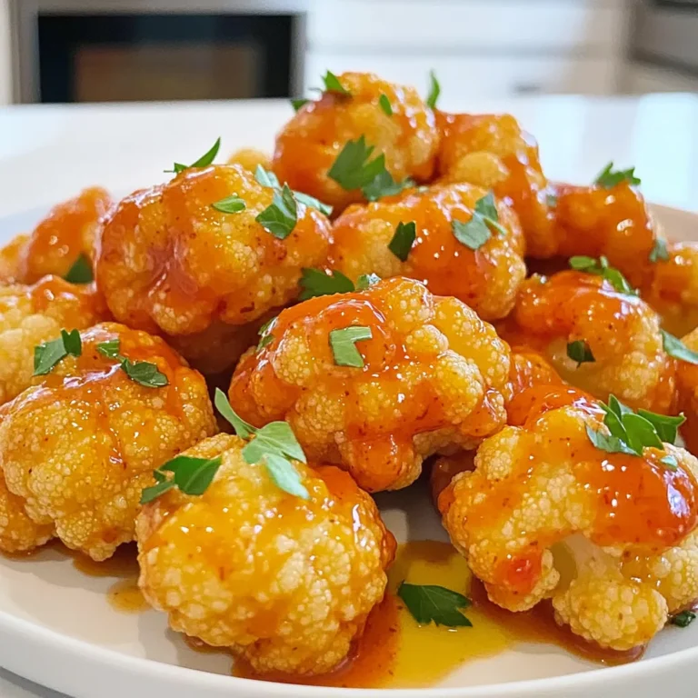 For a tasty batch of Air Fryer Buffalo Cauliflower, you need these key items: - 1 medium head of cauliflower, cut into florets - 1 cup all-purpose flour - 1 teaspoon garlic powder - 1 teaspoon onion powder - 1 teaspoon smoked paprika - ½ teaspoon salt - ½ teaspoon black pepper - 1 cup buttermilk (or a dairy-free alternative) - ½ cup buffalo sauce (store-bought or homemade) - 2 tablespoons olive oil These ingredients work together to create a crunchy and flavorful snack. The cauliflower acts as a great base, while the batter adds texture. The buffalo sauce gives it that spicy kick that makes it hard to stop eating. You can add some extra flair with these optional items: - Fresh parsley for garnish - Extra buffalo sauce for drizzling - Celery sticks or carrot sticks for serving Fresh parsley adds a pop of color and freshness. The extra sauce can enhance the flavors even more. Serving with veggies like celery or carrots gives a nice crunch and balances the heat. If you have dietary needs, consider these substitutes: - Gluten-free flour for a gluten-free version - Almond milk or oat milk instead of buttermilk for dairy-free options - Cauliflower rice or broccoli florets for a different texture These alternatives let you enjoy this snack without worry. You can still achieve great flavor and texture no matter your dietary needs. Start by rinsing the cauliflower under cold water. Cut the head into bite-sized florets. Aim for florets that are similar in size. This helps them cook evenly. In a large bowl, mix 1 cup of all-purpose flour, 1 teaspoon of garlic powder, 1 teaspoon of onion powder, 1 teaspoon of smoked paprika, ½ teaspoon of salt, and ½ teaspoon of black pepper. Whisk until combined. Next, add 1 cup of buttermilk and stir until the batter is smooth. Preheat your air fryer to 400°F (200°C). Dip each floret into the batter, ensuring each piece is well-coated. Shake off any extra batter. Lightly spray the air fryer basket with cooking spray. Arrange the florets in a single layer. Cook for 12-15 minutes. Shake the basket halfway to ensure even cooking. The florets should turn golden brown and crispy. Once cooked, place the cauliflower in a large bowl. Pour in ½ cup of buffalo sauce and 2 tablespoons of olive oil. Toss the florets gently to coat them well in the sauce. Return the sauced cauliflower to the air fryer basket. Cook for an additional 3-5 minutes. This step helps the sauce stick to the florets. Your Air Fryer Buffalo Cauliflower is now ready to enjoy! To make your buffalo cauliflower extra crispy, follow these steps: - Use fresh cauliflower. Older florets can be soggy. - Cut the florets into even sizes. This helps them cook evenly. - Coat the florets well in the batter. A thick layer adds crunch. - Preheat your air fryer to 400°F (200°C). This step ensures a crisp finish. - Avoid overcrowding the basket. Cook in batches if needed. If you want to change the spice level, here’s how: - Use mild buffalo sauce for less heat. - Add honey or maple syrup to tame the spice. - Mix in a bit of ranch seasoning for a creamy flavor. - For more heat, add cayenne pepper to the batter. - Experiment slowly. Taste your sauce before tossing. To keep your buffalo cauliflower fresh, store it right: - Let the cauliflower cool before storing. - Place it in an airtight container. This prevents drying out. - Store it in the fridge for up to three days. - Reheat in the air fryer for crispness. Avoid the microwave. - Freeze leftovers in a freezer-safe bag for longer storage. {{image_2}} You can change up the flavor of buffalo cauliflower by using different sauces. Try a spicy garlic sauce for an extra kick. If you like sweet heat, use honey sriracha. For a tangy twist, go for a barbecue sauce. Each sauce adds a new twist to this tasty snack. You can mix and match to find your favorite. To make this dish vegan, replace buttermilk with a plant-based milk. Almond or oat milk works great. For gluten-free options, swap all-purpose flour with gluten-free flour. This keeps the recipe light while catering to different diets. You can enjoy the same crispy texture without any gluten. You can add more veggies to boost flavor and nutrition. Try adding chopped bell peppers or zucchini. They cook well in the air fryer and taste amazing with buffalo sauce. You can also mix in broccoli florets for extra crunch. This not only makes the dish more colorful but also adds more nutrients. After you enjoy your Air Fryer Buffalo Cauliflower, store leftovers in an airtight container. Keep it in the fridge for up to three days. Make sure it cools down before sealing. This helps keep the flavors fresh and the cauliflower crispy. Avoid stacking the florets too high to prevent them from getting soggy. When you want to enjoy your leftovers, reheating is simple. Preheat your air fryer to 350°F (175°C). Place the cauliflower in a single layer in the basket. Heat for about 5-7 minutes. This method restores crispiness better than a microwave. Check for warmth, and enjoy that tasty flavor again! Yes, you can freeze buffalo cauliflower! First, let the cooked cauliflower cool completely. Then, place it in a freezer-safe bag or container. It can last for up to three months in the freezer. When you're ready to eat, just reheat it in the air fryer. The texture will be a bit different, but it's still delicious! You cook buffalo cauliflower in an air fryer for 12 to 15 minutes. Preheat your air fryer to 400°F (200°C). Shake the basket halfway through to ensure even cooking. You want the florets to be golden brown and crispy. Yes, you can use frozen cauliflower florets. However, they may need a little extra cooking time. Thaw and drain them first for the best results. This helps the batter stick better and keeps them crispy. Air fryer buffalo cauliflower pairs well with several items. Try serving it with ranch or blue cheese dressing for dipping. It also goes great with celery and carrot sticks. You can add it to salads or tacos for a spicy kick. Yes, buffalo cauliflower is a healthy snack option. It is low in calories and high in fiber. Cauliflower is also full of vitamins and minerals. Just watch the buffalo sauce, as it can add extra sodium. To make homemade buffalo sauce, mix ½ cup of hot sauce with ¼ cup of melted butter. You can add garlic powder, cayenne pepper, or other spices for more flavor. Blend the ingredients well for a smooth sauce. Adjust the heat to your liking! In this post, we explored the key ingredients, step-by-step instructions, and helpful tips for making air fryer buffalo cauliflower. You learned how to achieve that perfect crispiness and customize the dish to suit your taste. Remember, you can mix sauces, adjust spice levels, and even add extra veggies for nutrition. With the right storage tips, you can enjoy this tasty dish later. Whether for a snack or a side, buffalo cauliflower is a fun, healthy choice. Go ahead and try this recipe for a delicious experience!