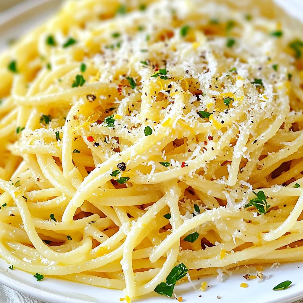 - 8 oz spaghetti or your choice of pasta - 4 tablespoons unsalted butter - 4 cloves garlic, minced - Zest and juice of 1 large lemon - 1/2 teaspoon red pepper flakes (optional) - 1/4 cup grated Parmesan cheese - Salt and black pepper to taste - Fresh parsley, chopped for garnish For this recipe, you need 8 ounces of pasta. This amount works well for 2 to 4 servings. Use a food scale or measuring cup for accuracy. You should have 4 tablespoons of butter, which adds richness. Make sure to mince 4 cloves of garlic for a strong flavor. The zest and juice from one lemon bring brightness and freshness. Red pepper flakes give a slight kick, but they are optional. You will also need 1/4 cup of grated Parmesan cheese for creaminess. Finally, use salt and black pepper to enhance the taste. Fresh parsley adds a nice touch to the dish. I suggest using spaghetti for this dish. It works great with the sauce and flavors. However, you can also try fettuccine or linguine. Both types hold the sauce well. If you prefer whole wheat or gluten-free pasta, feel free to use those options. Just be sure to adjust the cooking time as needed. {{ingredient_image_1}} First, gather your ingredients. You need: - 8 oz spaghetti or your choice of pasta - 4 tablespoons unsalted butter - 4 cloves garlic, minced - Zest and juice of 1 large lemon - 1/2 teaspoon red pepper flakes (optional) - 1/4 cup grated Parmesan cheese - Salt and black pepper to taste - Fresh parsley, chopped for garnish Next, fill a large pot with water and add salt. Bring it to a boil. While you wait, chop the garlic and parsley. Zest the lemon and then juice it. This way, you have everything ready. Once the water boils, add your pasta. Cook it according to the package until it is al dente. This usually takes about 8-10 minutes. Before draining, save one cup of pasta water. This water helps make the sauce creamy. In a large skillet, melt the butter over medium heat. After it melts, add the minced garlic. Sauté it for one to two minutes. You want it fragrant, not brown. Next, stir in the lemon zest and juice. If you like some heat, add the red pepper flakes too. Cook for another minute. Now, add the drained pasta to the skillet. Toss it in the lemon garlic butter. Gradually pour in the reserved pasta water. Mix until you have the sauce you like. Then, stir in the grated Parmesan cheese. Season with salt and black pepper. To plate, use a fork or tongs to twist the pasta onto plates. This gives it a nice shape. Sprinkle extra grated Parmesan on top for a cheesy finish. Finally, add the chopped parsley for color and freshness. Serve right away. Enjoy your lemon butter garlic pasta! When cooking pasta, always use a large pot. Fill it with water to allow the pasta to move freely. Bring the water to a rolling boil before adding salt. The salt enhances the flavor of the pasta. Cook the pasta until it is al dente, which means firm to the bite. This helps it hold its shape and texture. Remember to reserve some pasta water before draining. This water is starchy and helps the sauce cling to the pasta. To boost flavor, use fresh garlic instead of dried. Fresh garlic gives a stronger taste. You can also try adding lemon zest before cooking. This adds a bright note that pairs well with the butter. If you like heat, sprinkle in red pepper flakes. They give a nice kick. Finally, fresh parsley adds color and freshness. Toss it in right before serving for the best effect. One common mistake is overcooking the pasta. This makes it mushy and less enjoyable. Another mistake is not adding enough salt to the water. Pasta needs salt to taste good. Also, don’t forget to mix the pasta with the sauce well. If you simply place sauce on top, it does not coat evenly. Lastly, avoid letting the pasta sit too long before serving. It can dry out or stick together. Pro Tips Use Fresh Ingredients: Fresh garlic and lemon zest will enhance the flavor of your pasta significantly compared to dried alternatives. Adjust the Heat: If you prefer a milder dish, reduce or omit the red pepper flakes. For more heat, add more according to your taste. Reserve Pasta Water: Always reserve some pasta cooking water. It helps to adjust the sauce's consistency and makes it cling better to the pasta. Garnish for Freshness: Fresh parsley adds a pop of color and a fresh flavor. Don’t skip this step for a beautiful presentation! {{image_2}} You can add protein to your Lemon Butter Garlic Pasta for extra flavor and nutrition. Chicken works great. Cook it in the skillet before adding garlic. Slice it thin after cooking for easy mixing. Shrimp is another good choice. Sauté the shrimp until pink and tender. Both options make the dish heartier. If you prefer a vegetarian dish, skip the meat but keep the flavor. You can add veggies like spinach or cherry tomatoes. Toss them in the skillet with the garlic. They will cook quickly and add color. You can also use chickpeas for protein. They mix well and add a nice texture. Use seasonal ingredients to change up the dish. In spring, try fresh asparagus or peas. In summer, add zucchini or bell peppers. Fall brings great options like butternut squash. These swaps keep each meal fresh and exciting. You’ll enjoy the burst of flavors with every season. Store any leftover Lemon Butter Garlic Pasta in an airtight container. Let the pasta cool first. Place it in the fridge for up to three days. You can freeze the pasta if you want to keep it longer. Place the cooled pasta in a freezer-safe bag. Remove as much air as possible. It can stay good for up to three months. To reheat, you can use a microwave or a skillet. If using a microwave, add a splash of water. Heat in short bursts to avoid drying it out. If using a skillet, add a little butter over low heat. Stir gently until warmed through. You can use Pecorino Romano cheese. It has a salty taste and good texture. Nutritional yeast also works well for a dairy-free option. It adds a cheesy flavor without the cheese. Yes, you can! Use gluten-free pasta made from rice or chickpeas. It cooks just like regular pasta. Make sure to check the package for cooking times. Add more red pepper flakes to the dish. Start with one teaspoon and taste as you go. You can also use diced fresh chili peppers for a fresh kick. This post covered all key steps to make delicious pasta. We talked about ingredients, cooking methods, and the best types of pasta to use. Don't forget to apply the tips and tricks to avoid common mistakes. You can customize your dish with proteins or seasonal veggies. Store leftovers properly to enjoy later. Remember, cooking is all about having fun while learning. Happy cooking!