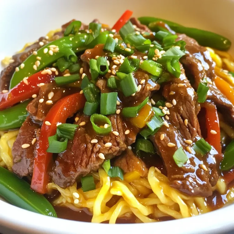 To make Sticky Beef Noodles, gather the following ingredients: - 300g beef steak (sirloin or flank), thinly sliced - 250g egg noodles (or your choice of noodles) - 2 tablespoons soy sauce - 1 tablespoon oyster sauce - 1 tablespoon hoisin sauce - 1 tablespoon brown sugar - 1 tablespoon sesame oil - 2 garlic cloves, minced - 1 teaspoon ginger, grated - 1 red bell pepper, sliced - 1 cup sugar snap peas - 2 green onions, chopped - Sesame seeds for garnish You can add your favorite vegetables or proteins to this dish. Try: - Broccoli or bok choy for extra greens - Chicken or tofu for a different protein option - Fresh herbs like cilantro for a fresh taste - Chili flakes to add a kick of heat Each ingredient adds flavor and health benefits. Here are some highlights: - Beef: A good source of protein and iron, which helps build muscle. - Egg noodles: Provide carbohydrates for energy and are quick to cook. - Garlic: Known for its immune-boosting properties and heart health benefits. - Red bell pepper: Packed with vitamin C and antioxidants, good for skin health. - Sugar snap peas: Low in calories, high in fiber, and support digestion. - Ginger: Aids digestion and has anti-inflammatory properties. Using fresh ingredients not only boosts flavor but also adds nutrition to your meal. {{ingredient_image_1}} To make Sticky Beef Noodles, start with the egg noodles. Cook them as the package says. When they are soft, drain and rinse them in cold water. This stops the cooking. Set the noodles aside. Next, mix your sticky sauce. In a bowl, combine soy sauce, oyster sauce, hoisin sauce, brown sugar, and sesame oil. Stir well to blend. Now, heat oil in a large skillet or wok on medium-high heat. Add minced garlic and grated ginger. Sauté for 30 seconds until you smell the aroma. Add the thinly sliced beef to the skillet. Stir-fry it for about 2-3 minutes. The beef should brown but not fully cook. Then, toss in the sliced red bell pepper and sugar snap peas. Stir-fry both veggies for about 2 minutes. They should be tender-crisp, bright, and colorful. Pour the sticky sauce over the beef and veggies. Stir to coat everything well. Let it simmer for about 2 minutes. This thickens the sauce and makes it sticky. Finally, add the cooked noodles into the skillet. Toss them with the beef and sauce until all ingredients mix well. Heat everything through. Serve hot, and top each bowl with chopped green onions and sesame seeds for extra flavor. To keep the beef tender, slice it thinly against the grain. This helps break down tough muscle fibers. Marinate the beef in the sticky sauce for 15 minutes before cooking. This adds flavor and helps tenderize the meat. Make sure not to overcook the beef in the skillet. Remove it while it still has some pink inside; it will continue cooking as you add it to the noodles. To get the best noodle texture, watch the cooking time. Follow the package instructions closely. Once cooked, rinse the noodles in cold water. This stops cooking and keeps them from getting mushy. When you add them to the skillet, toss them gently with the sauce. This helps coat each noodle without breaking them apart. Making Sticky Beef Noodles can be simple, but some mistakes can happen. Here are key points to keep in mind: - Overcooking the beef: Cook the beef for just 2-3 minutes. This keeps it tender. - Not rinsing noodles: Always rinse your noodles after cooking. This stops them from sticking. - Skipping the sauce mix: Combine the sauces well before adding them to the pan. It ensures even flavor. - Using too much heat: Medium-high heat is best. Too high can burn garlic and ginger. - Ignoring the veggies: Add them at the right time. You want them tender but still crisp. Using the right tools makes cooking easier and more fun. Here’s what I recommend: - Large skillet or wok: This allows you to stir-fry evenly. - Sharp knife: Makes slicing beef and veggies quick and safe. - Cutting board: A stable surface is key for cutting. - Measuring spoons: Use these for accurate sauce measurements. - Tongs or spatula: Helps in tossing the noodles with beef and sauce. Sticky Beef Noodles taste great on their own, but you can make meals even better. Here are some ideas: - Serve with a side salad: A fresh salad adds crunch and balances the rich flavors. - Pair with spring rolls: They add a nice texture and complement the dish. - Top with fresh herbs: Adding cilantro or basil can brighten the dish. - Serve with chili sauce: A little heat can enhance the flavor for spice lovers. - Enjoy with a cold drink: I recommend iced tea or lemonade to cool down the meal. Pro Tips Slice Against the Grain: When slicing beef, always cut against the grain for a more tender bite. This helps break down the muscle fibers and results in a more enjoyable texture. Prep Ahead: To save time, you can marinate the beef in the sticky sauce for at least 30 minutes before cooking. This enhances flavor and tenderness. Vegetable Variations: Feel free to swap in your favorite vegetables. Broccoli, carrots, or bok choy are great alternatives that add color and nutrition. Adjust the Sweetness: If you prefer a sweeter sauce, increase the amount of brown sugar. Conversely, for a saltier flavor, add a bit more soy sauce. {{image_2}} You can change the beef in this recipe. Use chicken, tofu, or even shrimp. If you pick chicken, use boneless thighs or breasts. Cut them into thin slices. For tofu, grab firm tofu and press it to remove extra water. Then, slice it into cubes. Cook the protein just like the beef. You can mix in many veggies for a fresh twist. Try broccoli, carrots, or bok choy. These add crunch and color. You can also use mushrooms or zucchini. Just chop them into bite-sized pieces. The key is to stir-fry them until they are tender but still bright. Want some heat? Add red pepper flakes or sliced chili peppers. You can stir them in with the garlic and ginger for a spicy kick. If you prefer mild flavors, skip the spicy extras. The dish is still full of taste with just the sauces. You can also serve chili sauce on the side for those who want it spicy. To store leftover Sticky Beef Noodles, place them in an airtight container. Make sure to cool the noodles to room temperature first. You can keep them in the fridge for up to three days. If you want to save them longer, freezing is a good option. When reheating, I suggest using a skillet. Heat it on medium with a splash of water or oil. Add the noodles and cover the skillet. This helps steam the noodles, keeping them moist. Stir occasionally until they are hot. If you use a microwave, place noodles in a bowl and cover it. Heat in short bursts, stirring in between. If you want to freeze your Sticky Beef Noodles, divide them into portions. Use freezer-safe bags or containers. Remove as much air as possible to avoid freezer burn. They can last up to three months in the freezer. When ready to eat, thaw them overnight in the fridge before reheating. The best noodles for Sticky Beef Noodles are egg noodles. They have a nice chewy texture. You can also use rice noodles or udon noodles. Each type brings its own flavor. Choose what you enjoy best! Yes, you can make Sticky Beef Noodles ahead of time. Cook the noodles and beef separately. Store them in airtight containers. When you want to eat, just reheat them. Add a little water or sauce to help with moisture. This way, your meal stays tasty. Sticky Beef Noodles come from Asian cuisine. Many people think they started in China. Different regions have their own versions. Chefs use local ingredients and flavors. This dish blends savory sauces with tender beef and fresh veggies. It’s loved worldwide for its rich taste. In this blog post, we explored how to make Sticky Beef Noodles. We covered the full list of ingredients, tasty variations, and helpful cooking tips. Remember to pay attention to the texture of the noodles and the tenderness of the beef. Avoid common mistakes for the best results. This dish is not only flavorful but also allows for many personal twists. Enjoy your cooking journey, and don't hesitate to try new combinations that fit your taste!