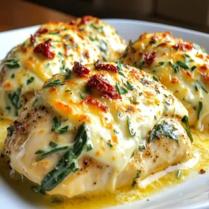 For this creamy low carb chicken bake, you will need: - 4 boneless, skinless chicken breasts - 1 cup cream cheese, softened - 1 cup shredded mozzarella cheese - 1 cup spinach, fresh or frozen (thawed and drained) - 1/2 cup sun-dried tomatoes, chopped (in oil, drained) - 1 clove garlic, minced - 1 teaspoon Italian seasoning - Salt and pepper to taste - 1 tablespoon olive oil I use cream cheese and mozzarella for this dish. Cream cheese makes it rich and creamy. It adds a nice texture that melts well. Mozzarella gives a stretchy, gooey feel that everyone loves. You can also mix in other cheeses like parmesan. They add a sharp taste that balances the creaminess. When choosing chicken breasts, look for a pink color with no spots. The meat should feel firm and look moist. For spinach, fresh leaves should be bright green and crisp. If using frozen, make sure it is fully thawed and drained. Sun-dried tomatoes should be plump and packed in oil for the best flavor. Always check expiration dates on cream cheese and mozzarella to ensure freshness. {{ingredient_image_1}} Start by preheating your oven to 375&deg;F (190&deg;C). This step warms the oven, so your dish cooks evenly. Next, season the chicken breasts with salt and pepper. Use a good amount to enhance the flavor. Heat a tablespoon of olive oil in a large oven-safe skillet over medium heat. Once hot, add the chicken. Sear each side for about 5 minutes until golden brown. This gives the chicken a nice crust. In a bowl, combine the softened cream cheese and shredded mozzarella cheese. Add in the spinach, sun-dried tomatoes, and minced garlic. Mix in Italian seasoning, salt, and pepper. Use a spoon to blend everything well. The mixture should be creamy and smooth. This blend adds a rich flavor to the chicken. After searing the chicken, remove the skillet from heat. Spread the creamy mixture evenly over each chicken breast. Make sure to cover them generously for great taste. Then, transfer the skillet to your preheated oven. Bake for 25-30 minutes. The chicken should be fully cooked, and the topping should look bubbly and slightly golden. After baking, let it cool for a few minutes before serving. Enjoy your meal! To make your creamy low carb chicken bake extra smooth, use softened cream cheese. It blends well with the mozzarella. Mix them until they are fully combined. The spinach and sun-dried tomatoes add flavor and color. If the mix seems too thick, add a splash of milk to thin it out. Searing the chicken first helps lock in the juices. Cook each side for about five minutes until golden. Then, bake it until cooked through. Use a meat thermometer to check the internal temperature. Aim for 165&deg;F (75&deg;C) for perfect chicken every time. This keeps it juicy and tender. For a beautiful plate, serve your chicken on a bed of fresh arugula. The green adds a pop of color. You can also place roasted veggies beside it for extra texture. Drizzle a little balsamic glaze over the top. This adds a nice touch and enhances the dish&rsquo;s flavor. Pro Tips Brining the Chicken: Soak the chicken breasts in a simple brine (water and salt) for 30 minutes before cooking to enhance moisture and flavor. Cheese Variations: Experiment with different cheese combinations like gouda or parmesan for a unique flavor twist. Fresh Herbs: Add fresh herbs like basil or parsley to the creamy mixture for added freshness and aroma. Resting Time: Allow the chicken to rest for 5-10 minutes after baking to retain its juices and enhance tenderness. {{image_2}} For a tasty low-carb twist, swap out the chicken for other proteins. Turkey or pork tenderloin can work well. You can also use cauliflower for a veggie option. Cauliflower has a nice texture and soaks up flavors well. This keeps the dish low in carbs while still being filling. Adding vegetables boosts nutrition and flavor. Consider bell peppers, zucchini, or mushrooms. Slice them thin and mix into the creamy base. You can also layer them under the chicken in the skillet. Spinach is already in the recipe, but kale or broccoli could add a nice crunch too. Get creative with flavors! Try adding different herbs like thyme or rosemary. A dash of lemon juice can brighten the dish. For a spicy kick, add red pepper flakes or diced jalape&ntilde;os. You can also mix in some pesto for a fresh twist. These tweaks let you make the dish your own. To keep this creamy low carb chicken bake fresh, use an airtight container. Place the cooled dish inside. Cover it tightly to prevent air from getting in. If you want to store it for a long time, consider freezing it. For freezing, wrap the dish tightly with plastic wrap and then foil. This keeps it safe from freezer burn. When you're ready to enjoy leftovers, take them out of the fridge. You can use the oven or a microwave. For the oven, preheat it to 350&deg;F (175&deg;C). Place the chicken bake in an oven-safe dish. Cover it with foil to keep it moist. Heat for about 20 minutes or until it's hot throughout. If using a microwave, heat in short bursts. Check every minute to avoid overcooking. This dish lasts about 3-4 days in the fridge. If frozen, it can last up to 3 months. Just make sure to label your container with the date. This way, you can enjoy it later without guessing when you made it. Yes, this recipe is perfect for meal prep. You can make it ahead and store it in the fridge. Just divide it into containers for easy meals during the week. It tastes great even after a few days in the fridge. Reheat it in the oven or microwave when you are ready to eat. Absolutely! You can use different cheeses to change the flavor. Cream cheese and mozzarella work well, but you can try cheddar or gouda too. Just remember that each cheese will give a unique taste and texture. So, feel free to experiment and find your favorite combo! To make this dish dairy-free, you can swap the cream cheese and mozzarella. Use dairy-free cream cheese and a plant-based cheese that melts well. You can also add more vegetables to enhance the dish. This way, you keep the creaminess while avoiding dairy. Enjoy your tasty meal without the dairy! This blog post covered all you need for a great dish. We explored the key ingredients and types of cheese. You learned how to prepare and bake the chicken perfectly. I shared tips to keep your dish creamy and flavorful. We also discussed variations to fit your diet and storage info for leftovers. Remember, cooking should be fun and easy. Enjoy trying out this recipe!