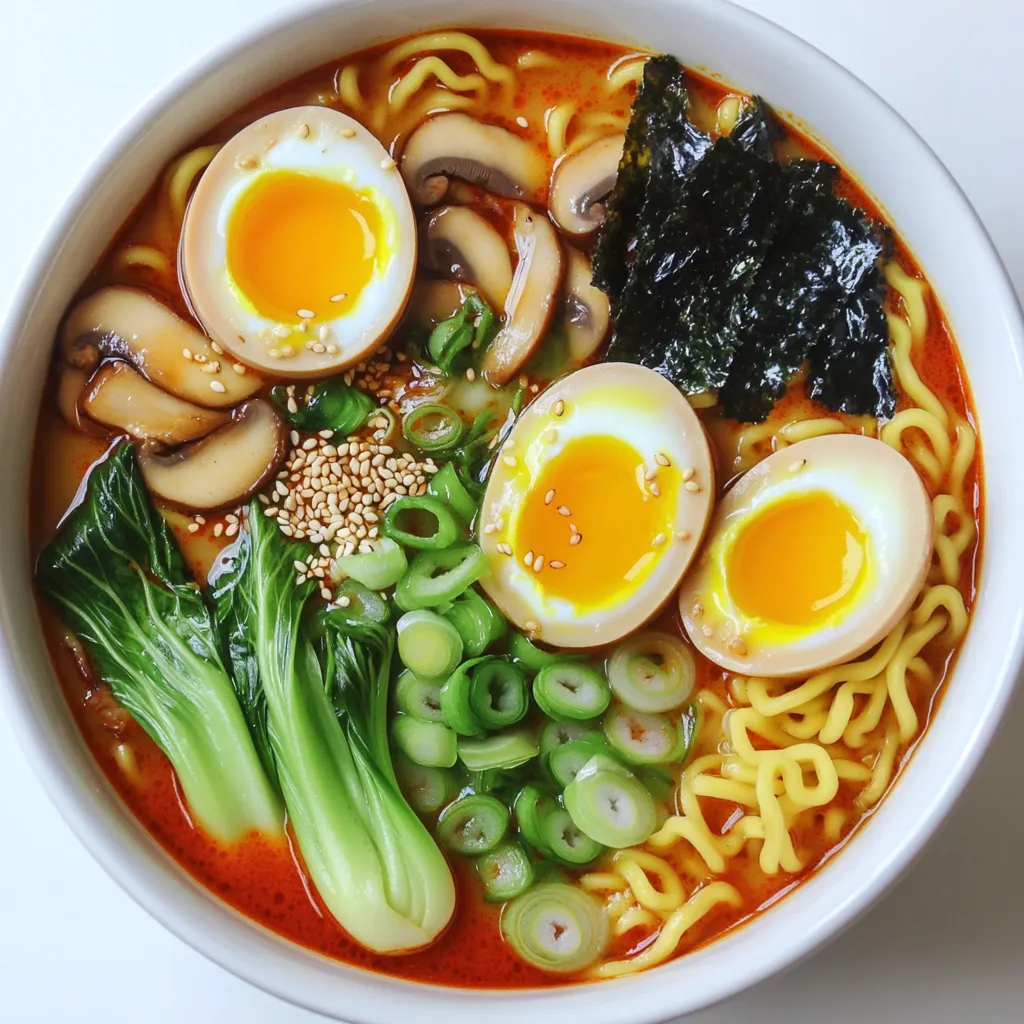To make spicy miso ramen with jammy egg, gather these key ingredients: - 4 cups vegetable broth - 2 tablespoons white miso paste - 1 tablespoon red chili paste (adjust to taste) - 2 packs of ramen noodles (fresh or dry) - 2 soft-boiled eggs (jammy) - 1 cup baby bok choy, halved - 1 cup shiitake mushrooms, sliced - 1 small carrot, julienned - 1 tablespoon sesame oil These items form the heart of your dish. The miso paste and chili paste add depth and heat. The ramen noodles provide the perfect base, while the vegetables add texture and flavor. Next, enhance your ramen with these condiments and garnishes: - 2 green onions, sliced (for garnish) - Nori sheets (seaweed) for topping - Toasted sesame seeds for garnish - Chili oil for drizzling (optional) These toppings add color and crunch. The green onions bring freshness, while nori adds a savory umami taste. You can also play around with these optional ingredients: - Additional vegetables like spinach or bean sprouts - Different types of mushrooms - A splash of soy sauce for extra flavor Feel free to mix and match! These options let you customize the dish to your liking. To start, fill a pot with water and bring it to a boil. This step is key for perfect jammy eggs. Once the water boils, gently lower in the eggs. Boil them for 6 to 7 minutes. The time depends on how runny you want the yolk. After boiling, transfer the eggs to an ice bath. This stops the cooking process. Let them sit for a few minutes to cool. Once cool, peel the eggs carefully. Set them aside for later. Next, grab a large pot and heat sesame oil over medium heat. Add your sliced shiitake mushrooms and julienned carrot. Sauté them for about 3 to 4 minutes until they soften. This step builds a nice flavor base. After that, pour in 4 cups of vegetable broth. Stir in 2 tablespoons of white miso paste and 1 tablespoon of red chili paste. Mix well and bring the broth to a gentle simmer. Let it cook for about 10 minutes. This allows all the flavors to blend beautifully. While your broth simmers, prepare the ramen noodles. Cook them according to package instructions. Once done, drain them and set aside. After the broth has simmered for 10 minutes, add 1 cup of halved baby bok choy. Let it cook for 2 to 3 minutes until just tender. Now you have a tasty broth with vegetables ready to serve! In bowls, divide the cooked ramen noodles. Ladle the spicy miso broth over the noodles. Top each bowl with halved jammy eggs and your favorite garnishes. Enjoy your flavorful delight! To make a jammy egg, start with fresh eggs. Boil water in a pot. Once boiling, gently add the eggs. Boil them for 6-7 minutes. After that, quickly place them in an ice bath. This cools them down fast and stops the cooking. Let them sit in the ice bath for a few minutes. Peel them carefully for the best result. You can control the spice in your ramen. Start with one tablespoon of red chili paste. Taste the broth after it simmers. If you want more heat, add more chili paste. You can also drizzle chili oil on top when serving. This lets each person adjust their spice level to their liking. A well-presented bowl makes your ramen pop. Use wide, shallow bowls for a nice look. Start by adding the cooked ramen noodles. Pour the spicy miso broth over the noodles. Halve the jammy egg and place it on top. Garnish with sliced green onions and nori sheets. Finish with a sprinkle of toasted sesame seeds. A drizzle of chili oil adds flair and flavor. {{image_2}} To make a vegetarian version of spicy miso ramen, swap the vegetable broth for mushroom broth. It adds a rich flavor. You can also replace the miso with a vegan alternative. For protein, use tofu or tempeh. Marinate them in soy sauce and pan-fry until golden. You can still enjoy that warm, cozy bowl of ramen without any meat. If you want more protein, try adding grilled chicken, shrimp, or pork. You can marinate the meat in soy sauce and sesame oil. Cook it until it's tender and juicy. For a spicy kick, add sriracha or chili garlic sauce to your protein. This addition makes the dish more filling and satisfying. Feel free to mix up the veggies in your ramen. You can add spinach, bell peppers, or zucchini. These add color and crunch. Just make sure to cook them in the broth until tender. If you like more heat, toss in some sliced jalapeños. This will elevate your ramen to a new level of flavor. Store your spicy miso ramen in an airtight container. Make sure to separate the broth from the noodles. This way, the noodles won't get soggy. Keep the leftovers in the fridge. They will last for about three days. If you have jammy eggs left, store them in the shell to keep them fresh. When you're ready to eat, reheat the broth on the stove. Warm it over low heat until hot. It’s best not to boil it again. For the noodles, you can add them directly to the hot broth. This will heat them up quickly. If you saved the jammy eggs, you can warm them in hot water for a minute or two. To freeze your ramen, store the broth and noodles separately. Use freezer-safe containers or bags. The broth can stay fresh for up to three months. When you're ready to enjoy it, thaw the broth overnight in the fridge. Reheat as mentioned above. Cook new noodles fresh for the best taste and texture. A jammy egg is a soft-boiled egg with a creamy yolk. You cook it for about 6-7 minutes. This gives the egg a perfect, runny center. It adds richness to dishes like ramen. You can enjoy jammy eggs on toast or salads too. They are easy to make and very tasty. Yes, you can use store-bought broth for this recipe. It saves time and is very convenient. Choose a quality vegetable broth for the best flavor. Look for low-sodium options to control salt levels. Adding miso paste will enhance the taste as well. To adjust the spice level, modify the amount of red chili paste. Start with less, then taste and add more if needed. You can also add chili oil for extra heat. If you want less spice, you could skip the chili paste entirely. Balancing flavors is key to your perfect bowl of ramen. In this post, we explored ingredients, instructions, and tips for making a tasty dish. We covered the main components, condiments, and optional ingredients to add flavor. You learned how to prepare jammy eggs, make spicy miso broth, and cook noodles and veggies. Plus, we shared neat tricks for perfecting your dish. I hope you feel ready to try different variations and store leftovers with ease. Enjoy making this meal and share your tasty results!
