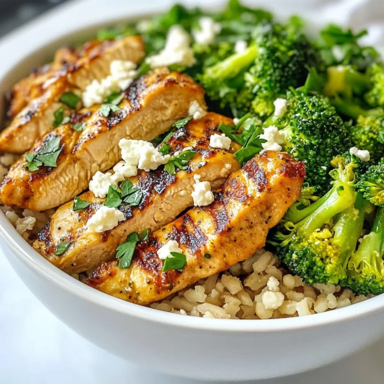- 2 chicken breasts, boneless and skinless - 2 cups broccoli florets - 1 cup brown rice, uncooked - 2 tablespoons olive oil - 2 cloves garlic, minced - 1 teaspoon paprika - 1 teaspoon Italian seasoning - Salt and pepper, to taste - 1/4 cup low-sodium chicken broth - Juice of 1 lemon - 1/4 cup feta cheese, crumbled (optional) - Fresh parsley, chopped, for garnish - Extra olive oil and lemon juice Start by mixing olive oil, garlic, paprika, Italian seasoning, lemon juice, salt, and pepper in a bowl. This mixture adds great flavor. Coat the chicken breasts well with the marinade. Let them sit for at least 30 minutes. For even more flavor, marinate for up to 2 hours in the fridge. While your chicken marinates, cook the brown rice. Use chicken broth instead of water for better taste. Follow the package instructions and once cooked, set it aside. This step ensures the rice is packed with flavor. Preheat your grill to medium-high heat. Take the chicken out of the marinade and grill it for about 6-7 minutes on each side. The chicken is ready when it reaches a safe internal temperature of 165°F (75°C). After grilling, let the chicken rest for a few minutes, then slice it into strips. While the chicken rests, steam the broccoli florets. Use a pot with a small amount of water and steam for about 3-5 minutes. The broccoli should be tender but still bright green. Season it with a pinch of salt and pepper for a simple flavor boost. To build your bowls, start with a base of brown rice. Then layer the grilled chicken strips and steamed broccoli on top. For added flavor and color, sprinkle crumbled feta cheese and chopped fresh parsley over each bowl. Drizzle a bit of olive oil or lemon juice before serving to enhance the taste even more. {{ingredient_image_1}} - You can make these bowls ahead of time. - Cook the chicken and broccoli, then store them in the fridge. - Prepare your rice in bulk and keep it sealed. - Use airtight containers for freshness. - These bowls last about 3 to 4 days in the fridge. - Try different seasonings like cumin or chili powder. - Add a splash of soy sauce for a twist. - For a homemade sauce, mix yogurt with herbs and lemon. - A store-bought teriyaki or barbecue sauce works well too. - Swap chicken for tofu for a vegan meal. - Shrimp is also a great choice. - Use chickpeas if you want a plant-based option. - These swaps keep the dish tasty and filling. - Use quinoa for a nutty flavor and more protein. - Cauliflower rice adds a lighter touch. - White rice is classic and easy to find. - Each grain changes the bowl's texture and taste. - Add bell peppers for crunch and color. - Carrots bring sweetness and a nice bite. - In summer, try adding zucchini or corn. - In fall, butternut squash adds a warm flavor. Each serving of Grilled Chicken Broccoli Bowls has around 400 calories. This dish provides a good mix of macronutrients. The main sources include: - Protein from chicken: This helps build and repair muscles. - Carbohydrates from brown rice: These give you energy. - Fiber from broccoli: This supports digestion and keeps you full. Broccoli is a superfood packed with vitamins. It has vitamin C, which helps your immune system. It also has fiber, which aids digestion. Lean chicken is a great source of protein. It contains less fat than other meats, making it a healthy choice. Whole grains like brown rice offer lasting energy. They help keep blood sugar stable and are more nutritious than white rice. So, these ingredients work together to create a healthy meal. Pro Tips Marinate for Maximum Flavor: Allow the chicken to marinate for at least 2 hours for the best flavor infusion. Perfectly Cooked Rice: Rinse the brown rice before cooking to remove excess starch and achieve a fluffier texture. Grill Marks Matter: For perfect grill marks, avoid moving the chicken too much while grilling. Let it sear properly on each side. Brighten Up Your Dish: Add a sprinkle of lemon zest on top before serving for an extra burst of freshness. {{image_2}} Store your Grilled Chicken Broccoli Bowls in an airtight container. This keeps the food fresh. Place them in the refrigerator within two hours of cooking. They will last for up to four days. When you're ready to eat, simply reheat the bowl in the microwave. Heat it for one to two minutes. Stir halfway through for even heating. Make sure the chicken reaches 165°F (75°C) before eating. You can freeze the assembled bowls for longer storage. Wrap each bowl tightly in plastic wrap. Then, place it in a freezer-safe bag. This helps avoid freezer burn. They can stay fresh for up to three months. To thaw, move the bowl to the fridge overnight. For quick thawing, use the microwave on defrost. Once thawed, reheat as mentioned before. Enjoy your meal as if it was freshly made! You can marinate chicken for about 30 minutes to 2 hours. This time helps the chicken soak up all the flavors. If you marinate it longer, it will taste even better. Just avoid marinating for more than 24 hours, as it can change the chicken's texture. Yes, you can cook the chicken without a grill. You can use a pan on the stove or an oven. For pan-searing, heat a little olive oil over medium heat. Cook the chicken for about 6-7 minutes on each side until it’s done. If using the oven, bake at 400°F (200°C) for about 20-25 minutes. Great side dishes for these bowls include: - Mixed green salad with a light dressing - Roasted sweet potatoes for a sweet touch - Quinoa for extra protein and texture - A simple yogurt sauce for creaminess These sides add more flavor and color to your meal. Grilled chicken broccoli bowls are a simple and tasty meal. You learned about the key ingredients, from chicken breasts to brown rice and veggies. I explained how marinating boosts flavor and shared tips for cooking each component. Variations let you customize your meal, and I provided helpful storage advice. Remember, this dish is flexible and healthy, making it perfect for any day. Enjoy cooking and experimenting with your own versions!