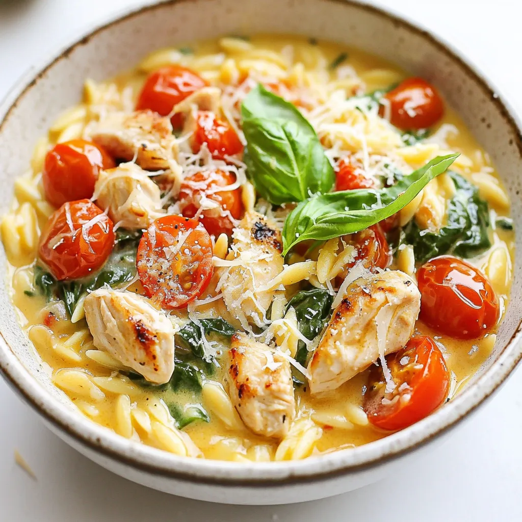 - 2 cups orzo pasta - 1 lb boneless, skinless chicken breasts, diced - 1 tablespoon olive oil - 1 medium onion, finely chopped - 3 cloves garlic, minced - 2 cups chicken broth - 1 cup heavy cream - 1 cup spinach, chopped - 1 cup cherry tomatoes, halved - 1 teaspoon dried oregano - 1 teaspoon garlic powder - Salt and pepper to taste - Fresh basil, for garnish - Grated Parmesan cheese, for serving (optional) You can swap orzo for other pasta types, like penne or fusilli. Use vegetable broth instead of chicken broth for a vegetarian option. If you prefer a lighter dish, substitute heavy cream with half-and-half. Feel free to use frozen spinach instead of fresh; just thaw and drain it before adding. Cherry tomatoes can be replaced with diced bell peppers for a sweet twist. I love using dried oregano for a warm flavor. Garlic powder adds depth without extra prep. Fresh basil gives a bright finish, while Parmesan cheese adds a rich kick. You can also try red pepper flakes for heat. If you want more zest, a squeeze of lemon juice works wonders. {{ingredient_image_1}} To make creamy chicken orzo, start by heating olive oil in a large pot over medium heat. Add diced chicken, season it with salt, pepper, garlic powder, and dried oregano. Cook the chicken for about 5 to 7 minutes. It should turn brown and be cooked through. Remove the chicken and set it aside. Next, add the finely chopped onion and minced garlic to the same pot. Sauté these for about 3 to 4 minutes until they soften. Then, add the orzo pasta and sauté for another minute. This step helps give the orzo a nice toast. Now, pour in 2 cups of chicken broth. Bring it to a simmer, then reduce the heat to low. Cover the pot and let it cook for about 10 minutes. Stir occasionally. You want the orzo to be tender and for most of the liquid to be absorbed. After that, stir in 1 cup of heavy cream, chopped spinach, and halved cherry tomatoes. Cook for another 2 to 3 minutes. This makes the dish creamy and delicious. Finally, return the cooked chicken to the pot. Stir everything together. Taste it and adjust the seasoning if necessary. To ensure your chicken is perfectly cooked, cut it into small, even pieces. This helps it cook faster and more evenly. Use a meat thermometer to check if the chicken reaches 165°F. This temperature keeps it safe to eat. Also, don’t overcrowd the pan when you cook the chicken. If you add too much at once, it may steam instead of brown. Cook it in batches if needed. Stirring is key during the cooking process. It helps prevent the orzo from sticking to the pot. Regular stirring also ensures even cooking and helps blend the flavors well. When you add the chicken broth, stir to mix the orzo and broth evenly. After adding the cream and veggies, stir again. This keeps everything combined and creamy. Remember, a good stir goes a long way in making your dish flavorful and smooth! To get a great creamy texture, use heavy cream. It adds richness and smoothness. Stir the cream in at the end of cooking. This helps it blend well without curdling. You can also add a splash of pasta water if needed. This water helps the sauce stick to the orzo better. One common mistake is overcooking the orzo. Cook it just until tender. If you cook it too long, it can become mushy. Another mistake is not stirring enough. Stirring helps the orzo cook evenly and prevents sticking. Lastly, don’t forget to season your chicken. A little salt and pepper make a big difference. To boost flavor, try adding herbs like thyme or rosemary. Fresh herbs brighten the dish. You can also add lemon juice for a tangy kick. For nutrition, toss in more veggies. Peas, carrots, or bell peppers add color and nutrients. If you want more protein, consider adding beans or chickpeas. They make the meal heartier and healthier. Pro Tips Tip 1: For extra flavor, marinate the chicken in olive oil, garlic, and herbs for at least 30 minutes before cooking. Tip 2: To prevent the orzo from getting mushy, be sure to stir occasionally while it cooks and keep an eye on the liquid level. Tip 3: Feel free to add other vegetables like bell peppers or zucchini for added nutrition and color. Tip 4: For a lighter version, substitute heavy cream with half-and-half or a non-dairy milk option. {{image_2}} You can change the protein in creamy chicken orzo. Shrimp works well. Just cook it in the pot until it turns pink. Tofu is another great choice. Use firm tofu, cut into cubes. Sauté the tofu until it is golden. Both options add unique flavors and textures. To make a vegetarian version, skip the chicken. Use more vegetables instead. You can add mushrooms for a meaty taste. Zucchini and bell peppers also work. These veggies keep the dish hearty and satisfying. Swap chicken broth for vegetable broth. This keeps the creaminess while making it plant-based. Get creative with vegetables in your orzo! Spinach is a great start, but you can add more. Try peas for a sweet touch. Broccoli florets add crunch and color. Carrots can bring a nice sweetness. Just chop them small and add them while cooking. The more veggies, the merrier! Storing creamy chicken orzo is simple. First, let the dish cool to room temperature. Then, transfer it to an airtight container. Make sure to seal it tightly. You can keep it in the fridge for up to three days. This way, you can enjoy it again without losing flavor! When you're ready to eat the leftovers, reheating is key. Place the creamy chicken orzo in a pot over low heat. Add a splash of chicken broth or water to keep it moist. Stir often to heat evenly. You can also use the microwave. Just cover the bowl with a lid or a paper towel. Heat it in short bursts, stirring in between. This will help prevent it from drying out. If you want to freeze creamy chicken orzo, it’s best to do it right after cooking. Use freezer-safe containers or bags. Make sure to leave some space for expansion. You can freeze it for up to three months. When you’re ready to eat, remove it from the freezer. Thaw it overnight in the fridge. Then, reheat it using the tips above. This keeps your dish tasty and fresh! Yes, you can use gluten-free orzo. Many brands offer gluten-free options made from rice or corn. They cook similarly to regular orzo. Just watch the cooking time, as it may vary. This way, everyone can enjoy creamy chicken orzo. Creamy chicken orzo pairs nicely with many sides. You can serve it with a crisp green salad. Garlic bread or crusty rolls also make great choices. If you want more veggies, consider steamed broccoli or roasted carrots. These sides balance the dish well and add color to your meal. To spice up creamy chicken orzo, add red pepper flakes while cooking. You can also include diced jalapeños for a fresh kick. If you like, mix in some hot sauce before serving. Adjust the spice to your taste for the perfect heat level. Creamy chicken orzo is easy and fun to make. We covered the right ingredients and helpful tips. You learned how to achieve that creamy texture and avoid common mistakes. I shared ways to customize this dish with different proteins and veggies. Don't forget about storing and reheating your leftovers properly. Dive into this dish and enjoy all its rich flavors. With practice, you'll make it perfectly every time. Have fun in the kitchen!