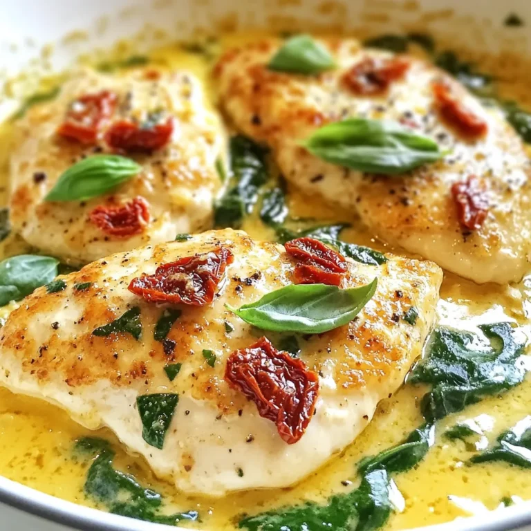 To make Marry Me Chicken, gather these items: - 4 boneless, skinless chicken breasts - 1 tablespoon olive oil - 1 teaspoon salt - 1/2 teaspoon black pepper - 1 teaspoon garlic powder - 1 teaspoon dried oregano - 1 cup heavy cream - 1/2 cup sun-dried tomatoes, chopped - 1 cup fresh spinach - 1/2 cup grated Parmesan cheese - Fresh basil for garnish For the best flavor, choose fresh ingredients. Look for chicken breasts that are plump and pink. Use high-quality olive oil to enhance the taste. Select heavy cream with no added ingredients for creaminess. For sun-dried tomatoes, pick those packed in oil for moisture and flavor. Fresh spinach should be vibrant green and crisp. Finally, always use freshly grated Parmesan cheese for the best melt and flavor. If you have dietary needs, here are some swaps: - Use chicken thighs instead of breasts for a juicier option. - For a dairy-free version, try coconut cream and nutritional yeast. - If you need a low-sodium dish, use less salt or salt-free seasoning. - For a gluten-free option, ensure your chicken broth (if used) is gluten-free. - You can replace sun-dried tomatoes with roasted red peppers for a different taste. These swaps keep the dish delicious while catering to various diets. {{ingredient_image_1}} Start by preheating your oven to 375°F (190°C). This step is key for cooking the chicken evenly. Season your chicken breasts with salt, black pepper, garlic powder, and oregano. Make sure to cover both sides. This adds great flavor to the meat. In a large oven-safe skillet, heat one tablespoon of olive oil over medium-high heat. Once hot, carefully add the seasoned chicken breasts. Sear each side for about 4-5 minutes until they turn a lovely golden brown. This step locks in the juices. After searing, remove the chicken and set it aside. In the same skillet, reduce the heat to medium. Pour in one cup of heavy cream. Stir it with the juices left in the pan. This forms a rich base for the sauce. Add half a cup of chopped sun-dried tomatoes. Cook for 2-3 minutes until it thickens slightly. Next, stir in one cup of fresh spinach. Watch it wilt in just a minute. Finally, mix in half a cup of grated Parmesan cheese. Stir until it melts and blends well. Return the seared chicken breasts to the skillet. Spoon the creamy sauce over them. Transfer the skillet to your preheated oven. Bake for 20-25 minutes. Use a meat thermometer to check that the internal temperature reaches 165°F (75°C). This ensures the chicken is cooked through and safe to eat. After baking, remove it from the oven and garnish with fresh basil before serving warm. To keep your chicken juicy, start with fresh breasts. Choose ones that are thick and even. Season them well with salt, pepper, garlic powder, and oregano. This adds flavor. Sear the chicken for just 4-5 minutes per side in hot olive oil. This browns the outside and locks in moisture. Finally, don’t skip the resting time before serving. This helps the juices settle. To make the sauce richer, always use heavy cream. It gives a nice creamy texture. You can add more sun-dried tomatoes for a deeper flavor. A splash of white wine while cooking can also enhance taste. If you want more umami, try adding a bit of soy sauce or Worcestershire sauce. These small changes make a big difference. Garnishing adds a nice touch to your dish. Fresh basil looks great and adds flavor. You can also sprinkle more Parmesan cheese on top. For a pop of color, add a few cherry tomatoes or a drizzle of balsamic glaze. These extras make the dish look elegant and inviting. Pro Tips Perfectly Sear the Chicken: Ensure your skillet is hot before adding the chicken to achieve a golden-brown crust. Quality Cream Matters: Use high-quality heavy cream for a richer, more flavorful sauce. Fresh Spinach is Key: Adding fresh spinach at the end preserves its vibrant color and nutrients. Rest Your Chicken: Allow the chicken to rest for a few minutes after baking for maximum juiciness. {{image_2}} You can swap chicken for other proteins. Try using shrimp or turkey. Each option gives a new flavor. If you want more veggies, add zucchini or bell peppers. They cook well with the sauce. This gives you a colorful dish. To make Marry Me Chicken keto-friendly, change the heavy cream. Use coconut cream for a dairy-free twist. You can also skip the sun-dried tomatoes. Instead, add mushrooms for a savory taste. These changes keep your carbs low while keeping it delicious. You can make this dish in a slow cooker too. First, season and sear the chicken as usual. Then, place the chicken in the slow cooker. Add the cream, sun-dried tomatoes, and spinach on top. Cook on low for 6-8 hours or high for 3-4 hours. The chicken stays juicy and absorbs all the flavors. To keep your Marry Me Chicken fresh, let it cool first. Place the chicken in an airtight container. Store it in the fridge for up to four days. Make sure to cover the creamy sauce well. This helps keep the flavors intact. When you are ready to eat leftovers, reheat gently. You can use a skillet over medium heat. Add a splash of cream or broth to keep it moist. Stir gently to warm up the chicken and sauce. You can also use the microwave. Heat in short bursts, stirring in between, until hot. To freeze Marry Me Chicken, let it cool completely. Place it in a freezer-safe container. You can also use freezer bags. Squeeze out excess air to prevent freezer burn. It stays good for up to three months. When ready to eat, thaw in the fridge overnight. Reheat as mentioned above. Marry Me Chicken is a modern dish that became popular on social media. It features chicken in a creamy sauce with sun-dried tomatoes and spinach. The name suggests that it’s so good, your partner might want to marry you after tasting it! The dish combines comfort and romance, making it a favorite for special dinners. Yes, you can prepare Marry Me Chicken ahead of time. You can season and sear the chicken earlier in the day. Store it in the fridge until you're ready to bake. Just remember to make the creamy sauce fresh, so it stays rich and tasty. This way, you save time and enjoy great flavors. Marry Me Chicken pairs well with many sides. Here are a few great options: - Garlic mashed potatoes - Steamed broccoli - Roasted asparagus - A simple green salad These sides balance the creamy dish and add freshness to your meal. Yes, you can make a vegetarian version! Use hearty vegetables like mushrooms or eggplant instead of chicken. You can also try tofu for added protein. Just ensure you adjust the cooking time for the vegetables. The creamy sauce works well with these swaps, keeping the dish rich and satisfying. This blog post covered everything you need to know about Marry Me Chicken. We explored the best ingredients, cooking steps, and tips for juicy results. You learned how to make tasty variations and store leftovers properly. Remember, cooking is about enjoying the process and making it your own. Now, you can impress family and friends with this dish. Happy cooking and have fun trying out new flavors!