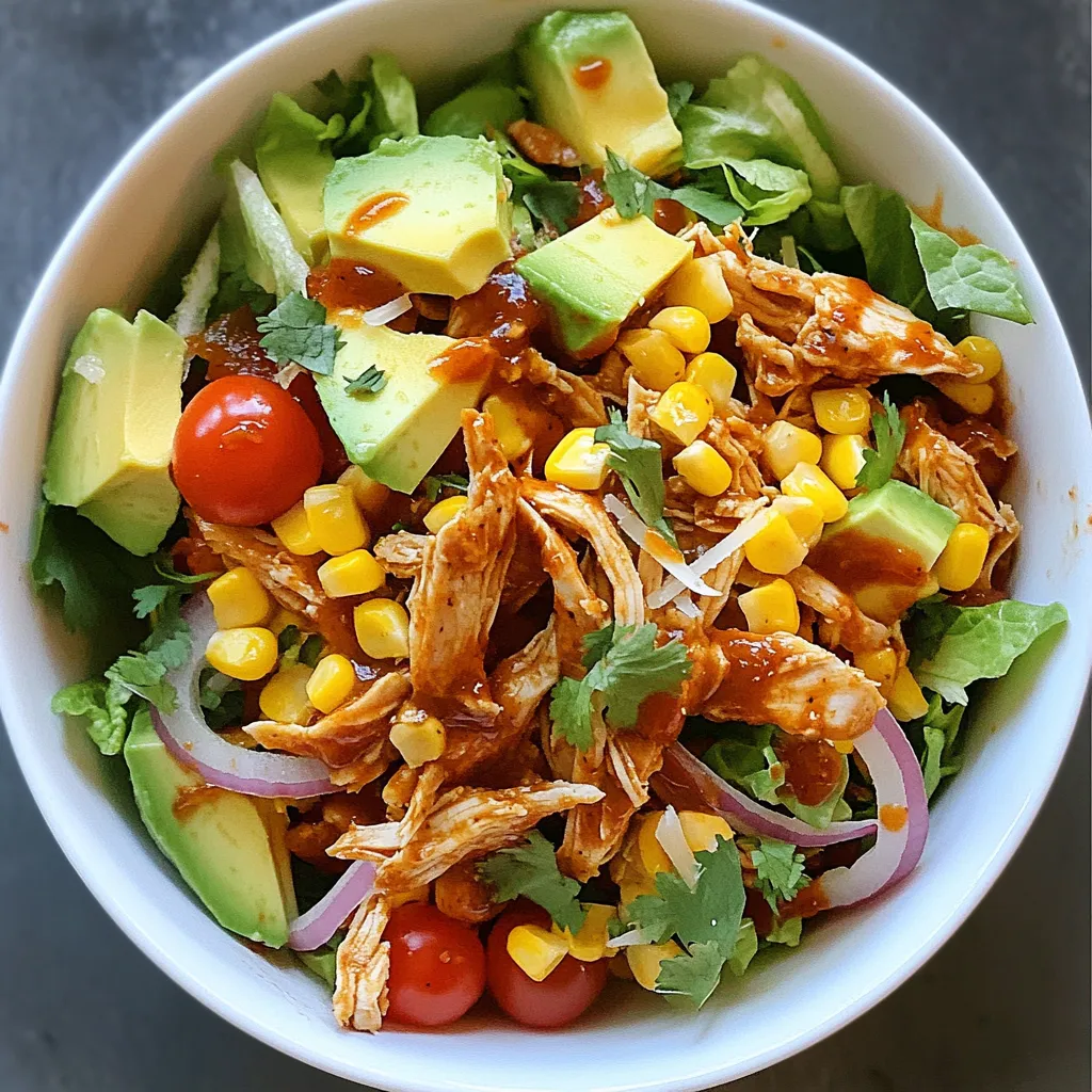- 2 cups cooked chicken breast, shredded - 1 cup corn kernels (fresh or canned) - 1 red bell pepper, diced - 1 avocado, diced - 1 cup cherry tomatoes, halved - 1 cup romaine lettuce, chopped - 1/2 cup red onion, finely chopped - 1/2 cup shredded cheese (cheddar or Monterey Jack) - 1/4 cup fresh cilantro, chopped - 1/2 cup BBQ sauce (homemade or store-bought) - 1/4 cup ranch dressing - Salt and pepper to taste The ingredients in this BBQ chicken chopped salad blend flavors and colors. Each item adds texture and taste. The shredded chicken brings protein, while BBQ sauce adds sweetness and smokiness. Fresh corn kernels give a sweet crunch. The red bell pepper adds bright color and crunch. Avocado brings creaminess, and cherry tomatoes add juiciness. Romaine lettuce forms a crisp base. The finely chopped red onion adds a bit of bite. Shredded cheese gives a rich finish. Fresh cilantro adds brightness and freshness. This mix creates a salad that is not only tasty but also appealing to the eye. Feel free to swap or add ingredients based on your taste! {{ingredient_image_1}} Start by mixing the shredded chicken with BBQ sauce in a large bowl. Use enough sauce to coat every piece. This adds flavor and makes the chicken juicy. I love using homemade sauce for a unique taste, but store-bought works great too. In another bowl, combine the romaine lettuce, corn, red bell pepper, avocado, cherry tomatoes, and red onion. Chop the lettuce into bite-sized pieces. Dice the red bell pepper and avocado. Halve the cherry tomatoes. This mix gives a nice crunch and freshness to the salad. Now it's time to bring it all together. Toss the BBQ chicken with the salad base until everything is mixed well. The chicken should be spread evenly throughout. Drizzle ranch dressing over the top, and toss lightly to coat. Season with salt and pepper to taste. Finish by adding shredded cheese and fresh cilantro for a bright touch. When picking BBQ sauce, think about flavor and texture. Homemade sauce gives you control over taste. You can add more spices or sweetness to fit your needs. Store-bought sauces are quick and easy. Look for ones with natural ingredients. Check the label to avoid added sugars and preservatives. Shredding chicken can be a breeze. Use two forks to pull apart the meat while it is still warm. This method works well for chicken breast. You can also use a stand mixer on low speed. Just place the cooked chicken in the bowl and mix for a few seconds. Both methods save time and effort. To keep your salad fresh, store it in an airtight container. Layer the ingredients wisely. Place the dressing on the bottom and the lettuce on top. This way, the greens stay crisp. If you add avocado, sprinkle some lemon juice over it. This helps prevent browning. Enjoy your salad within two days for the best taste. Pro Tips Use Leftover Chicken: This recipe is perfect for using leftover rotisserie chicken, saving you time and adding flavor. Customize Your Veggies: Feel free to add or substitute vegetables based on your preference, such as cucumbers, carrots, or any seasonal produce. Make It Spicy: For a kick, add sliced jalapeños or a dash of hot sauce to the salad before serving. Chill Before Serving: Let the salad chill in the fridge for about 15 minutes after mixing for the flavors to meld together beautifully. {{image_2}} You can switch up the protein in this BBQ chicken chopped salad. If you want something different, try grilled shrimp. Shrimp cooks fast and adds a nice taste. You can also use tofu for a meat-free option. Tofu soaks up flavors well and can make the salad filling. The veggies you use can change with the seasons. In summer, add fresh cucumbers or zucchini. They bring a cool crunch. In fall, try roasted sweet potatoes or beets. These add warmth and sweetness. For winter, consider hearty greens like kale or Brussels sprouts. They keep the salad fresh and vibrant. For dressings, you have fun options. Instead of ranch, try a zesty lime vinaigrette. It adds a bright kick. A honey mustard dressing is also great for a sweet touch. You could even mix BBQ sauce with Greek yogurt for a creamy twist. Each option brings a new flavor to the salad. To store leftovers in the fridge, place the salad in an airtight container. Make sure to keep the dressing separate. This helps maintain the salad's crunch. Use the salad within three days for the best taste. If you mix it with the dressing, it may get soggy. Freezing this salad is not ideal, but you can freeze some parts. Freeze the cooked chicken mixed with BBQ sauce. Store it in a freezer-safe bag or container. You can freeze corn and diced bell peppers too. Avoid freezing fresh veggies like avocado and lettuce, as they won't thaw well. When ready to serve, thaw the chicken in the fridge overnight. Heat it in the microwave or on the stove until warm. Combine the thawed chicken with fresh salad ingredients. Add dressing just before serving to keep everything crisp. Enjoy your BBQ Chicken Chopped Salad fresh and tasty! Yes, you can make this salad ahead of time. Just prepare the chicken and salad base. Keep them separate until you're ready to serve. This keeps the salad fresh and crisp. You can store the chicken in BBQ sauce in the fridge for up to three days. If you want a change, try Greek yogurt or blue cheese dressing. You can also use balsamic vinaigrette for a tangy twist. Each option adds its own unique flavor to the salad. Yes, this recipe is great for meal prep. You can easily divide it into lunch-sized portions. Just remember to keep the dressing separate until you’re ready to eat. This helps keep the salad crunchy and tasty. Cooked BBQ chicken lasts about three to four days in the fridge. Make sure it’s in an airtight container. Always check for signs of spoilage before using it. Enjoy your delicious BBQ Chicken Chopped Salad! This BBQ Chicken Chopped Salad is simple and tasty. You mix cooked chicken with BBQ sauce and combine it with fresh veggies like avocado and corn. You can switch up the proteins and dressings to your liking. Remember to store leftovers the right way to keep them fresh. Enjoy making this salad any time! It's a great way to eat healthy and satisfy your cravings with flavor.