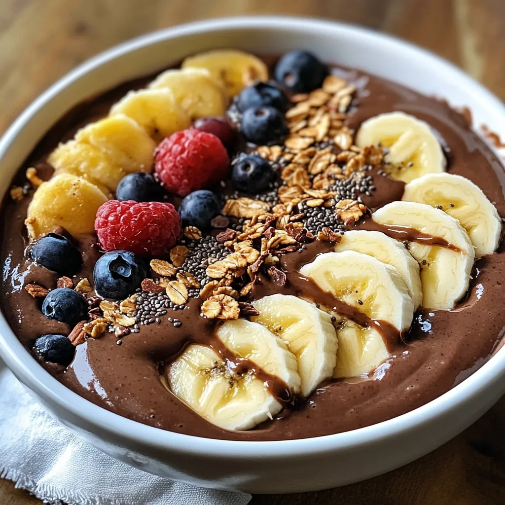 For a delicious Chocolate Peanut Butter Smoothie Bowl, you'll need: - 2 ripe bananas, frozen - 1 cup unsweetened almond milk - 2 tablespoons natural peanut butter - 2 tablespoons cocoa powder - 1/2 teaspoon vanilla extract These main ingredients create a rich and creamy base. Frozen bananas add sweetness and a smooth texture. Almond milk keeps it light and dairy-free. Peanut butter gives it that nutty flavor, while cocoa powder adds the chocolatey goodness. You can sweeten your smoothie bowl with: - 1 tablespoon honey - 1 tablespoon maple syrup These sweeteners are optional. If you like it sweeter, add one. Honey and maple syrup mix well with the other flavors. You can skip them if you prefer a less sweet taste. The fun part is adding toppings. Here are some great ideas: - Sliced bananas - Granola - Chia seeds - Cacao nibs - Fresh berries These toppings not only look good but also add crunch and extra flavor. You can mix and match based on what you like. A drizzle of extra peanut butter or honey on top makes it even better! {{ingredient_image_1}} First, gather all your ingredients. You need: - 2 ripe bananas, frozen - 1 cup unsweetened almond milk - 2 tablespoons natural peanut butter - 2 tablespoons cocoa powder - 1 tablespoon honey or maple syrup (optional) - 1/2 teaspoon vanilla extract - Toppings: sliced bananas, granola, chia seeds, cacao nibs, and fresh berries Make sure your bananas are ripe. Ripe bananas add more sweetness. Slice your fresh bananas if you plan to use them as toppings. Next, place all your main ingredients in a blender. Add the frozen bananas, almond milk, peanut butter, cocoa powder, honey, and vanilla extract. Blend on high until the mix is smooth and creamy. You might need to stop and scrape down the sides. This helps mix everything well. If your smoothie is too thick, add a bit more almond milk. Blend again until you reach your desired thickness. Pour your chocolate peanut butter smoothie into a large bowl. Now, it’s time to get creative with toppings! Artfully arrange sliced bananas, granola, chia seeds, cacao nibs, and fresh berries on top. For an extra touch, drizzle more peanut butter or honey on top. Use a decorative spoon to serve. Scatter your toppings in a way that looks pretty. A sprinkle of cinnamon can make it even more appealing! To get a super creamy texture, use ripe bananas. Frozen bananas work best. They add a thick and smooth base. You can also add a splash more almond milk if needed. Blend until everything is silky. If you have leftovers, store them in a sealed container. Keep it in the fridge for up to two days. When you want to eat it, stir well. You might need to blend it again for a fresh taste. Pick a natural peanut butter for the best flavor. Look for one with no added sugar or oils. The best kinds only have peanuts and salt. This keeps the taste clean and healthy. Try different brands to find your favorite one. Pro Tips Use Frozen Bananas: Make sure your bananas are fully frozen for a creamier texture and a chilled smoothie bowl. Experiment with Toppings: Feel free to mix and match your favorite toppings like nuts, seeds, or different fruits for added crunch and flavor. Adjust Sweetness: Taste the smoothie before adding any sweetener; the bananas might provide enough natural sweetness on their own. Presentation Matters: Take your time arranging the toppings; a beautiful presentation enhances the enjoyment of the smoothie bowl. {{image_2}} You can switch almond milk for other types of milk. Try oat milk for a creamier texture. Coconut milk adds a nice tropical twist. Soy milk is great if you want extra protein. Each milk brings its own unique taste. Want to mix things up? Add a scoop of protein powder for a boost. You can blend in spinach for extra greens without changing the taste. A dash of cinnamon or nutmeg gives warmth. For a fruity twist, toss in a handful of berries or some mango. These add flavor and nutrients. Instead of regular granola, choose a low-sugar version. Top with fresh fruits like kiwi or pineapple for a bright touch. Chopped nuts add crunch and protein. Consider using yogurt for creaminess and probiotics. These swaps keep your smoothie bowl tasty and healthy. Each serving of the Chocolate Peanut Butter Smoothie Bowl has about 300 calories. This bowl can fill you up without weighing you down. Here’s how the calories break down: - Frozen bananas: 100 calories - Almond milk: 30 calories - Peanut butter: 190 calories - Cocoa powder: 25 calories - Honey or maple syrup: 60 calories (if used) - Bananas: These fruits provide potassium and vitamin C. They help with digestion and give you energy. - Almond milk: Low in calories, this milk is dairy-free and rich in vitamin E. - Peanut butter: Packed with protein and healthy fats, it keeps you full longer. - Cocoa powder: This adds antioxidants and can boost mood. - Chia seeds: If you add them, they offer fiber and omega-3 fatty acids. This smoothie bowl is vegan and gluten-free. It uses almond milk and natural ingredients. You can swap the peanut butter for sunflower seed butter for a nut-free option. Yes, you can use fresh bananas. However, frozen bananas give a creamier texture. They also chill the smoothie bowl. If you use fresh bananas, add some ice cubes to keep it cool. This recipe is already dairy-free since it uses almond milk. You can choose other non-dairy milks too. Options include oat milk, coconut milk, or soy milk. Each adds its own unique flavor. If you need a substitute for almond milk, try oat milk or coconut milk. Both will work well. You can also use soy milk or rice milk if you prefer. Each one gives a different taste. To make this bowl kid-friendly, let them choose toppings. Sliced strawberries, colorful sprinkles, or mini chocolate chips are great options. You can also blend in spinach or kale for added nutrients without changing the flavor. The best toppings include sliced bananas, granola, and chia seeds. You can add cacao nibs for a chocolate crunch. Fresh berries like strawberries, blueberries, or raspberries also add color and flavor. We covered all you need to know for a great Chocolate Peanut Butter Smoothie Bowl. You learned about the main ingredients, optional sweeteners, and tasty toppings. We discussed how to prepare, blend, and serve this treat. I shared tips for creaminess, storage, and choosing peanut butter. We also explored variations, nutrition facts, and common questions. Make this smoothie bowl your way, and enjoy every bite. Simple changes can boost flavor or health. Enjoy trying out your own ideas!