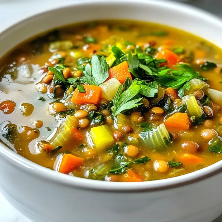 - 1 cup green or brown lentils, rinsed - 1 can (15 oz) butter beans, drained and rinsed - 4 cups vegetable broth - 1 onion, finely chopped - 2 cloves garlic, minced - 2 cups fresh spinach, chopped - 1 carrot, diced - 1 celery stalk, diced - 1 tablespoon olive oil - 1 teaspoon ground cumin - 1 teaspoon smoked paprika - Salt and pepper to taste - Juice of 1 lemon - Fresh parsley for garnish Each serving of this soup is about 1.5 cups. It has: - Calories: 250 - Protein: 12g - Carbohydrates: 40g - Fiber: 12g - Fat: 5g - Lentils: They are rich in protein and fiber. Lentils help keep you full. They also support heart health. - Butter Beans: These beans provide a creamy texture. They are high in protein, iron, and magnesium. - Spinach: Spinach is low in calories but high in vitamins A and C. It also contains antioxidants that help fight disease. - Carrots: Carrots are great for your eyes. They have beta-carotene, which your body turns into vitamin A. - Olive Oil: This oil has healthy fats. It can help lower bad cholesterol and support heart health. - Lemon Juice: Lemon adds a bright flavor. It is high in vitamin C, which boosts your immune system. These ingredients come together to make a tasty and healthy meal. Enjoy the comfort of this soup while knowing you are eating well! {{ingredient_image_1}} Start by gathering all your ingredients. This makes cooking easier and faster. You will need lentils, butter beans, vegetable broth, onion, garlic, spinach, carrot, celery, olive oil, spices, salt, pepper, and lemon juice. 1. Heat the oil: In a large pot, heat 1 tablespoon of olive oil over medium heat. 2. Sauté the veggies: Add the finely chopped onion, minced garlic, diced carrot, and diced celery. Sauté for 5-7 minutes. Wait until the vegetables soften and smell great. 3. Add spices: Stir in 1 teaspoon of ground cumin and 1 teaspoon of smoked paprika. Cook for 1-2 minutes. This helps the spices release their flavor. 4. Combine lentils and broth: Pour in 1 cup of rinsed lentils and 4 cups of vegetable broth. Bring it to a boil. 5. Simmer the soup: Reduce the heat to a simmer and cover the pot. Let it cook for 20-25 minutes. The lentils should be soft when done. 6. Add beans and spinach: Stir in 1 can of drained butter beans and 2 cups of chopped spinach. Let it simmer for another 5-10 minutes. This wilts the spinach and warms the beans. 7. Season the soup: Add salt, pepper, and juice from 1 lemon. Taste and adjust the seasoning if needed. 8. Serve hot: Ladle the soup into bowls and garnish with fresh parsley. Enjoy your delicious meal! - Always sauté your vegetables on medium heat. This ensures they cook evenly and stay tender. - If your lentils seem too firm, give them a few extra minutes. They should be soft but not mushy. - When adding the spinach, keep the pot covered. This helps it cook quickly while keeping its bright color. These easy steps make cooking this soup simple and fun! When cooking lentils, start by rinsing them. This helps remove dust or debris. Use green or brown lentils for this soup. They hold their shape well. - Soak lentils for 1-2 hours for quicker cooking. - Use a large pot for even cooking. - Don’t skip the simmering step; it makes them tender. To boost flavor, add spices early in the cooking process. Ground cumin and smoked paprika add depth. You can also use fresh herbs for a fresh taste. - Stir in a bay leaf while cooking. - Squeeze in lemon juice just before serving. - Use vegetable broth instead of water for more taste. A few common mistakes can spoil your soup. Don’t overcook the lentils; they should remain firm. Add spinach only in the last minutes of cooking. - Avoid adding salt too early; it can toughen lentils. - Ensure the pot is covered to keep moisture in. - Don’t skip garnishing with parsley; it adds color and flavor. Pro Tips Tip Title: Use Fresh Ingredients: Fresh spinach and high-quality vegetable broth can greatly enhance the flavor of your soup. Tip Title: Adjust Consistency: If you prefer a thicker soup, blend a portion of the soup and return it to the pot. Tip Title: Spice It Up: Feel free to add more spices or herbs like thyme or bay leaves for an extra flavor kick. Tip Title: Leftover Storage: This soup stores well in the fridge for up to 3 days; just make sure to reheat gently. {{image_2}} You can switch lentils and beans based on what you have. If you want, use red lentils. They cook faster and add a nice color. For beans, try chickpeas or black beans. Both work well and add a different taste. Just remember, these swaps may change the cooking time, so keep an eye on them. Feel free to add more veggies to your soup. Zucchini, bell peppers, or green beans are great options. You can also add protein. Cooked chicken or turkey gives a hearty twist. For a plant-based option, toss in some tofu or tempeh. This makes the soup even more filling and tasty. You can change the flavors with different spices. Add curry powder for a warm taste. A dash of chili flakes brings a nice kick. If you like fresh herbs, try basil or thyme. They add brightness to the soup. Don't forget to adjust salt and pepper to match your taste. This lets you personalize the soup just how you like it! To keep your soup fresh, let it cool first. Pour the soup into a clean, airtight container. Make sure it is sealed tightly. Store it in the fridge. This method keeps the soup safe and tasty for later. You can freeze this soup too! Allow it to cool completely. Then, place it in freezer-safe bags or containers. Be sure to leave some space for expansion. When you want to eat it, thaw the soup in the fridge overnight. Heat it in a pot on low until hot. You can also use the microwave for quick reheating. In the fridge, your soup lasts about 3-4 days. If you freeze it, it can last up to 3 months. Just remember that the longer it sits, the more its flavor changes. Always check for any off smells or colors before eating leftovers. Enjoy your soup fresh for the best taste! Yes, you can make this soup in a slow cooker. Start by sautéing the onion, garlic, carrot, and celery in a pan. Once they are soft, add them to the slow cooker. Then, add the rinsed lentils, vegetable broth, spices, and butter beans. Cook on low for 6-8 hours or on high for 3-4 hours. Add the spinach and lemon juice near the end, just before serving. This soup pairs well with crusty bread or a fresh salad. Try serving it with a slice of whole-grain bread for a hearty meal. A side of mixed greens with a light vinaigrette adds crunch and freshness. You can also serve it with a dollop of yogurt for creaminess. Yes, this soup freezes well. Let it cool completely before packing it into airtight containers. Leave some space at the top, as the soup will expand when frozen. It can stay in the freezer for up to three months. To reheat, thaw it overnight in the fridge and warm it on the stove or in the microwave. This blog post covered a range of topics about Spinach Lentil Butter Bean Soup. I shared ingredients, cooking steps, and essential tips. Each section helps you create a delicious and healthy meal. Remember to avoid common mistakes, use flavor enhancements, and store your soup properly for later. With these insights, you can enjoy a nutrient-rich dish that fits your needs. Feel confident trying new variations and sharing the soup with family and friends. Your cooking journey can be fun and rewarding!