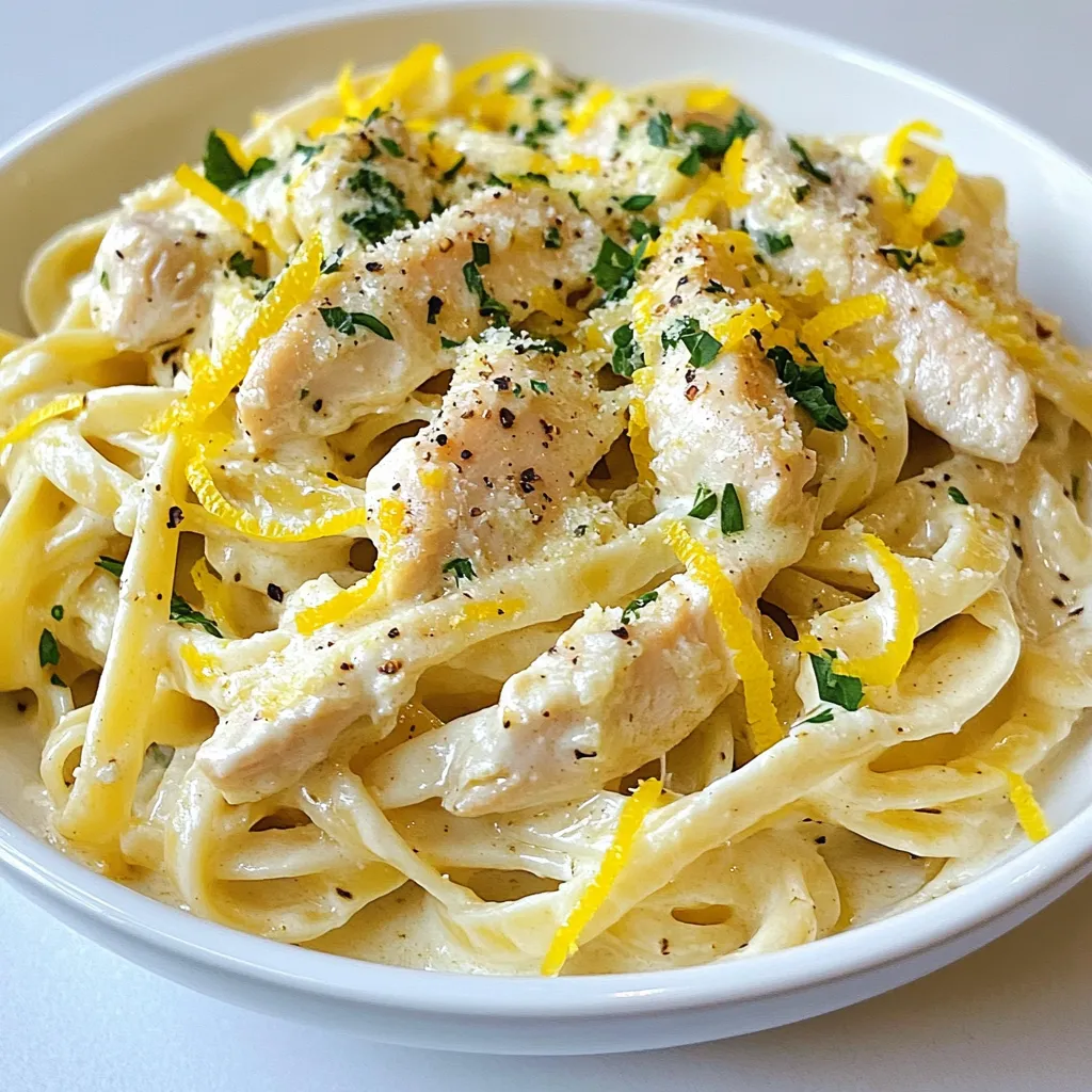 - 8 oz (225g) fettuccine pasta - 2 boneless, skinless chicken breasts, sliced into strips - 4 tablespoons unsalted butter - 4 cloves garlic, minced - 1/2 teaspoon red pepper flakes - Fresh parsley, chopped - Zest of 1 lemon - Salt and pepper - 1/2 cup grated Parmesan cheese When making Garlic Butter Chicken Pasta, the right ingredients make all the difference. Start with fettuccine pasta, which has a nice shape for holding sauce. Chicken breasts are a great choice because they cook quickly and stay juicy. Unsalted butter gives a rich flavor, while minced garlic adds that lovely aroma. You can spice things up with red pepper flakes for a slight kick. Fresh parsley brightens the dish, while lemon zest adds a fresh twist. Don’t forget salt and pepper to enhance the taste. The grated Parmesan cheese is key for a creamy finish. This dish is simple yet full of flavor. Gather these ingredients, and you’re ready to create a meal that feels gourmet without the fuss. {{ingredient_image_1}} - Boil 8 oz of fettuccine pasta until al dente. - Drain the pasta and reserve 1/2 cup of the pasta water. - In a large skillet, melt 2 tablespoons of butter over medium heat. - Add 2 sliced chicken breasts, seasoned with salt and pepper. - Sauté the chicken for 5-7 minutes until golden brown. - Remove the chicken from the skillet and set it aside. - In the same skillet, add 2 more tablespoons of butter. - Once melted, add 4 minced garlic cloves and red pepper flakes if you like heat. - Sauté for 1 minute until the garlic is fragrant but not burnt. - Pour in 1 cup of heavy cream and bring to a gentle simmer. - Stir in 1/2 cup of grated Parmesan cheese until it melts, forming a creamy sauce. - Add the cooked chicken back to the skillet, along with the drained fettuccine. - Toss everything together until the pasta is well coated in the sauce. - If the sauce is too thick, add a bit of the reserved pasta water to reach your desired consistency. To get juicy chicken breast, use boneless, skinless chicken. Slice them into strips. This helps them cook faster. Season with salt and pepper before cooking. Cook them for about 5-7 minutes until golden brown. Check that the chicken is no longer pink inside. Avoid overcooking. If chicken cooks too long, it gets dry. Use a meat thermometer; aim for 165°F (75°C) for safety. For a creamy sauce, use heavy cream and Parmesan cheese. If your sauce is too thick, add reserved pasta water. Start with a little, then mix well. This helps reach your desired thickness. To enhance flavor, add lemon zest or red pepper flakes. These give a fresh kick. Stir these in just before serving for the best taste. Cook the fettuccine until it is al dente. This means it should be firm to the bite. Follow package instructions carefully. Drain but save some pasta water. This helps with the sauce later. To time everything right, start boiling the pasta first. Once the pasta is cooking, you can begin cooking the chicken and making the sauce. This way, everything is hot and fresh when you mix it together. Pro Tips Choose the Right Pasta: For this dish, fettuccine is ideal as its flat shape holds the creamy sauce well. You can use other types like linguine or spaghetti, but adjust cooking times accordingly. Perfectly Cooked Chicken: To ensure your chicken stays juicy, avoid overcrowding the skillet. Cook in batches if necessary, and let the chicken rest for a few minutes after cooking before slicing. Fresh Garlic Matters: Use fresh garlic for the best flavor. If you can, avoid pre-minced garlic, as it tends to lose its vibrant taste and aroma. Adjusting Sauce Consistency: If your sauce is too thick, gradually add the reserved pasta water until you reach your desired creaminess. Start with a tablespoon at a time to avoid making it too watery. {{image_2}} You can make your Garlic Butter Chicken Pasta even better by adding veggies. Spinach is a great choice. It wilts quickly and adds color. Broccoli adds crunch and nutrients. Just steam it and toss it in. You can also roast your vegetables. Roasting brings out sweet flavors. Try bell peppers, zucchini, or asparagus for a tasty twist. Want to switch up the protein? Shrimp works well in this dish. Cook shrimp for about 3-4 minutes until pink. Tofu is another great option for a plant-based meal. Just cube it and sauté it until golden. Adjust cooking times as needed to ensure everything cooks perfectly. You can play with spices to boost flavor. Add Italian herbs like basil or oregano for an extra kick. A pinch of smoked paprika can add depth too. Don’t forget different cheeses! Try feta or goat cheese for a tangy twist. Each change creates a new taste experience. To store leftover Garlic Butter Chicken Pasta, place it in an airtight container. This keeps it fresh. The pasta can last in the fridge for up to three days. When ready to eat, check for any signs of spoilage. Always reheat until hot. You can freeze Garlic Butter Chicken Pasta for later. Use a freezer-safe container or bag. It stays good for up to two months. For reheating, let it thaw in the fridge overnight. Heat it in a skillet with a splash of cream or water to revive the sauce. If you have a busy week, meal prep is a great idea. Cook the pasta and chicken ahead of time. Store them separately to keep them fresh. You can mix them before serving. This way, you enjoy a quick and tasty meal any day! It takes about 10 minutes to prep and 20 minutes to cook. So, the total time is 30 minutes. This quick meal is perfect for busy nights. Yes, you can use different pasta. Some good options are penne, spaghetti, or even gluten-free pasta. Just adjust the cooking time based on the type you choose. You can serve this dish with a fresh salad or garlic bread. Roasted veggies like broccoli or zucchini also make great sides. They add color and flavor. Yes, you can make this dish lighter. Use less butter and cream. You can swap heavy cream for Greek yogurt or a low-fat option. This keeps it creamy without the extra calories. Absolutely! Use gluten-free pasta like rice or corn pasta. This keeps the dish tasty while meeting your dietary needs. Just cook the gluten-free pasta according to the package instructions. This post covered key ingredients for Garlic Butter Chicken Pasta, from fettuccine to chicken. I included steps to cook the dish perfectly and tips for juicy chicken. We explored options for veggies, proteins, and flavor boosts. Additionally, I shared storage and meal prep advice to help you get ahead. Cooking this dish can be fun and rewarding. You can make it your own with simple changes. Enjoy your time in the kitchen and the delicious meals you create!