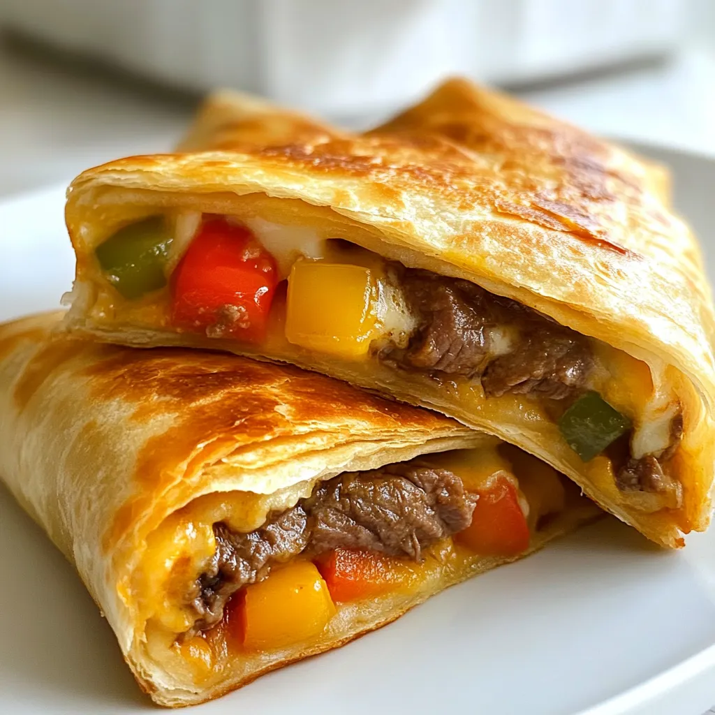 To make these tasty crispy cheesesteak chimichangas, you need a few key items. Gather these ingredients: - 1 lb flank steak, thinly sliced - 1 bell pepper, thinly sliced (any color) - 1 small onion, thinly sliced - 2 cloves garlic, minced - 1 tablespoon olive oil - 1 cup shredded provolone cheese - 4 large flour tortillas - Oil for frying These ingredients bring great flavor and texture to the dish. The flank steak gives a nice meaty base, while the bell pepper and onion add sweetness and crunch. Seasonings can make or break a dish. For these chimichangas, you will use: - 1 teaspoon Worcestershire sauce - 1 teaspoon smoked paprika - Salt and pepper to taste Worcestershire sauce adds depth. Smoked paprika gives a hint of smokiness, creating a cozy flavor. Adjust salt and pepper to suit your taste. Want to add more twist to your chimichangas? Consider these optional ingredients: - Hot sauce for a spicy kick - Fresh cilantro for brightness - Jalapeños for extra heat These extras can elevate your dish. Hot sauce gives a nice burn, while cilantro adds a fresh note. Feel free to mix and match to find your perfect balance! {{ingredient_image_1}} First, heat a large skillet on medium-high heat. Add one tablespoon of olive oil. When the oil is hot, add 1 pound of thinly sliced flank steak. Cook for about 4 to 5 minutes. Make sure to stir frequently. The steak should brown nicely. Next, add one thinly sliced bell pepper, one thinly sliced onion, and two minced garlic cloves. Cook these until soft, about 3 to 4 minutes. This mix smells great! Season with one teaspoon of Worcestershire sauce, one teaspoon of smoked paprika, and salt and pepper to taste. Stir well and cook for one more minute. Then, take it off the heat. Now, grab a large flour tortilla. Place about one-fourth of the steak and vegetable mixture in the center. Top this with one-fourth cup of shredded provolone cheese. Fold in the sides of the tortilla first, then roll it up tightly. Make sure everything is snug inside. Repeat this with the rest of the tortillas and filling. You want all chimichangas to look nice and neat. Next, heat oil in a deep skillet or fryer to 350°F (175°C). Fry the chimichangas in batches of 2 to 3 at a time. Turn them occasionally. This helps them cook evenly. Fry until they are golden brown and crispy, about 3 to 4 minutes. Once done, remove them and let them drain on paper towels. This keeps them crispy and not greasy. To get the best crunch, heat the oil to 350°F (175°C). This helps fry the chimichangas fast. Use enough oil to cover them. Fry in small batches for even cooking. Don’t overcrowd the pan. Let them drain on paper towels to keep them crisp. You can change the filling to fit your taste. Try chicken or turkey instead of flank steak. For a veggie twist, use mushrooms, zucchini, or black beans. Add spices like jalapeños for heat. You can also switch cheeses. Use cheddar or pepper jack for a different flavor. Avoid thick fillings. If the filling is too thick, it can burst out while frying. Don’t skip folding the sides in tightly. This helps seal the chimichangas. Also, don’t let them sit too long before frying. They should go straight into the hot oil for the best crunch. Pro Tips Choose the Right Cut: Flank steak is ideal for this recipe due to its flavor and tenderness when cooked quickly. You can also use sirloin or ribeye if you prefer. Don’t Overfill: Make sure to only add about 1/4 of the filling to each tortilla. Overfilling can make it difficult to roll them tightly and may cause them to burst while frying. Maintain Oil Temperature: Use a thermometer to ensure your oil stays at 350°F (175°C). If the oil is too cool, the chimichangas will absorb too much oil and become greasy. Let Them Drain: After frying, let the chimichangas drain on paper towels to remove excess oil. This will help keep them crispy and less oily when serving. {{image_2}} You can easily make a vegetarian version of chimichangas. Swap the flank steak for cooked mushrooms, zucchini, or lentils. These ingredients add rich flavor and texture. Use the same spices to keep that savory taste. Bell peppers and onions still work great here. You can also add some black beans for extra protein. This way, you have a tasty meal that pleases everyone. If you love heat, make your chimichangas spicy. Add diced jalapeños or serrano peppers to the filling. You can also mix in some hot sauce with the steak and veggies. For a smoky kick, try adding chipotle peppers in adobo sauce. This will give your chimichangas a nice, bold flavor. Serve with a spicy salsa to turn up the heat even more. While provolone cheese is great, you can try other cheeses too. Monterey Jack adds a nice creaminess, while pepper jack gives a spicy twist. Cheddar is another option for a sharp flavor. If you want something unique, use crumbled feta or queso fresco. Each cheese will change the taste but still keep it delicious. Choose what you like best for your chimichangas! To store leftover chimichangas, let them cool first. Wrap each chimichanga in plastic wrap or foil. Place them in an airtight container. They will stay fresh in the fridge for up to three days. If you want to keep them longer, consider freezing them. To freeze chimichangas, follow these steps: First, let them cool completely. Then, wrap each one in plastic wrap. After that, place them in a freezer-safe bag or container. They can last up to three months in the freezer. When ready to eat, just thaw them in the fridge overnight. For the best texture, reheat chimichangas in the oven. Preheat your oven to 350°F (175°C). Place them on a baking sheet and cover with foil. Heat for about 15-20 minutes. If you prefer a crispy finish, remove the foil for the last few minutes. You can also reheat them in an air fryer for a crispier result. A chimichanga is a deep-fried burrito. It has a crispy outer layer and a warm filling. This filling usually includes meat, beans, cheese, and vegetables. You can enjoy chimichangas with many dips, like salsa or guacamole. The fun part is how you can fill them with whatever you like. Yes, you can make chimichangas in the oven. This method is healthier than frying. To bake, preheat your oven to 425°F (220°C). Place the filled chimichangas on a baking sheet. Brush them lightly with oil for a golden color. Bake for about 20-25 minutes or until they are crispy. You can tell chimichangas are done by their color. They should be golden brown and crispy. If you use a thermometer, the inside should reach 165°F (74°C). When you cut one open, the filling should be hot and bubbly. Enjoy them fresh for the best taste! You learned how to make crispy cheesesteak chimichangas with tasty ingredients and step-by-step tips. We covered cooking methods, variations, and storage to boost your meal prep. Remember, the key is in using the right seasonings and avoiding common mistakes. Whether you prefer spicy or vegetarian versions, there's a chimichanga for everyone. Now, you can enjoy these delicious treats anytime. Enjoy your cooking journey and share your chimichanga wins!